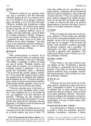 [A] Efod
(28,6-14)
2 Hicieron el efod de oro, púrpura violá-
cea, roja y escarlata y lino ﬁno reforzado.
3 Hicieron panes de oro, los cortaron en hi-
los y los bordaron en la púrpura violácea,
roja y escarlata, y en el lino ﬁno reforzado.
4 Hicieron también dos hombreras unidas
por los extremos. 5 El cinturón para sujetar
el efod arrancaba de él y era de la misma
labor: de oro, púrpura violácea, roja y es-
carlata y lino ﬁno reforzado, como el Señor
se lo había ordenado a Moisés. 6 Engarza-
ron las piedras de ónice en ﬁligrana de oro
y grabaron en ellas, como en un sello, los
nombres de las tribus israelitas. 7 Las apli-
caron a las hombreras del efod: piedras re-
cordatorio de los israelitas, como el Señor
se lo había ordenado a Moisés.
[B] Pectoral
(28,15-30)
8 Hizo artísticamente el pectoral, de la
misma labor que el efod: oro, púrpura violá-
cea, roja y escarlata y lino puro reforzado.
9 Era doble y cuadrado, un palmo de largo
por uno de ancho. 10 Estaba cubierto con
cuatro ﬁlas de piedras: en la primera ﬁla,
carnelita, topacio y azabache; 11 en la se-
gunda ﬁla, esmeralda, zaﬁro y diamante;
12 en la tercera ﬁla, jacinto, ágata y amatis-
ta; 13 en la cuarta ﬁla, topacio, ónice y jaspe.
Las guarniciones de pedrería iban engarza-
das en ﬁligrana de oro. 14 Pusieron doce pie-
dras, como el número de las tribus israelitas.
Cada piedra llevaba grabado, como un se-
llo, el nombre de una de las doce tribus.
15 Hicieron además para el pectoral ca-
denas de oro puro trenzadas como cordo-
nes; 16 dos engastes de oro y dos anillas de
oro, que sujetaron a los dos extremos del
pectoral. 17 Pasaron los dos cordones de
oro por las dos anillas del pectoral 18 y unie-
ron los dos cabos de los cordones a las dos
ﬁligranas, y los ﬁjaron en las hombreras del
efod por la parte delantera.
19 Hicieron otras dos anillas de oro y las
colocaron en los dos extremos del pectoral,
en el borde interior que toca el efod. 20 Y
otras dos anillas de oro, que ﬁjaron en la
parte interior y delantera de las hombreras
del efod, junto al empalme y más arriba del
cinturón del efod. 21 Con un cordón de púr-
pura violácea sujetaron las anillas del pec-
toral con las del efod, de modo que queda-
ra sobre el cinturón del efod y no pudiera
desprenderse el pectoral del efod, como el
Señor se lo había ordenado a Moisés.
[C] Manto
(28,31-35)
22 Hizo el manto del efod todo él de púr-
pura violácea. 23 Tenía arriba una abertura
en el centro, reforzada alrededor con un do-
bladillo, como el de los chalecos de cuero,
para que no se rasgara. 24 En el borde del
manto, todo alrededor, pusieron granadas
de púrpura violácea, roja y escarlata, 25 y
alternando con ellas, cascabeles de oro:
cascabel y granada todo alrededor. 26 Se
usaba para oﬁciar, como el Señor se lo ha-
bía ordenado a Moisés.
[D] Otros vestidos
(28,40-43)
27 Para Aarón y sus hijos hicieron túni-
cas tejidas en lino, 28 turbantes y birretas
con adornos, y pantalones de lino ﬁno re-
forzado. 29 Las fajas en lino ﬁno reforzado,
púrpura violácea, roja y escarlata, recama-
das artísticamente, como el Señor se lo ha-
bía ordenado a Moisés.
[E] Flor de oro
(28,36-38)
30 Hicieron de oro puro la ﬂor de la dia-
dema santa, y grabaron en ella, como en un
sello: Consagrado al Señor. 31 La sujetaron
al turbante por su parte superior, con un
cordón de púrpura violácea, como el Señor
se lo había ordenado a Moisés. 32 Así termi-
naron los trabajos del santuario y de la tien-
da del encuentro. Los israelitas los hicieron
ajustándose a lo que el Señor había orde-
nado a Moisés.
Presentación de la obra a Moisés
33 Le presentaron a Moisés el santuario,
la tienda y todos sus utensilios: ganchos,
tablones, travesaños, columnas y bases.
147 ÉXODO 39
39,33-43 Presentación de la obra a Moisés. Es ló-
gico que sea Moisés quien dé el visto bueno a la eje-
cución de todas las obras realizadas para construir el
Santuario. Una vez veriﬁcada la exactitud entre lo
mandado y lo ejecutado, Moisés bendice a los israeli-
tas.
 