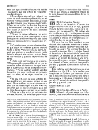 rada con agua quedará impura y la bebida
–cualquiera que sea el tipo de recipiente–
quedará impura.
35 Todo objeto sobre el que caiga el ca-
dáver de esos animales quedará impuro: el
hornillo y el fogón serán destruidos, porque
quedan impuros y por impuros los tendrán.
36 Sólo se exceptúan las fuentes, los pozos
y los estanques, que siguen puros. Pero el
que toque un cadáver de estos animales
quedará impuro.
37 Si uno de estos cadáveres cae sobre
grano de sembrar, éste queda puro; 38 pero
si el grano ha sido humedecido y cae sobre
él uno de estos cadáveres, ténganlo por im-
puro.
39 »Cuando muere un animal comestible,
el que toque su cadáver quedará impuro
hasta la tarde, 40 el que coma su carne, la-
vará sus vestidos y quedará impuro hasta
la tarde; el que transporte su cadáver, lava-
rá sus vestidos y quedará impuro hasta la
tarde.
41 »Todo reptil es inmundo y no se come.
42 Ningún reptil es comestible, ni los que se
arrastran sobre el vientre ni los que avan-
zan a cuatro patas ni los ciempiés: son in-
mundos. 43 No se vuelvan también ustedes
inmundos con esos reptiles ni se contami-
nen con ellos, ni se dejen manchar por
ellos.
44 Yo soy el Señor, su Dios, ustedes de-
ben puriﬁcarse y ser santos, porque yo soy
santo. No se vuelvan impuros con esos rep-
tiles, que se arrastran por el suelo. 45 Yo soy
el Señor que los saqué de Egipto para ser
su Dios: Sean santos, porque yo soy santo.
46 Ésta es la ley sobre los animales te-
rrestres, las aves, los animales que se mue-
ven en el agua y sobre todos los reptiles;
47 la ley que enseña a separar lo impuro de
lo puro, los animales comestibles de los no
comestibles.
Partos
1 El Señor habló a Moisés:
2 –Di a los israelitas: Cuando una
mujer conciba y dé a luz un hijo, quedará
impura durante siete días, como en la im-
pureza por menstruación. 3 El octavo día
circuncidarán al hijo, 4 y ella pasará treinta
y tres días puriﬁcando su sangre: no tocará
cosa santa ni entrará en el templo hasta ter-
minar los días de su puriﬁcación.
5 Si da a luz una hija, quedará impura
durante dos semanas, como en la mens-
truación, y pasará sesenta y seis días puri-
ﬁcando su sangre. 6 Al terminar los días de
su puriﬁcación –por hijo o por hija–, llevará
al sacerdote, a la entrada de la tienda del
encuentro, un cordero de un año en holo-
causto y un pichón de paloma o una tórto-
la en sacriﬁcio por el pecado. 7 El sacerdote
los ofrecerá al Señor, realizará la expiación
por ella y quedará puriﬁcada del ﬂujo de su
sangre.
Ésta es la ley sobre la mujer que da a luz
un hijo o una hija. 8 Si no tiene medios para
comprarse un cordero, que tome dos tórto-
las o dos pichones de paloma: uno para el
holocausto y el otro para el sacriﬁcio por el
pecado. El sacerdote realizará la expiación
por ella y quedará pura.
Enfermedades de la piel
(2 Re 5)
1 El Señor dijo a Moisés y a Aarón:
2 –Cuando alguno tenga una inﬂa-
mación, una erupción o una mancha en la
13
12
impuro que probablemente creó problemas de con-
ciencia a los primeros cristianos, en su mayoría prove-
nientes del judaísmo, lo encontramos en forma de
teología narrativa en Hch 10, donde se asume de-
ﬁnitivamente que no hay animales ni alimentos impu-
ros. En la nueva era imaginada por Jesús, ésta ya no es
la preocupación principal, porque Dios ha declarado
puro/bueno todo lo creado.
12,1-8 Partos. Tras el manual de animales puros e
impuros, comestibles y no, se trata el parto. Al igual
que la menstruación, acarrea la impureza ritual –no
moral– por la presencia de la sangre. El alumbra-
miento acarrea para la mujer una doble prescrip-
ción: en primer lugar, aislarse de la comunidad, del
culto, y abstenerse de tocar los objetos santos (4); el
aislamiento varía según el sexo de la criatura (2-4.5-
7). En segundo lugar, se ordena su purificación me-
diante el sacrificio de un cordero para el holocausto
y un pichón o una paloma para el sacrificio expiato-
rio (6). El versículo 8 nos resulta familiar, ya que dos
tórtolas o pichones fue lo que María pudo ofrecer
como purificación por el nacimiento de Jesús (cfr. Lc
2,22-24), una concesión para las mujeres más po-
bres.
13,1-46 Enfermedades de la piel. En línea con la
función sacerdotal de separar lo sagrado de lo profa-
no, lo puro de lo impuro (10,10), se presenta aquí una
complicada casuística sobre las posibilidades de im-
LEVÍTICO 11 166
 