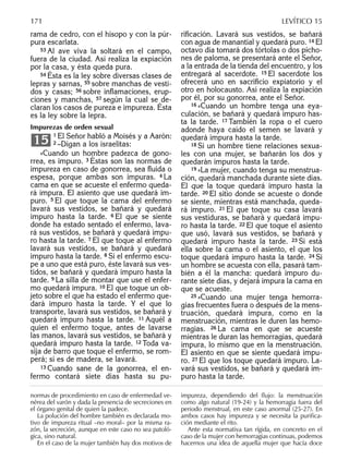 rama de cedro, con el hisopo y con la púr-
pura escarlata.
53 Al ave viva la soltará en el campo,
fuera de la ciudad. Así realiza la expiación
por la casa, y ésta queda pura.
54 Ésta es la ley sobre diversas clases de
lepras y sarnas, 55 sobre manchas de vesti-
dos y casas; 56 sobre inﬂamaciones, erup-
ciones y manchas, 57 según la cual se de-
claran los casos de pureza e impureza. Ésta
es la ley sobre la lepra.
Impurezas de orden sexual
1 El Señor habló a Moisés y a Aarón:
2 –Digan a los israelitas:
»Cuando un hombre padezca de gono-
rrea, es impuro. 3 Éstas son las normas de
impureza en caso de gonorrea, sea ﬂuida o
espesa, porque ambas son impuras. 4 La
cama en que se acueste el enfermo queda-
rá impura. El asiento que use quedará im-
puro. 5 El que toque la cama del enfermo
lavará sus vestidos, se bañará y quedará
impuro hasta la tarde. 6 El que se siente
donde ha estado sentado el enfermo, lava-
rá sus vestidos, se bañará y quedará impu-
ro hasta la tarde. 7 El que toque al enfermo
lavará sus vestidos, se bañará y quedará
impuro hasta la tarde. 8 Si el enfermo escu-
pe a uno que está puro, éste lavará sus ves-
tidos, se bañará y quedará impuro hasta la
tarde. 9 La silla de montar que use el enfer-
mo quedará impura. 10 El que toque un ob-
jeto sobre el que ha estado el enfermo que-
dará impuro hasta la tarde. Y el que lo
transporte, lavará sus vestidos, se bañará y
quedará impuro hasta la tarde. 11 Aquél a
quien el enfermo toque, antes de lavarse
las manos, lavará sus vestidos, se bañará y
quedará impuro hasta la tarde. 12 Toda va-
sija de barro que toque el enfermo, se rom-
perá; si es de madera, se lavará.
13 Cuando sane de la gonorrea, el en-
fermo contará siete días hasta su pu-
15
riﬁcación. Lavará sus vestidos, se bañará
con agua de manantial y quedará puro. 14 El
octavo día tomará dos tórtolas o dos picho-
nes de paloma, se presentará ante el Señor,
a la entrada de la tienda del encuentro, y los
entregará al sacerdote. 15 El sacerdote los
ofrecerá uno en sacriﬁcio expiatorio y el
otro en holocausto. Así realiza la expiación
por él, por su gonorrea, ante el Señor.
16 »Cuando un hombre tenga una eya-
culación, se bañará y quedará impuro has-
ta la tarde. 17 También la ropa o el cuero
adonde haya caído el semen se lavará y
quedará impura hasta la tarde.
18 Si un hombre tiene relaciones sexua-
les con una mujer, se bañarán los dos y
quedarán impuros hasta la tarde.
19 »La mujer, cuando tenga su menstrua-
ción, quedará manchada durante siete días.
El que la toque quedará impuro hasta la
tarde. 20 El sitio donde se acueste o donde
se siente, mientras está manchada, queda-
rá impuro. 21 El que toque su casa lavará
sus vestiduras, se bañará y quedará impu-
ro hasta la tarde. 22 El que toque el asiento
que usó, lavará sus vestidos, se bañará y
quedará impuro hasta la tarde. 23 Si está
ella sobre la cama o el asiento, el que los
toque quedará impuro hasta la tarde. 24 Si
un hombre se acuesta con ella, pasará tam-
bién a él la mancha: quedará impuro du-
rante siete días, y dejará impura la cama en
que se acueste.
25 »Cuando una mujer tenga hemorra-
gias frecuentes fuera o después de la mens-
truación, quedará impura, como en la
menstruación, mientras le duren las hemo-
rragias. 26 La cama en que se acueste
mientras le duran las hemorragias, quedará
impura, lo mismo que en la menstruación.
El asiento en que se siente quedará impu-
ro. 27 El que los toque quedará impuro. La-
vará sus vestidos, se bañará y quedará im-
puro hasta la tarde.
normas de procedimiento en caso de enfermedad ve-
nérea del varón y dada la presencia de secreciones en
el órgano genital de quien la padece.
La polución del hombre también es declarada mo-
tivo de impureza ritual –no moral– por la misma ra-
zón, la secreción, aunque en este caso no sea patoló-
gica, sino natural.
En el caso de la mujer también hay dos motivos de
impureza, dependiendo del ﬂujo: la menstruación
como algo natural (19-24) y la hemorragia fuera del
periodo menstrual, en este caso anormal (25-27). En
ambos casos hay impureza y se necesita la puriﬁca-
ción mediante el rito.
Ante esta normativa tan rígida, en concreto en el
caso de la mujer con hemorragias continuas, podemos
hacernos una idea de aquella mujer que hacía doce
171 LEVÍTICO 15
 