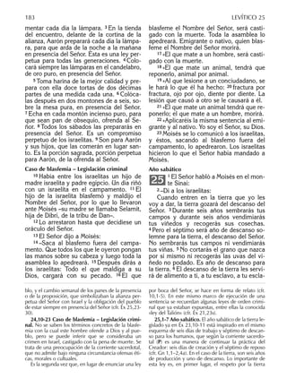 mentar cada día la lámpara. 3 En la tienda
del encuentro, delante de la cortina de la
alianza, Aarón preparará cada día la lámpa-
ra, para que arda de la noche a la mañana
en presencia del Señor. Ésta es una ley per-
petua para todas las generaciones. 4 Colo-
cará siempre las lámparas en el candelabro,
de oro puro, en presencia del Señor.
5 Toma harina de la mejor calidad y pre-
para con ella doce tortas de dos décimas
partes de una medida cada una. 6 Colóca-
las después en dos montones de a seis, so-
bre la mesa pura, en presencia del Señor.
7 Echa en cada montón incienso puro, para
que sean pan de obsequio, ofrenda al Se-
ñor. 8 Todos los sábados las prepararás en
presencia del Señor. Es un compromiso
perpetuo de los israelitas. 9 Son para Aarón
y sus hijos, que las comerán en lugar san-
to. Es la porción sagrada, porción perpetua
para Aarón, de la ofrenda al Señor.
Caso de blasfemia – Legislación criminal
10 Había entre los israelitas un hijo de
madre israelita y padre egipcio. Un día riñó
con un israelita en el campamento. 11 El
hijo de la israelita blasfemó y maldijo el
Nombre del Señor, por lo que lo llevaron
ante Moisés –su madre se llamaba Selamit,
hija de Dibrí, de la tribu de Dan–.
12 Lo arrestaron hasta que decidiese un
oráculo del Señor.
13 El Señor dijo a Moisés:
14 –Saca al blasfemo fuera del campa-
mento. Que todos los que le oyeron pongan
las manos sobre su cabeza y luego toda la
asamblea lo apedreará. 15 Después dirás a
los israelitas: Todo el que maldiga a su
Dios, cargará con su pecado. 16 El que
blasfeme el Nombre del Señor, será casti-
gado con la muerte. Toda la asamblea lo
apedreará. Emigrante o nativo, quien blas-
feme el Nombre del Señor morirá.
17 »El que mate a un hombre, será casti-
gado con la muerte.
18 »El que mate un animal, tendrá que
reponerlo, animal por animal.
19 »Al que lesione a un conciudadano, se
le hará lo que él ha hecho: 20 fractura por
fractura, ojo por ojo, diente por diente. La
lesión que causó a otro se le causará a él.
21 »El que mate un animal tendrá que re-
ponerlo; el que mate a un hombre, morirá.
22 »Aplicaréis la misma sentencia al emi-
grante y al nativo. Yo soy el Señor, su Dios.
23 Moisés se lo comunicó a los israelitas,
y éstos, sacando al blasfemo fuera del
campamento, lo apedrearon. Los israelitas
hicieron lo que el Señor había mandado a
Moisés.
Año sabático
1 El Señor habló a Moisés en el mon-
te Sinaí:
2 –Di a los israelitas:
Cuando entren en la tierra que yo les
voy a dar, la tierra gozará del descanso del
Señor. 3 Durante seis años sembrarás tus
campos y durante seis años vendimiarás
tus viñedos y recogerás sus cosechas.
4 Pero el séptimo será año de descanso so-
lemne para la tierra, el descanso del Señor.
No sembrarás tus campos ni vendimiarás
tus viñas. 5 No cortarás el grano que nazca
por sí mismo ni recogerás las uvas del vi-
ñedo no podado. Es año de descanso para
la tierra. 6 El descanso de la tierra les servi-
rá de alimento a ti, a tu esclavo, a tu escla-
25
blo, y el cambio semanal de los panes de la presencia
o de la proposición, que simbolizaban la alianza per-
petua del Señor con Israel y la obligación del pueblo
de estar siempre en presencia del Señor (cfr. Éx 25,23-
30).
24,10-23 Caso de blasfemia – Legislación crimi-
nal. No se saben los términos concretos de la blasfe-
mia con la cual este hombre ofende a Dios y al pue-
blo, pero se puede inferir que se consideraba un
crimen en Israel, castigado con la pena de muerte. Se
trata de una preocupación de la corriente sacerdotal,
que no admite bajo ninguna circunstancia ofensas éti-
cas, morales o cultuales.
Es la segunda vez que, en lugar de enunciar una ley
por boca del Señor, se hace en forma de relato (cfr.
10,1-5). En este mismo marco de ejecución de una
sentencia se recuerdan algunas leyes de orden crimi-
nal que ya estaban expuestas, entre ellas la conocida
«ley del Talión» (cfr. Éx 21,23s).
25,1-7 Año sabático. El año sabático de la tierra le-
gislado ya en Éx 23,10-11 está inspirado en el mismo
esquema de seis días de trabajo y séptimo de descan-
so para los humanos, que según la corriente sacerdo-
tal (P) es una manera de continuar la práctica del
Creador: seis días de creación y el séptimo de reposo
(cfr. Gn 1,1–2,4a). En el caso de la tierra, son seis años
de producción y uno de descanso. Lo importante de
esta ley es, en primer lugar, el respeto por la tierra
183 LEVÍTICO 25
 