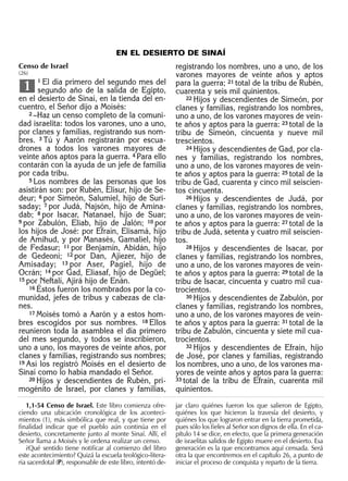 EN EL DESIERTO DE SINAÍ
registrando los nombres, uno a uno, de los
varones mayores de veinte años y aptos
para la guerra; 21 total de la tribu de Rubén,
cuarenta y seis mil quinientos.
22 Hijos y descendientes de Simeón, por
clanes y familias, registrando los nombres,
uno a uno, de los varones mayores de vein-
te años y aptos para la guerra: 23 total de la
tribu de Simeón, cincuenta y nueve mil
trescientos.
24 Hijos y descendientes de Gad, por cla-
nes y familias, registrando los nombres,
uno a uno, de los varones mayores de vein-
te años y aptos para la guerra: 25 total de la
tribu de Gad, cuarenta y cinco mil seiscien-
tos cincuenta.
26 Hijos y descendientes de Judá, por
clanes y familias, registrando los nombres,
uno a uno, de los varones mayores de vein-
te años y aptos para la guerra: 27 total de la
tribu de Judá, setenta y cuatro mil seiscien-
tos.
28 Hijos y descendientes de Isacar, por
clanes y familias, registrando los nombres,
uno a uno, de los varones mayores de vein-
te años y aptos para la guerra: 29 total de la
tribu de Isacar, cincuenta y cuatro mil cua-
trocientos.
30 Hijos y descendientes de Zabulón, por
clanes y familias, registrando los nombres,
uno a uno, de los varones mayores de vein-
te años y aptos para la guerra: 31 total de la
tribu de Zabulón, cincuenta y siete mil cua-
trocientos.
32 Hijos y descendientes de Efraín, hijo
de José, por clanes y familias, registrando
los nombres, uno a uno, de los varones ma-
yores de veinte años y aptos para la guerra:
33 total de la tribu de Efraín, cuarenta mil
quinientos.
1,1-54 Censo de Israel. Este libro comienza ofre-
ciendo una ubicación cronológica de los aconteci-
mientos (1), más simbólica que real, y que tiene por
ﬁnalidad indicar que el pueblo aún continúa en el
desierto, concretamente junto al monte Sinaí. Allí, el
Señor llama a Moisés y le ordena realizar un censo.
¿Qué sentido tiene notiﬁcar al comienzo del libro
este acontecimiento? Quizá la escuela teológico-litera-
ria sacerdotal (P), responsable de este libro, intentó de-
jar claro quiénes fueron los que salieron de Egipto,
quiénes los que hicieron la travesía del desierto, y
quiénes los que lograron entrar en la tierra prometida,
pues sólo los ﬁeles al Señor son dignos de ella. En el ca-
pítulo 14 se dice, en efecto, que la primera generación
de israelitas salidos de Egipto muere en el desierto. Esa
generación es la que encontramos aquí censada. Será
otra la que encontremos en el capítulo 26, a punto de
iniciar el proceso de conquista y reparto de la tierra.
Censo de Israel
(26)
1 El día primero del segundo mes del
segundo año de la salida de Egipto,
en el desierto de Sinaí, en la tienda del en-
cuentro, el Señor dijo a Moisés:
2 –Haz un censo completo de la comuni-
dad israelita: todos los varones, uno a uno,
por clanes y familias, registrando sus nom-
bres. 3 Tú y Aarón registrarán por escua-
drones a todos los varones mayores de
veinte años aptos para la guerra. 4 Para ello
contarán con la ayuda de un jefe de familia
por cada tribu.
5 Los nombres de las personas que los
asistirán son: por Rubén, Elisur, hijo de Se-
deur; 6 por Simeón, Salumiel, hijo de Suri-
saday; 7 por Judá, Najsón, hijo de Amina-
dab; 8 por Isacar, Natanael, hijo de Suar;
9 por Zabulón, Eliab, hijo de Jalón; 10 por
los hijos de José: por Efraín, Elisamá, hijo
de Amihud, y por Manasés, Gamaliel, hijo
de Fedasur; 11 por Benjamín, Abidán, hijo
de Gedeoní; 12 por Dan, Ajiezer, hijo de
Amisaday; 13 por Aser, Pagiel, hijo de
Ocrán; 14 por Gad, Eliasaf, hijo de Degüel;
15 por Neftalí, Ajirá hijo de Enán.
16 Éstos fueron los nombrados por la co-
munidad, jefes de tribus y cabezas de cla-
nes.
17 Moisés tomó a Aarón y a estos hom-
bres escogidos por sus nombres. 18 Ellos
reunieron toda la asamblea el día primero
del mes segundo, y todos se inscribieron,
uno a uno, los mayores de veinte años, por
clanes y familias, registrando sus nombres;
19 Así los registró Moisés en el desierto de
Sinaí como lo había mandado el Señor.
20 Hijos y descendientes de Rubén, pri-
mogénito de Israel, por clanes y familias,
1
 