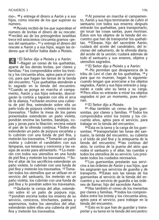 mo–, 48 y entrega el dinero a Aarón y a sus
hijos, como rescate de los que superan su
número.
49 Moisés recibió de los que superaban el
número de levitas el dinero de su rescate;
50 recibió así de los primogénitos israelitas
trece mil seiscientos cincuenta gramos –pe-
sos del santuario–, 51 y entregó el dinero del
rescate a Aarón y a sus hijos, según las ór-
denes que el Señor había dado a Moisés.
1 El Señor dijo a Moisés y a Aarón:
2 –Hagan un censo de los quehatitas,
aparte de los demás levitas, por clanes y
familias; 3 los comprendidos entre los trein-
ta y los cincuenta años, aptos para el servi-
cio, para que hagan las tareas de la tienda
del encuentro. 4 Los quehatitas atenderán a
lo sagrado en la tienda del encuentro.
5 Cuando se ponga en marcha el campa-
mento, Aarón y sus hijos entrarán, descol-
garán la cortina y taparán con ella el arca
de la alianza, 6 echarán encima una cubier-
ta de piel ﬁna, extenderán sobre ella un
paño todo de púrpura violeta y meterán los
travesaños. 7 Sobre la mesa de los panes
presentados extenderán un paño violeta,
pondrán encima las fuentes, bandejas, co-
pas y jarras para la libación; encima estará
el pan de la ofrenda continua. 8 Sobre ello
extenderán un paño de púrpura escarlata y
lo cubrirán con una funda de piel ﬁna, y
meterán los travesaños. 9 Tomarán un paño
violeta y cubrirán el candelabro con sus
lámparas, sus tenazas y ceniceros y las va-
sijas de aceite para alimentarlo. 10 Lo mete-
rán con todos sus utensilios en una funda
de piel ﬁna y meterán los travesaños. 11 So-
bre el altar de los sacriﬁcios extenderán un
paño violeta, lo cubrirán con una funda de
piel ﬁna y meterán los travesaños. 12 Toma-
rán todos los utensilios que se utilizan en el
servicio del santuario, los meterán en un
paño violeta, los cubrirán con una funda de
piel ﬁna y lo pondrán sobre los travesaños.
13 Quitarán la ceniza del altar, extende-
rán sobre él un paño de púrpura roja,
14 pondrán encima todos los enseres de su
servicio, ceniceros, trinchantes, paletas y
aspersorios, todos los utensilios del altar,
extenderán sobre ellos una cubierta de piel
ﬁna y meterán los travesaños.
4
15 Al ponerse en marcha el campamen-
to, Aarón y sus hijos terminarán de cubrir el
santuario con todos sus enseres; después
entrarán los quehatitas, para transportarlo,
sin tocar las cosas santas, pues morirían.
Éstos son los objetos de la tienda del en-
cuentro que han de transportar los quehati-
tas. 16 Eleazar, hijo del sacerdote Aarón,
cuidará del aceite del candelabro, del in-
cienso del sahumerio, de la ofrenda diaria,
del aceite de la unción; cuidará además de
todo el santuario y sus enseres, objetos y
utensilios sagrados.
17 El Señor dijo a Moisés y a Aarón:
18 –No permitan que desaparezca de la
tribu de Leví el clan de los quehatitas, 19 y
para que no mueran, hagan lo siguiente:
cuando tengan que acercarse a los objetos
sagrados, Aarón y sus hijos entrarán y asig-
narán a cada uno su tarea y su carga.
20 Pero ellos no entrarán a mirar los objetos
sagrados ni por un momento, pues mori-
rían.
21 El Señor dijo a Moisés:
22 –Haz también un censo de los guer-
sonitas, por clanes y familias. 23 Todos los
comprendidos entre los treinta y los cin-
cuenta años, aptos para el servicio, para
trabajar en la tienda del encuentro.
24 Ésta es la tarea y la carga de los guer-
sonitas: 25 transportarán las lonas del san-
tuario, la tienda del encuentro, su cubierta
y el toldo de piel ﬁna y la antepuerta de la
tienda del encuentro; 26 las cortinas del
atrio, la cortina de la puerta del atrio que
rodea el santuario y el altar, las cuerdas y
todos los utensilios de su servicio. Les pres-
tarán todos los cuidados necesarios.
27 Los guersonitas prestarán sus servi-
cios a las órdenes de Aarón y sus hijos, que
les asignarán sus servicios de guardia y de
transporte. 28 Éstas son las tareas de los
guersonitas al servicio de la tienda del en-
cuentro y su servicio de guardia a las órde-
nes de Itamar, hijo del sacerdote Aarón.
29 Haz también el censo de los meraritas
por clanes y familias, 30 todos los compren-
didos entre los treinta y los cincuenta años,
aptos para el servicio, para trabajar en la
tienda del encuentro.
31 Esto es lo que han de guardar y trans-
portar y su tarea en la tienda del encuentro:
NÚMEROS 3 196
 