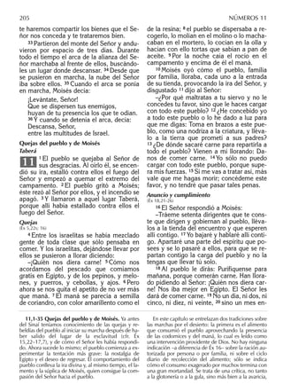 te haremos compartir los bienes que el Se-
ñor nos conceda y te trataremos bien.
33 Partieron del monte del Señor y andu-
vieron por espacio de tres días. Durante
todo el tiempo el arca de la alianza del Se-
ñor marchaba al frente de ellos, buscándo-
les un lugar donde descansar. 34 Desde que
se pusieron en marcha, la nube del Señor
iba sobre ellos. 35 Cuando el arca se ponía
en marcha, Moisés decía:
¡Levántate, Señor!
Que se dispersen tus enemigos,
huyan de tu presencia los que te odian.
36 Y cuando se detenía el arca, decía:
Descansa, Señor,
entre las multitudes de Israel.
Quejas del pueblo y de Moisés
Taberá
1 El pueblo se quejaba al Señor de
sus desgracias. Al oírlo él, se encen-
dió su ira, estalló contra ellos el fuego del
Señor y empezó a quemar el extremo del
campamento. 2 El pueblo gritó a Moisés;
éste rezó al Señor por ellos, y el incendio se
apagó. 3 Y llamaron a aquel lugar Taberá,
porque allí había estallado contra ellos el
fuego del Señor.
Quejas
(Éx 5,22s; 16)
4 Entre los israelitas se había mezclado
gente de toda clase que sólo pensaba en
comer. Y los israelitas, dejándose llevar por
ellos se pusieron a llorar diciendo:
–¡Quién nos diera carne! 5 Cómo nos
acordamos del pescado que comíamos
gratis en Egipto, y de los pepinos, y melo-
nes, y puerros, y cebollas, y ajos. 6 Pero
ahora se nos quita el apetito de no ver más
que maná. 7 El maná se parecía a semilla
de coriandro, con color amarillento como el
11
de la resina; 8 el pueblo se dispersaba a re-
cogerlo, lo molían en el molino o lo macha-
caban en el mortero, lo cocían en la olla y
hacían con ello tortas que sabían a pan de
aceite. 9 Por la noche caía el rocío en el
campamento y encima de él el maná.
10 Moisés oyó cómo el pueblo, familia
por familia, lloraba, cada uno a la entrada
de su tienda, provocando la ira del Señor, y
disgustado 11 dijo al Señor:
–¿Por qué maltratas a tu siervo y no le
concedes tu favor, sino que le haces cargar
con todo este pueblo? 12 ¿He concebido yo
a todo este pueblo o lo he dado a luz para
que me digas: Toma en brazos a este pue-
blo, como una nodriza a la criatura, y lléva-
lo a la tierra que prometí a sus padres?
13 ¿De dónde sacaré carne para repartirla a
todo el pueblo? Vienen a mí llorando: Da-
nos de comer carne. 14 Yo sólo no puedo
cargar con todo este pueblo, porque supe-
ra mis fuerzas. 15 Si me vas a tratar así, más
vale que me hagas morir; concédeme este
favor, y no tendré que pasar tales penas.
Anuncio y cumplimiento
(Éx 18,21-26)
16 El Señor respondió a Moisés:
–Tráeme setenta dirigentes que te cons-
te que dirigen y gobiernan al pueblo, lléva-
los a la tienda del encuentro y que esperen
allí contigo. 17 Yo bajaré y hablaré allí conti-
go. Apartaré una parte del espíritu que po-
sees y se lo pasaré a ellos, para que se re-
partan contigo la carga del pueblo y no la
tengas que llevar tú solo.
18 Al pueblo le dirás: Purifíquense para
mañana, porque comerán carne. Han llora-
do pidiendo al Señor: ¡Quién nos diera car-
ne! Nos iba mejor en Egipto. El Señor les
dará de comer carne. 19 No un día, ni dos, ni
cinco, ni diez, ni veinte, 20 sino un mes en-
11,1-35 Quejas del pueblo y de Moisés. Ya antes
del Sinaí teníamos conocimiento de las quejas y re-
beldías del pueblo al iniciar su marcha después de ha-
ber salido del lugar de la esclavitud (cfr. Éx
15,22–17,7), y de cómo el Señor les había respondi-
do. Ahora sucede lo mismo; el pueblo comienza a ex-
perimentar la tentación más grave: la nostalgia de
Egipto y el deseo de regresar. El comportamiento del
pueblo conlleva la ira divina y, al mismo tiempo, el la-
mento y la súplica de Moisés, quien consigue la com-
pasión del Señor hacia el pueblo.
En este capítulo se entrelazan dos tradiciones sobre
las marchas por el desierto: la primera es el alimento
que consumió el pueblo aprovechando la presencia
de las codornices y del maná, lo cual es leído como
una intervención providente de Dios. No hay ninguna
indicación –a diferencia de Éx 16– sobre la ración au-
torizada por persona o por familia, ni sobre el ciclo
diario de recolección del alimento; sólo se indica
cómo el consumo exagerado por muchos termina con
una gran mortandad. Se trata de una crítica, no tanto
a la glotonería o a la gula, sino más bien a la avaricia,
205 NÚMEROS 11
 