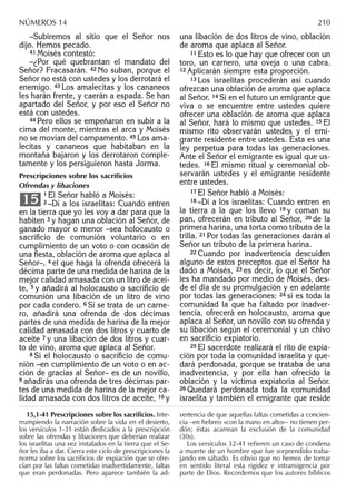 –Subiremos al sitio que el Señor nos
dijo. Hemos pecado.
41 Moisés contestó:
–¿Por qué quebrantan el mandato del
Señor? Fracasarán. 42 No suban, porque el
Señor no está con ustedes y los derrotará el
enemigo. 43 Los amalecitas y los cananeos
les harán frente, y caerán a espada. Se han
apartado del Señor, y por eso el Señor no
está con ustedes.
44 Pero ellos se empeñaron en subir a la
cima del monte, mientras el arca y Moisés
no se movían del campamento. 45 Los ama-
lecitas y cananeos que habitaban en la
montaña bajaron y los derrotaron comple-
tamente y los persiguieron hasta Jorma.
Prescripciones sobre los sacriﬁcios
Ofrendas y libaciones
1 El Señor habló a Moisés:
2 –Di a los israelitas: Cuando entren
en la tierra que yo les voy a dar para que la
habiten 3 y hagan una oblación al Señor, de
ganado mayor o menor –sea holocausto o
sacriﬁcio de comunión voluntario o en
cumplimiento de un voto o con ocasión de
una ﬁesta, oblación de aroma que aplaca al
Señor–, 4 el que haga la ofrenda ofrecerá la
décima parte de una medida de harina de la
mejor calidad amasada con un litro de acei-
te, 5 y añadirá al holocausto o sacriﬁcio de
comunión una libación de un litro de vino
por cada cordero. 6 Si se trata de un carne-
ro, añadirá una ofrenda de dos décimas
partes de una medida de harina de la mejor
calidad amasada con dos litros y cuarto de
aceite 7 y una libación de dos litros y cuar-
to de vino, aroma que aplaca al Señor.
8 Si el holocausto o sacriﬁcio de comu-
nión –en cumplimiento de un voto o en ac-
ción de gracias al Señor– es de un novillo,
9 añadirás una ofrenda de tres décimas par-
tes de una medida de harina de la mejor ca-
lidad amasada con dos litros de aceite, 10 y
15
una libación de dos litros de vino, oblación
de aroma que aplaca al Señor.
11 Esto es lo que hay que ofrecer con un
toro, un carnero, una oveja o una cabra.
12 Aplicarán siempre esta proporción.
13 Los israelitas procederán así cuando
ofrezcan una oblación de aroma que aplaca
al Señor. 14 Si en el futuro un emigrante que
viva o se encuentre entre ustedes quiere
ofrecer una oblación de aroma que aplaca
al Señor, hará lo mismo que ustedes. 15 El
mismo rito observarán ustedes y el emi-
grante residente entre ustedes. Ésta es una
ley perpetua para todas las generaciones.
Ante el Señor el emigrante es igual que us-
tedes. 16 El mismo ritual y ceremonial ob-
servarán ustedes y el emigrante residente
entre ustedes.
17 El Señor habló a Moisés:
18 –Di a los israelitas: Cuando entren en
la tierra a la que los llevo 19 y coman su
pan, ofrecerán en tributo al Señor, 20 de la
primera harina, una torta como tributo de la
trilla. 21 Por todas las generaciones darán al
Señor un tributo de la primera harina.
22 Cuando por inadvertencia descuiden
alguno de estos preceptos que el Señor ha
dado a Moisés, 23 es decir, lo que el Señor
les ha mandado por medio de Moisés, des-
de el día de su promulgación y en adelante
por todas las generaciones: 24 si es toda la
comunidad la que ha faltado por inadver-
tencia, ofrecerá en holocausto, aroma que
aplaca al Señor, un novillo con su ofrenda y
su libación según el ceremonial y un chivo
en sacriﬁcio expiatorio.
25 El sacerdote realizará el rito de expia-
ción por toda la comunidad israelita y que-
dará perdonada, porque se trataba de una
inadvertencia, y por ella han ofrecido la
oblación y la víctima expiatoria al Señor.
26 Quedará perdonada toda la comunidad
israelita y también el emigrante que reside
15,1-41 Prescripciones sobre los sacriﬁcios. Inte-
rrumpiendo la narración sobre la vida en el desierto,
los versículos 1-31 están dedicados a la prescripción
sobre las ofrendas y libaciones que deberían realizar
los israelitas una vez instalados en la tierra que el Se-
ñor les iba a dar. Cierra este ciclo de prescripciones la
norma sobre los sacriﬁcios de expiación que se ofre-
cían por las faltas cometidas inadvertidamente, faltas
que eran perdonadas. Pero aparece también la ad-
vertencia de que aquellas faltas cometidas a concien-
cia –en hebreo «con la mano en alto»– no tienen per-
dón; éstas acarrean la exclusión de la comunidad
(30s).
Los versículos 32-41 refieren un caso de condena
a muerte de un hombre que fue sorprendido traba-
jando en sábado. Es obvio que no hemos de tomar
en sentido literal esta rigidez e intransigencia por
parte de Dios. Recordemos que los autores bíblicos
NÚMEROS 14 210
 