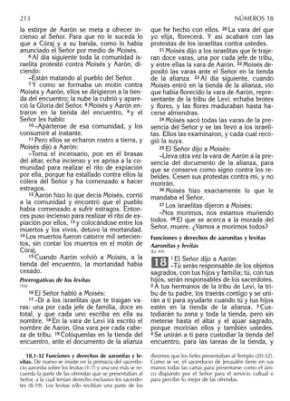 la estirpe de Aarón se meta a ofrecer in-
cienso al Señor. Para que no le suceda lo
que a Córaj y a su banda, como lo había
anunciado el Señor por medio de Moisés.
6 Al día siguiente toda la comunidad is-
raelita protestó contra Moisés y Aarón, di-
ciendo:
–Están matando al pueblo del Señor.
7 Y como se formaba un motín contra
Moisés y Aarón, ellos se dirigieron a la tien-
da del encuentro; la nube la cubrió y apare-
ció la Gloria del Señor. 8 Moisés y Aarón en-
traron en la tienda del encuentro, 9 y el
Señor les habló:
10 –Apártense de esa comunidad, y los
consumiré al instante.
11 Pero ellos se echaron rostro a tierra, y
Moisés dijo a Aarón:
–Toma el incensario, pon en él brasas
del altar, echa incienso y ve aprisa a la co-
munidad para realizar el rito de expiación
por ella, porque ha estallado contra ellos la
cólera del Señor y ha comenzado a hacer
estragos.
12 Aarón hizo lo que decía Moisés, corrió
a la comunidad y encontró que el pueblo
había comenzado a sufrir estragos. Enton-
ces puso incienso para realizar el rito de ex-
piación por ellos, 13 y colocándose entre los
muertos y los vivos, detuvo la mortandad.
14 Los muertos fueron catorce mil setecien-
tos, sin contar los muertos en el motín de
Córaj.
15 Cuando Aarón volvió a Moisés, a la
tienda del encuentro, la mortandad había
cesado.
Prerrogativas de los levitas
(16)
16 El Señor habló a Moisés:
17 –Di a los israelitas que te traigan va-
ras: una por cada jefe de familia, doce en
total, y que cada uno escriba en ella su
nombre. 18 En la vara de Leví irá escrito el
nombre de Aarón. Una vara por cada cabe-
za de tribu. 19 Colóquenlas en la tienda del
encuentro, ante el documento de la alianza
que he hecho con ellos. 20 La vara del que
yo elija, ﬂorecerá. Y así acabaré con las
protestas de los israelitas contra ustedes.
21 Moisés dijo a los israelitas que le traje-
ran doce varas, una por cada jefe de tribu,
y entre ellas la vara de Aarón. 22 Moisés de-
positó las varas ante el Señor en la tienda
de la alianza. 23 Al día siguiente, cuando
Moisés entró en la tienda de la alianza, vio
que había ﬂorecido la vara de Aarón, repre-
sentante de la tribu de Leví: echaba brotes
y ﬂores, y las ﬂores maduraban hasta ha-
cerse almendras.
24 Moisés sacó todas las varas de la pre-
sencia del Señor y se las llevó a los israeli-
tas. Ellos las examinaron, y cada cual reco-
gió la suya.
25 El Señor dijo a Moisés:
–Lleva otra vez la vara de Aarón a la pre-
sencia del documento de la alianza, para
que se conserve como signo contra los re-
beldes. Cesen sus protestas contra mí, y no
morirán.
26 Moisés hizo exactamente lo que le
mandaba el Señor.
27 Los israelitas dijeron a Moisés:
–Nos morimos, nos estamos muriendo
todos. 28 El que se acerca a la morada del
Señor, muere. ¿Vamos a morirnos todos?
Funciones y derechos de aaronitas y levitas
Aaronitas y levitas
(Ez 44)
1 El Señor dijo a Aarón:
–Tú serás responsable de los objetos
sagrados, con tus hijos y familia; tú, con tus
hijos, serán responsables de los sacerdotes.
2 A tus hermanos de la tribu de Leví, la tri-
bu de tu padre, los traerás contigo y se uni-
rán a ti para ayudarte cuando tú y tus hijos
estén en la tienda de la alianza. 3 Cus-
todiarán tu zona y toda la tienda, pero sin
meterse hasta el altar y el ajuar sagrado,
porque morirían ellos y también ustedes.
4 Se unirán a ti para custodiar la tienda del
encuentro, para las tareas de la tienda, y
18
18,1-32 Funciones y derechos de aaronitas y le-
vitas. De nuevo se insiste en la primacía del sacerdo-
cio aaronita sobre los levitas (1-7) y una vez más se re-
cuerda la parte de las ofrendas que se presentaban al
Señor, a la cual tenían derecho exclusivo los sacerdo-
tes (8-19). Los levitas sólo recibían una parte de los
diezmos que los ﬁeles presentaban al Templo (20-32).
Como se ve, el sacerdocio de Jerusalén tiene en sus
manos todas las cartas para presentarse como el úni-
co dispuesto por el Señor para el servicio cultual o
para percibir lo mejor de las ofrendas.
213 NÚMEROS 18
 