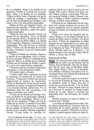 de los asbelitas, Ajirán y la familia de los
ajiranitas, 39 Sufán y la familia de los sufa-
nitas, Jufán y la familia de los jufanitas.
40 Hijos de Bela: Arad y Naamán con las fa-
milias de araditas y naamanitas. 41 Éstos
son los hijos de Benjamín por familias: cua-
renta y cinco mil seiscientos registrados.
42 Hijos de Dan por familias: Suján y la
familia de los sujanitas. 43 Éstas son las fa-
milias de Dan: sesenta y cuatro mil cuatro-
cientos registrados.
44 Hijos de Aser por familias: Yimná y la
familia de los yimnaítas, Yisví y la familia
de los yisvitas, Beriá y la familia de los be-
riaítas. 45 Hijos de Beriá: Héber y la familia
de los heberitas, Malquiel y la familia de los
malquielitas. 46 La hija de Aser se llamaba
Séraj. 47 Éstas son las familias de los hijos
de Aser: cincuenta y tres mil cuatrocientos
registrados.
48 Hijos de Neftalí por familias: Yajseel y
la familia de los yajseelitas, Guní y la fami-
lia de los gunitas. 49 Yéser y la familia de los
yeseritas, Silén y la familia de los silenitas.
50 Éstas son las familias de Neftalí: cuaren-
ta y cinco mil cuatrocientos registrados.
51 Número total de israelitas registrados:
seiscientos un mil setecientos treinta.
52 El Señor habló a Moisés:
53 –Entre todos éstos repartirás la tierra
en herencia, en proporción al número de
hombres. 54 Cada uno recibirá una herencia
proporcional al número de registrados.
55 Pero la distribución de las tierras se hará
mediante un sorteo: se asignará la herencia
a las diversas familias patriarcales, 56 y se
distribuirá entre los más numerosos y los
menos numerosos por sorteo.
57 Censo de los levitas por familias: Ger-
són y la familia de los gersonitas, Quehat y
la familia de los quehatitas, Merarí y la fa-
milia de los meraritas. 58 Éstas son las fa-
milias de los levitas: la familia de los libni-
tas, la familia de los hebronitas, la familia
de los majlitas, la familia de los musitas, la
familia de los corajitas. Quehat engendró a
Amrán, 59 cuya mujer se llamaba Yo-
québed, hija de Leví, que le nació a Leví en
Egipto. Ella le dio a Amrán tres hijos: Aa-
rón, Moisés y María, su hermana. 60 De Aa-
rón nacieron Nadab y Abihú, Eleazar e Ita-
mar. 61 Nadab y Abihú murieron mientras
ofrecían al Señor fuego profano.
62 El total de los registrados fue de vein-
titrés mil varones mayores de un mes. No
fueron registrados con los demás israelitas
porque no habían de repartirse la herencia
con ellos.
63 Éste es el censo de israelitas que hi-
cieron Moisés y el sacerdote Eleazar en la
estepa de Moab, junto al Jordán, a la altura
de Jericó. 64 Entre los registrados no había
ninguno de los registrados en el censo que
Moisés y el sacerdote Aarón habían hecho
en el desierto de Sinaí. 65 El Señor lo había
dicho: Morirán todos en el desierto, y no
quedó ninguno vivo, más que Caleb, hijo de
Jefoné, y Josué, hijo de Nun.
Herencia de las hijas
1 Se acercaron las hijas de Salfajad,
hijo de Jéfer, hijo de Galaad, hijo de
Maquir, hijo de Manasés, del clan de Mana-
sés, hijo de José, que se llamaban Majlá,
Noá, Joglá, Milcá y Tirsá, 2 y se presenta-
ron a Moisés, a Eleazar, a los jefes y a la co-
munidad entera a la entrada de la tienda del
encuentro, y declararon:
3 –Nuestro padre ha muerto en el desier-
to. No era de la banda de Córaj, de los que
se rebelaron contra el Señor, sino que él
murió por su propio pecado. Y no ha deja-
do hijos. 4 Porque no haya dejado hijos no
va a borrarse el nombre de nuestro padre
dentro de su clan. Danos a nosotras una
propiedad entre los hermanos de nuestro
padre.
5 Moisés presentó la causa al Señor, 6 y
el Señor dijo a Moisés:
7 –Las hijas de Salfajad tienen razón. Da-
les alguna propiedad en herencia entre los
hermanos de su padre; pásales a ellas la
herencia de su padre. 8 Después di a los is-
raelitas: Cuando alguien muera sin dejar hi-
27
27,1-11 Herencia de las hijas. Un breve relato
ejemplar sirve de marco para legislar sobre el derecho
hereditario de la mujer en Israel. Sabemos que la mu-
jer dependía toda su vida de un varón: cuando niña,
de su padre; cuando adulta, de su marido; si queda-
ba viuda dependía de su hijo mayor, y si no tenía al
menos un hijo varón quedaba completamente des-
protegida. La ley que establece el derecho de heren-
cia aun sin tener hermanos varones es lo más justo
que pudo intuir el legislador sacerdotal (11).
225 NÚMEROS 27
 