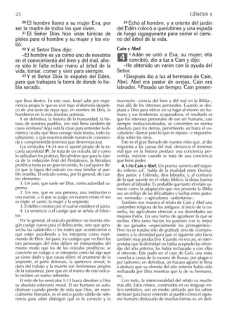 20 El hombre llamó a su mujer Eva, por
ser la madre de todos los que viven.
21 El Señor Dios hizo unas túnicas de
pieles para el hombre y su mujer y los vis-
tió.
22 Y el Señor Dios dijo:
–El hombre es ya como uno de nosotros
en el conocimiento del bien y del mal, aho-
ra sólo le falta echar mano al árbol de la
vida, tomar, comer y vivir para siempre.
23 Y el Señor Dios lo expulsó del Edén,
para que trabajara la tierra de donde lo ha-
bía sacado.
24 Echó al hombre, y a oriente del jardín
del Edén colocó a querubines y una espada
de fuego zigzagueante para cerrar el cami-
no del árbol de la vida.
Caín y Abel
1 Adán se unió a Eva, su mujer; ella
concibió, dio a luz a Caín y dijo:
–He obtenido un varón con la ayuda del
Señor.
2 Después dio a luz al hermano de Caín,
Abel. Abel era pastor de ovejas, Caín era
labrador. 3 Pasado un tiempo, Caín presen-
4
que lleva dentro. En este caso, Israel sabe por expe-
riencia propia lo que es vivir bajo el dominio despóti-
co de una serie de reyes que, en nombre de Dios, lo
hundieron en la más absoluta pobreza.
Y en deﬁnitiva, la historia de la humanidad, la his-
toria de nuestros pueblos, ¿no está llena también de
casos similares? Aquí está la clave para entender la di-
námica oculta que lleva consigo toda tiranía, todo to-
talitarismo, y que nosotros desde nuestra fe convenci-
da y comprometida tenemos que desenmascarar.
Los versículos 14-24 son el aporte propio de la es-
cuela sacerdotal (P). Se trata de un oráculo, tal y como
lo utilizaban los profetas. Recuérdese que para la épo-
ca de la redacción ﬁnal del Pentateuco, la literatura
profética tenía ya un gran recorrido, lo cual quiere de-
cir que la ﬁgura del oráculo era muy familiar al pue-
blo israelita. El oráculo consta, por lo general, de cua-
tro elementos:
1. Un juez, que suele ser Dios, como autoridad su-
prema.
2. Un reo, que es una persona, una institución o
una nación, a la que se juzga; en nuestro relato el reo
es triple: el varón, la mujer y la serpiente.
3. El delito o motivo por el cual se establece el juicio.
4. La sentencia o el castigo que se señala al infrac-
tor.
Por lo general, el oráculo profético no inventa nin-
gún castigo nuevo para el delincuente, sino que apro-
vecha las catástrofes o los males que acontecieron o
que están sucediendo y los interpreta como repri-
menda de Dios. Así pues, los castigos que reciben los
tres personajes del mito deben ser interpretados del
mismo modo que los de los oráculos proféticos: se
convierte en castigo o se interpreta como tal algo que
ya viene dado y que causa dolor: el arrastrarse de la
serpiente, el parto doloroso, la apetencia sexual, lo
duro del trabajo y la muerte son fenómenos propios
de la naturaleza, pero que en el marco de este orácu-
lo reciben un nuevo referente.
El mito de los versículos 1-13 busca devolver a Dios
su absoluta soberanía moral. El ser humano se auto-
destruye cuando pierde de vista que Dios, ser esen-
cialmente liberador, es el único punto válido de refe-
rencia para saber distinguir qué es lo correcto y lo
incorrecto –ciencia del bien y del mal en la Biblia–,
más allá de los intereses personales. Cuando se des-
plaza a Dios para ubicar en su lugar al mismo ser hu-
mano y sus tendencias acaparadoras, el resultado es
que los intereses personales de ese ser humano, casi
siempre institucionalizados, se convierten en norma
absoluta para los demás, pervirtiendo así hasta el vo-
cabulario –llamar justo lo que es injusto– e imponién-
dola sobre los otros.
Éste es el gran llamado de nuestro mito que, al dar
respuesta a las causas del mal, denuncia el inmenso
mal que en la historia produce una conciencia per-
vertida, máxime cuando se trata de una conciencia
que tiene poder.
4,1-16 Caín y Abel. Un poema sumerio del segun-
do milenio a.C. habla de la rivalidad entre Dumizi,
dios pastor, y Enkimdu, dios labrador, y, al contrario
de lo que sucede en el relato bíblico, la diosa Inanna
preﬁere al labrador. Es probable que tanto el relato su-
merio como la adaptación que nos presenta la Biblia
sea un reﬂejo de las diﬁcultades y luchas entre pasto-
res –nómadas– y agricultores –sedentarios–.
También nos muestra el relato de Caín y Abel una
costumbre religiosa de los antiguos: al inicio de la co-
secha, los agricultores ofrecían a sus divinidades sus
mejores frutos. Era una forma de agradecer lo que se
recibía. Otro tanto hacían los pastores con lo mejor
de sus ganados –especialmente los primogénitos–.
Pero no se trataba sólo de gratitud, sino de «compro-
meter» a la divinidad para que el siguiente año fuera
también muy productivo. Cuando no era así, se inter-
pretaba que la divinidad no había aceptado las ofren-
das del año anterior, las había rechazado y con ellas
al oferente. Éste pudo ser el caso de Caín, una mala
cosecha a causa de la escasez de lluvias, por plagas o
por ladrones; en deﬁnitiva, un fracaso agrario le lleva
a deducir que su ofrenda del año anterior había sido
rechazada por Dios mientras que la de su hermano,
no.
Con todo, la intencionalidad del relato va mucho
más allá. Estos relatos, construidos en un lenguaje mí-
tico simbólico, son un medio utilizado por los sabios
de Israel para hacer entender al pueblo cómo el egoís-
mo humano disfrazado de muchas formas es, en deﬁ-
23 GÉNESIS 4
 