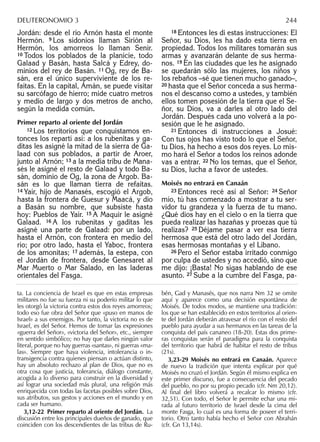 Jordán: desde el río Arnón hasta el monte
Hermón. 9 Los sidonios llaman Sirión al
Hermón, los amorreos lo llaman Senir.
10 Todos los poblados de la planicie, todo
Galaad y Basán, hasta Salcá y Edrey, do-
minios del rey de Basán. 11 Og, rey de Ba-
sán, era el único superviviente de los re-
faítas. En la capital, Amán, se puede visitar
su sarcófago de hierro; mide cuatro metros
y medio de largo y dos metros de ancho,
según la medida común.
Primer reparto al oriente del Jordán
12 Los territorios que conquistamos en-
tonces los repartí así: a los rubenitas y ga-
ditas les asigné la mitad de la sierra de Ga-
laad con sus poblados, a partir de Aroer,
junto al Arnón; 13 a la media tribu de Mana-
sés le asigné el resto de Galaad y todo Ba-
sán, dominio de Og, la zona de Argob. Ba-
sán es lo que llaman tierra de refaítas.
14 Yaír, hijo de Manasés, escogió el Argob,
hasta la frontera de Guesur y Maacá, y dio
a Basán su nombre, que subsiste hasta
hoy: Pueblos de Yaír. 15 A Maquir le asigné
Galaad. 16 A los rubenitas y gaditas les
asigné una parte de Galaad: por un lado,
hasta el Arnón, con frontera en medio del
río; por otro lado, hasta el Yaboc, frontera
de los amonitas; 17 además, la estepa, con
el Jordán de frontera, desde Genesaret al
Mar Muerto o Mar Salado, en las laderas
orientales del Fasga.
18 Entonces les di estas instrucciones: El
Señor, su Dios, les ha dado esta tierra en
propiedad. Todos los militares tomarán sus
armas y avanzarán delante de sus herma-
nos. 19 En las ciudades que les he asignado
se quedarán sólo las mujeres, los niños y
los rebaños –sé que tienen mucho ganado–,
20 hasta que el Señor conceda a sus herma-
nos el descanso como a ustedes, y también
ellos tomen posesión de la tierra que el Se-
ñor, su Dios, va a darles al otro lado del
Jordán. Después cada uno volverá a la po-
sesión que le he asignado.
21 Entonces di instrucciones a Josué:
Con tus ojos has visto todo lo que el Señor,
tu Dios, ha hecho a esos dos reyes. Lo mis-
mo hará el Señor a todos los reinos adonde
vas a entrar. 22 No los temas, que el Señor,
su Dios, lucha a favor de ustedes.
Moisés no entrará en Canaán
23 Entonces recé así al Señor: 24 Señor
mío, tú has comenzado a mostrar a tu ser-
vidor tu grandeza y la fuerza de tu mano.
¿Qué dios hay en el cielo o en la tierra que
pueda realizar las hazañas y proezas que tú
realizas? 25 Déjame pasar a ver esa tierra
hermosa que está del otro lado del Jordán,
esas hermosas montañas y el Líbano.
26 Pero el Señor estaba irritado conmigo
por culpa de ustedes y no accedió, sino que
me dijo: ¡Basta! No sigas hablando de ese
asunto. 27 Sube a la cumbre del Fasga, pa-
ta. La conciencia de Israel es que en estas empresas
militares no fue su fuerza ni su poderío militar lo que
les otorgó la victoria contra estos dos reyes amorreos;
todo eso fue obra del Señor que «puso en manos de
Israel» a sus enemigos. Por tanto, la victoria no es de
Israel, es del Señor. Hemos de tomar las expresiones
«guerra del Señor», «victoria del Señor», etc., siempre
en sentido simbólico; no hay que darles ningún valor
literal, porque no hay guerras «santas», ni guerras «ma-
las». Siempre que haya violencia, intolerancia o in-
transigencia contra quienes piensan o actúan distinto,
hay un absoluto rechazo al plan de Dios, que no es
otra cosa que justicia, tolerancia, diálogo constante,
acogida a lo diverso para construir en la diversidad y
así lograr una sociedad más plural, una religión más
enriquecida con todas las facetas posibles sobre Dios,
sus atributos, sus gestos y acciones en el mundo y en
cada ser humano.
3,12-22 Primer reparto al oriente del Jordán. La
discusión entre los principales dueños de ganado, que
coinciden con los descendientes de las tribus de Ru-
bén, Gad y Manasés, que nos narra Nm 32 se omite
aquí y aparece como una decisión espontánea de
Moisés. De todos modos, se mantiene una tradición:
los que se han establecido en estos territorios al orien-
te del Jordán deberán atravesar el río con el resto del
pueblo para ayudar a sus hermanos en las tareas de la
conquista del país cananeo (18-20). Estas dos prime-
ras conquistas serán el paradigma para la conquista
del territorio que habrá de habitar el resto de tribus
(21s).
3,23-29 Moisés no entrará en Canaán. Aparece
de nuevo la tradición que intenta explicar por qué
Moisés no cruzó el Jordán. Según él mismo explica en
este primer discurso, fue a consecuencia del pecado
del pueblo, no por su propio pecado (cfr. Nm 20,12).
Al ﬁnal del libro volverá a recalcar lo mismo (cfr.
32,51). Con todo, el Señor le permite echar una mi-
rada al futuro territorio de Israel desde la cima del
monte Fasga, lo cual es una forma de poseer el terri-
torio. Otro tanto había hecho el Señor con Abrahán
(cfr. Gn 13,14s).
DEUTERONOMIO 3 244
 