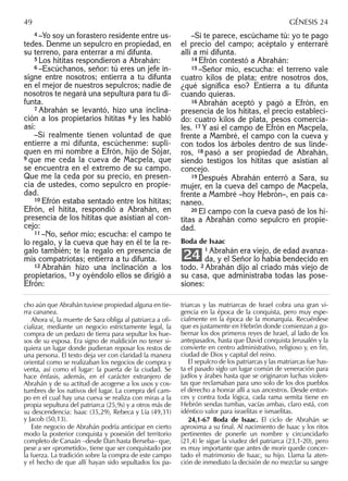 4 –Yo soy un forastero residente entre us-
tedes. Denme un sepulcro en propiedad, en
su terreno, para enterrar a mi difunta.
5 Los hititas respondieron a Abrahán:
6 –Escúchanos, señor: tú eres un jefe in-
signe entre nosotros; entierra a tu difunta
en el mejor de nuestros sepulcros; nadie de
nosotros te negará una sepultura para tu di-
funta.
7 Abrahán se levantó, hizo una inclina-
ción a los propietarios hititas 8 y les habló
así:
–Si realmente tienen voluntad de que
entierre a mi difunta, escúchenme: supli-
quen en mi nombre a Efrón, hijo de Sójar,
9 que me ceda la cueva de Macpela, que
se encuentra en el extremo de su campo.
Que me la ceda por su precio, en presen-
cia de ustedes, como sepulcro en propie-
dad.
10 Efrón estaba sentado entre los hititas;
Efrón, el hitita, respondió a Abrahán, en
presencia de los hititas que asistían al con-
cejo:
11 –No, señor mío; escucha: el campo te
lo regalo, y la cueva que hay en él te la re-
galo también; te la regalo en presencia de
mis compatriotas; entierra a tu difunta.
12 Abrahán hizo una inclinación a los
propietarios, 13 y oyéndolo ellos se dirigió a
Efrón:
–Si te parece, escúchame tú: yo te pago
el precio del campo; acéptalo y enterraré
allí a mi difunta.
14 Efrón contestó a Abrahán:
15 –Señor mío, escucha: el terreno vale
cuatro kilos de plata; entre nosotros dos,
¿qué signiﬁca eso? Entierra a tu difunta
cuando quieras.
16 Abrahán aceptó y pagó a Efrón, en
presencia de los hititas, el precio estableci-
do: cuatro kilos de plata, pesos comercia-
les. 17 Y así el campo de Efrón en Macpela,
frente a Mambré, el campo con la cueva y
con todos los árboles dentro de sus linde-
ros, 18 pasó a ser propiedad de Abrahán,
siendo testigos los hititas que asistían al
concejo.
19 Después Abrahán enterró a Sara, su
mujer, en la cueva del campo de Macpela,
frente a Mambré –hoy Hebrón–, en país ca-
naneo.
20 El campo con la cueva pasó de los hi-
titas a Abrahán como sepulcro en propie-
dad.
Boda de Isaac
1 Abrahán era viejo, de edad avanza-
da, y el Señor lo había bendecido en
todo. 2 Abrahán dijo al criado más viejo de
su casa, que administraba todas las pose-
siones:
24
cho aún que Abrahán tuviese propiedad alguna en tie-
rra cananea.
Ahora sí, la muerte de Sara obliga al patriarca a oﬁ-
cializar, mediante un negocio estrictamente legal, la
compra de un pedazo de tierra para sepultar los hue-
sos de su esposa. Era signo de maldición no tener si-
quiera un lugar donde pudieran reposar los restos de
una persona. El texto deja ver con claridad la manera
oriental como se realizaban los negocios de compra y
venta, así como el lugar: la puerta de la ciudad. Se
hace énfasis, además, en el carácter extranjero de
Abrahán y de su actitud de acogerse a los usos y cos-
tumbres de los nativos del lugar. La compra del cam-
po en el cual hay una cueva se realiza con miras a la
propia sepultura del patriarca (25,9s) y a otros más de
su descendencia: Isaac (35,29), Rebeca y Lía (49,31)
y Jacob (50,13).
Este negocio de Abrahán podría anticipar en cierto
modo la posterior conquista y posesión del territorio
completo de Canaán –desde Dan hasta Berseba– que,
pese a ser «prometido», tiene que ser conquistado por
la fuerza. La tradición sobre la compra de este campo
y el hecho de que allí hayan sido sepultados los pa-
triarcas y las matriarcas de Israel cobra una gran vi-
gencia en la época de la conquista, pero muy espe-
cialmente en la época de la monarquía. Recuérdese
que es justamente en Hebrón donde comienzan a go-
bernar los dos primeros reyes de Israel, al lado de los
antepasados, hasta que David conquista Jerusalén y la
convierte en centro administrativo, religioso y, en ﬁn,
ciudad de Dios y capital del reino.
El sepulcro de los patriarcas y las matriarcas fue has-
ta el pasado siglo un lugar común de veneración para
judíos y árabes hasta que se originaron luchas violen-
tas que reclamaban para uno solo de los dos pueblos
el derecho a honrar allí a sus ancestros. Desde enton-
ces y contra toda lógica, cada rama semita tiene en
Hebrón sendas tumbas, vacías ambas, claro está, con
idéntico valor para israelitas e ismaelitas.
24,1-67 Boda de Isaac. El ciclo de Abrahán se
aproxima a su ﬁnal. Al nacimiento de Isaac y los ritos
pertinentes de ponerle un nombre y circuncidarlo
(21,4) le sigue la viudez del patriarca (23,1-20), pero
es muy importante que antes de morir quede concer-
tado el matrimonio de Isaac, su hijo. Llama la aten-
ción de inmediato la decisión de no mezclar su sangre
49 GÉNESIS 24
 