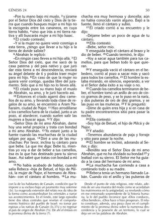 –Pon tu mano bajo mi muslo, 3 y júrame
por el Señor Dios del cielo y Dios de la tie-
rra que cuando busques mujer a mi hijo no
la escogerás entre los cananeos, en cuya
tierra habito, 4 sino que irás a mi tierra na-
tiva y allí buscarás mujer a mi hijo Isaac.
5 El criado contestó:
–Y si la mujer no quiere venir conmigo a
esta tierra, ¿tengo que llevar a tu hijo a la
tierra de donde saliste?
6 Abrahán le replicó:
–En ningún caso lleves a mi hijo allá. 7 El
Señor Dios del cielo, que me sacó de la
casa paterna y del país nativo y que juró
dar esta tierra a mi descendencia, enviará
su ángel delante de ti y podrás traer mujer
para mi hijo. 8 En caso de que la mujer no
quiera venir contigo, quedas libre del jura-
mento. Sólo que a mi hijo no lo lleves allá.
9 El criado puso su mano bajo el muslo
de Abrahán, su amo, y le juró hacerlo así.
10 Entonces el criado agarró diez came-
llos de su amo, y llevando toda clase de re-
galos de su amo, se encaminó a Aram Na-
haraim, ciudad de Najor. 11 Hizo arrodillarse
a los camellos fuera de la ciudad, junto a un
pozo, al atardecer, cuando suelen salir las
mujeres a buscar agua. 12 Y dijo:
–Señor Dios de mi amo Abrahán, dame
hoy una señal propicia y trata con bondad
a mi amo Abrahán. 13 Yo estaré junto a la
fuente cuando las muchachas de la ciudad
salgan por agua. 14 Diré a una de las mu-
chachas: Por favor, inclina tu cántaro para
que beba. La que me diga: Bebe tú, mien-
tras yo voy a dar de beber a tus camellos,
ésa es la que has destinado para tu siervo
Isaac. Así sabré que tratas con bondad a mi
amo.
15 No había acabado de hablar, cuando
salía Rebeca –hija de Betuel, el hijo de Mil-
cá, la mujer de Najor, el hermano de Abra-
hán– con el cántaro al hombro. 16 La mu-
chacha era muy hermosa y doncella; aún
no había conocido varón alguno. Bajó a la
fuente, llenó el cántaro y subió.
17 El criado corrió a su encuentro y le
dijo:
–Déjame beber un poco de agua de tu
cántaro.
18 Ella contestó:
–Bebe, señor mío.
Y enseguida bajó el cántaro al brazo y le
dio de beber. 19 Cuando terminó, le dijo:
–Voy a sacar agua también para tus ca-
mellos, para que beban todo lo que quie-
ran.
20 Y enseguida vació el cántaro en el be-
bedero, corrió al pozo a sacar más y sacó
para todos los camellos. 21 El hombre la es-
taba mirando, en silencio, esperando, a ver
si el Señor daba éxito a su viaje o no.
22 Cuando los camellos terminaron de be-
ber, el hombre tomó un anillo de oro de cin-
co gramos de peso, y se lo puso en la nariz,
y dos pulseras de oro de diez gramos, y se
las puso en las muñecas. 23 Y le preguntó:
–Dime de quién eres hija y si en casa de
tu padre encontraremos sitio para pasar la
noche.
24 Ella contestó:
–Soy hija de Betuel, el hijo de Milcá y de
Najor.
25 Y añadió:
–Tenemos abundancia de paja y forraje
y sitio para pasar la noche.
26 El hombre se inclinó, adorando al Se-
ñor, y dijo:
–Bendito sea el Señor Dios de mi amo
Abrahán, que no ha olvidado su bondad 27 y
lealtad con su siervo. El Señor me ha guia-
do a la casa del hermano de mi amo.
28 La muchacha fue corriendo a casa a
contárselo todo a su madre.
29 Rebeca tenía un hermano llamado La-
bán. Cuando vio el anillo y las pulseras de
con la de los habitantes de Canaán, condición que le
impone a su esclavo bajo un juramento muy solemne
(3s). La exagerada extensión del relato nos da idea de
la forma como acostumbraban los orientales a narrar
sus acontecimientos. En el fondo, este largo episodio
tiene dos ideas centrales que revelan el comporta-
miento histórico del pueblo de Israel: no tomar por
esposas a las nativas de Canaán (3s.37s) y no regresar
al país de origen de Abrahán (7s). De ahí el énfasis en
la promesa divina de la tierra (7).
Desde el punto de vista religioso, este relato, ade-
más de ser una muestra del modo como se acordaban
los matrimonios en la antigüedad, va revelando cómo
en ese entramado sorprendente de la historia huma-
na, la fe del pueblo reconoce que «Dios conduce»,
«Dios bendice», «Dios hace o hizo prosperar». El rela-
to constituye, además, una pieza clave en el cumpli-
miento de la promesa divina sobre la numerosa des-
cendencia y la posesión de un territorio, lo cual se
deja ver en las palabras de Abrahán.
GÉNESIS 24 50
 