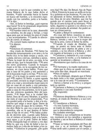 su hermana y oyó lo que contaba su her-
mana Rebeca de lo que había dicho el
hombre, 30 salió corriendo hacia la fuente
en busca del hombre, y lo encontró espe-
rando con los camellos, junto a la fuente.
31 Y le dijo:
–Ven, el Señor te bendiga, ¿qué esperas
aquí fuera? Yo te he preparado alojamiento
y sitio para los camellos.
32 El hombre entró en la casa, desensilló
los camellos, les dio paja y forraje, y trajo
agua para que se lavasen los pies el criado
y sus acompañantes. 33 Cuando le ofrecie-
ron de comer, él rehusó:
–No comeré hasta explicar mi asunto.
Y le dijeron:
–Habla.
34 Entonces él comenzó.
–Soy criado de Abrahán. 35 El Señor ha
bendecido inmensamente a mi amo y le ha
hecho rico; le ha dado ovejas y vacas, oro
y plata, siervos y siervas, camellos y asnos.
36 Sara, la mujer de mi amo, ya vieja, le ha
dado un hijo, que lo hereda todo. 37 Mi amo
me tomó juramento: Cuando le busques
mujer a mi hijo, no la escogerás de los ca-
naneos, en cuya tierra habito, 38 sino que
irás a casa de mi padre y mis parientes y
allí le buscarás mujer a mi hijo. 39 Yo le con-
testé: ¿Y si la mujer no quiere venir conmi-
go? 40 Él replicó: El Señor, a quien agrada
mi proceder, enviará su ángel contigo, dará
éxito a tu viaje y encontrarás mujer para mi
hijo en casa de mi padre y mis parientes;
41 pero no incurrirás en mi maldición si, lle-
gado a casa de mis parientes, no te la quie-
ren dar, entonces quedarás libre del jura-
mento. 42 Al llegar hoy a la ciudad dije:
Señor, Dios de mi amo Abrahán, si quieres
dar éxito al viaje que he emprendido, 43 yo
me pondré junto a la fuente, y diré a la mu-
chacha que salga a sacar agua: Dame de
beber un poco de agua de tu cántaro. 44 Si
me dice: Bebe tú, que voy a sacar para los
camellos, ella es la que destina el Señor
para el hijo de mi amo. 45 No había acaba-
do de decirme esto, cuando salía Rebeca
con el cántaro al hombro; bajó a la fuente,
sacó agua, y yo le pedí: Dame de beber.
46 Ella enseguida bajó el cántaro y me dijo:
Bebe tú, que voy a dar de beber a tus ca-
mellos; bebí yo y ella dio de beber a los ca-
mellos. 47 Entonces le pregunté: ¿De quién
eres hija? Me dijo: De Betuel, hijo de Najor
y Milcá. Entonces le puse un anillo en la na-
riz y pulseras en las muñecas, 48 y me incli-
né adorando al Señor, bendiciendo al Se-
ñor, Dios de mi amo Abrahán, que me ha
guiado por el camino justo para llevar al
hijo de mi amo la hija de su hermano. 49 Por
tanto, díganme si quieren o no ofrecer a mi
amo una prueba de amistad. Así podré ac-
tuar en consecuencia.
50 Labán y Betuel le contestaron:
–Es cosa del Señor, nosotros no pode-
mos responderte ni sí ni no. 51 Ahí tienes a
Rebeca, tómala y vete, y sea la mujer del
hijo de tu amo, como el Señor ha dicho.
52 Cuando el criado de Abrahán oyó
esto, se postró en tierra ante el Señor.
53 Después sacó objetos de plata y oro y
vestidos, y se los ofreció a Rebeca, y ofre-
ció regalos al hermano y a la madre.
54 Comieron y bebieron él y sus compa-
ñeros, pasaron la noche, y a la mañana si-
guiente se levantaron y dijeron:
–Permítanme que vuelva a la casa de mi
amo.
55 El hermano y la madre replicaron:
–Deja que la chica se quede con noso-
tros unos diez días, después se marchará.
56 Pero él replicó:
–No me detengan, después que el Señor
ha dado éxito a mi viaje; permítanme vol-
ver a la casa de mi amo. 57 Contestaron:
–Vamos a llamar a la chica y a pregun-
tarle su opinión.
58 Llamaron a Rebeca y le preguntaron:
–¿Quieres ir con este hombre?
Ella respondió:
–Sí.
59 Entonces despidieron a Rebeca y a su
nodriza, al criado de Abrahán y a sus com-
pañeros.
60 Y bendijeron a Rebeca:
–Tú eres nuestra hermana,
sé madre de miles y miles;
que tu descendencia conquiste
las ciudades enemigas.
61 Rebeca y sus compañeras se levanta-
ron, montaron en los camellos y siguieron
al hombre; y así se llevó a Rebeca el criado
de Abrahán.
62 Isaac se había trasladado del Pozo del
que vive y ve al territorio del Negueb.
63 Una tarde salió a pasear por el campo, y
51 GÉNESIS 24
 