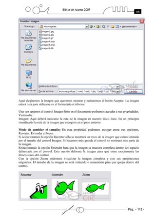 Pág. - 112 -
Biblia de Access 2007
wk
Aquí elegiremos la imagen que queremos mostrar y pulsaremos el botón Aceptar. La imagen
estará lista para utilizarse en el formulario o informe.
Una vez tenemos el control Imagen listo en el documento podremos acceder a sus propiedades.
Veámoslas:
Imagen: Aquí deberá indicarse la ruta de la imagen en nuestro disco duro. En un principio
visualizarás la ruta de la imagen que escogiste en el paso anterior.
Modo de cambiar el tamaño: En esta propiedad podremos escoger entre tres opciones,
Recortar, Extender y Zoom.
Si seleccionamos la opción Recortar sólo se mostrará un trozo de la imagen que estará limitado
por el tamaño del control Imagen. Si hacemos más grande el control se mostrará más parte de
la imagen.
Seleccionando la opción Extender hará que la imagen se muestre completa dentro del espacio
delimitado por el control. Esta opción deforma la imagen para que tome exactamente las
dimensiones del control.
Con la opción Zoom podremos visualizar la imagen completa y con sus proporciones
originales. El tamaño de la imagen se verá reducido o aumentado para que quepa dentro del
control.
 