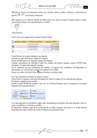 Pág. - 14 -
Biblia de Access 2007
wk
Desde el Panel de Exploración hacer clic derecho sobre la tabla a rellenar y seleccionar la
opción en el menú contextual.
Si estamos en la vista de Diseño de tabla, hacer clic sobre el botón Vistasde objeto y elegir
Vista Hoja de datos en la pestaña Inicio o diseño.
En los tres casos aparecerá la ventana Hoja de datos:
Cada fila nos sirve para introducir un registro.
Escribir el valor del primer campo del registro.
Pulsar INTRO para ir al segundo campo del registro.
Cuando terminamos de introducir todos los campos del primer registro, pulsar INTRO para
introducir los datos del segundo registro.
En el momento en que cambiamos de registro, el registro que estabamos introduciendo se
almacenará, no es necesario guardar los registros de la tabla.
Hacer clic sobre el botón Cerrar para terminar con dicha tabla.
Si lo que queremos es borrar un registro entero:
Seleccionar el registro a eliminar haciendo clic sobre el cuadro de la izquierda del registro.
El registro quedará seleccionado.
Pulsar la tecla SUPR del teclado o haz clic en el boton Eliminar que se encuentra en el panel
Registros de la pestaña Inicio.
Si lo que queremos es modificar algún valor introducido no tenemos más que situarnos sobre el
valor a modificar y volverlo a escribir.
Si queremos cambiar algo de la estructura de la tabla, tenemos que pasar a la Vista Diseño
haciendo clic sobre el botón de Vista de objeto de la pestaña Inicio.
 