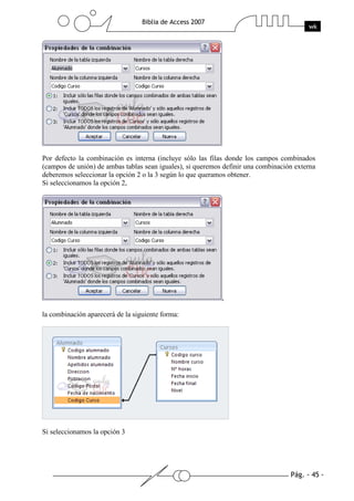 Pág. - 45 -
Biblia de Access 2007
wk
Por defecto la combinación es interna (incluye sólo las filas donde los campos combinados
(campos de unión) de ambas tablas sean iguales), si queremos definir una combinación externa
deberemos seleccionar la opción 2 o la 3 según lo que queramos obtener.
Si seleccionamos la opción 2,
,
la combinación aparecerá de la siguiente forma:
Si seleccionamos la opción 3
 