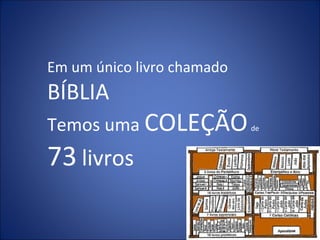 Em um único livro chamado
BÍBLIA
Temos uma COLEÇÃOde
73 livros
 