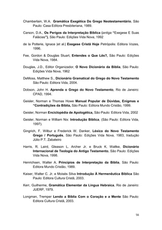 56
Chamberlain, W.A. Gramática Exegética Do Grego Neotestamentário, São
Paulo: Casa Editora Presbiteriana, 1989.
Carson, D.A., Os Perigos da Interpretação Bíblica (antiga “Exegese E Suas
Falácias”), São Paulo: Edições Vida Nova, 1992
de la Potterie, Ignace |et al.| Exegese Cristã Hoje Petrópolis: Editora Vozes,
1996.
Fee, Gordon & Douglas Stuart, Entendes o Que Lês?, São Paulo: Edições
Vida Nova, 1984.
Douglas, J.D., Editor Organizador, O Novo Dicionário da Bíblia, São Paulo:
Edições Vida Nova, 1962
DeMoss, Matthew S., Dicionário Gramatical do Grego do Novo Testamento
São Paulo: Editora Vida, 2004.
Dobson, John H. Aprenda o Grego do Novo Testamento, Rio de Janeiro:
CPAD, 1994.
Geisler, Norman e Thomas Howe Manual Popular de Dúvidas, Enigmas e
“Contradições da Bíblia, São Paulo: Editora Mundo Cristão, 1999.
Geisler, Norman Enciclopédia de Apologética, São Paulo: Editora Vida, 2002
Geisler, Norman e William Nix: Introdução Bíblica, (São Paulo: Editora Vida,
1997).
Gingrich, F. Wilbur e Frederick W. Danker, Léxico do Novo Testamento
Grego / Português, São Paulo: Edições Vida Nova, 1983, tradução
Júlio P.T. Zabateiro
Harris, R. Laird, Gleason L. Archer Jr. e Bruck K. Waltke, Dicionário
Internacional de Teologia do Antigo Testamento, São Paulo: Edições
Vida Nova, 1998.
Henrichsen, Walter A. Princípios de Interpretação da Bíblia, São Paulo:
Editora Mundo Cristão, 1989.
Kaiser, Walter C. Jr. e Moisés Silva Introdução À Hermenêutica Bíblica São
Paulo: Editora Cultura Cristã, 2003.
Kerr, Guilherme, Gramática Elementar da Língua Hebraica, Rio de Janeiro:
JUERP, 1979.
Longman, Tremper Lendo a Bíblia Com o Coração e a Mente São Paulo:
Editora Cultura Cristã, 2003.
 