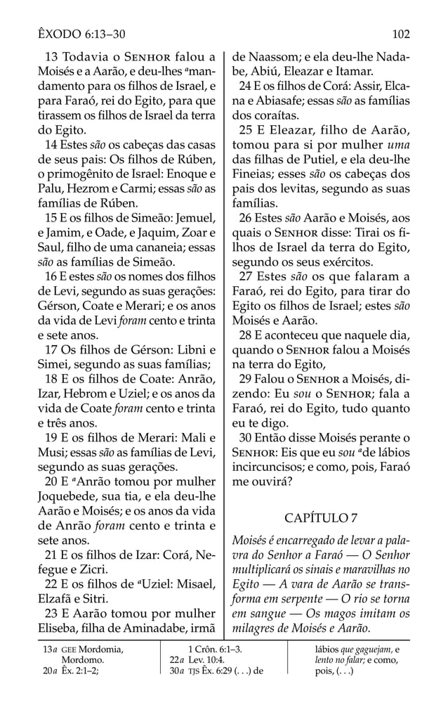 13 Todavia o SENHOR falou a
Moisés e a Aarão, e deu-lhes a
man-
damento para os ﬁlhos de Israel, e
para Faraó, rei do Egito, para que
tirassem os ﬁlhos de Israel da terra
do Egito.
14 Estes são os cabeças das casas
de seus pais: Os ﬁlhos de Rúben,
o primogênito de Israel: Enoque e
Palu, Hezrom e Carmi; essas são as
famílias de Rúben.
15 E os ﬁlhos de Simeão: Jemuel,
e Jamim, e Oade, e Jaquim, Zoar e
Saul, ﬁlho de uma cananeia; essas
são as famílias de Simeão.
16 E estes são os nomes dos ﬁlhos
de Levi, segundo as suas gerações:
Gérson, Coate e Merari; e os anos
da vida de Levi foram cento e trinta
e sete anos.
17 Os ﬁlhos de Gérson: Libni e
Simei, segundo as suas famílias;
18 E os ﬁlhos de Coate: Anrão,
Izar, Hebrom e Uziel; e os anos da
vida de Coate foram cento e trinta
e três anos.
19 E os ﬁlhos de Merari: Mali e
Musi; essas são as famílias de Levi,
segundo as suas gerações.
20 E a
Anrão tomou por mulher
Joquebede, sua tia, e ela deu-lhe
Aarão e Moisés; e os anos da vida
de Anrão foram cento e trinta e
sete anos.
21 E os ﬁlhos de Izar: Corá, Ne-
fegue e Zicri.
22 E os ﬁlhos de a
Uziel: Misael,
Elzafã e Sitri.
23 E Aarão tomou por mulher
Eliseba, ﬁlha de Aminadabe, irmã
de Naassom; e ela deu-lhe Nada-
be, Abiú, Eleazar e Itamar.
24 E os ﬁlhos de Corá: Assir, Elca-
na e Abiasafe; essas são as famílias
dos coraítas.
25 E Eleazar, filho de Aarão,
tomou para si por mulher uma
das ﬁlhas de Putiel, e ela deu-lhe
Fineias; esses são os cabeças dos
pais dos levitas, segundo as suas
famílias.
26 Estes são Aarão e Moisés, aos
quais o SENHOR disse: Tirai os ﬁ-
lhos de Israel da terra do Egito,
segundo os seus exércitos.
27 Estes são os que falaram a
Faraó, rei do Egito, para tirar do
Egito os ﬁlhos de Israel; estes são
Moisés e Aarão.
28 E aconteceu que naquele dia,
quando o SENHOR falou a Moisés
na terra do Egito,
29 Falou o SENHOR a Moisés, di-
zendo: Eu sou o SENHOR; fala a
Faraó, rei do Egito, tudo quanto
eu te digo.
30 Então disse Moisés perante o
SENHOR: Eis que eu sou a
de lábios
incircuncisos; e como, pois, Faraó
me ouvirá?
CAPÍTULO 7
Moisés é encarregado de levar a pala-
vra do Senhor a Faraó — O Senhor
multiplicará os sinais e maravilhas no
Egito — A vara de Aarão se trans-
forma em serpente — O rio se torna
em sangue — Os magos imitam os
milagres de Moisés e Aarão.
13a GEE Mordomia,
Mordomo.
20a Êx. 2:1–2;
1 Crôn. 6:1–3.
22a Lev. 10:4.
30a TJS Êx. 6:29 (. . .) de
lábios que gaguejam, e
lento no falar; e como,
pois, (. . .)
102
ÊXODO 6:13–30
 