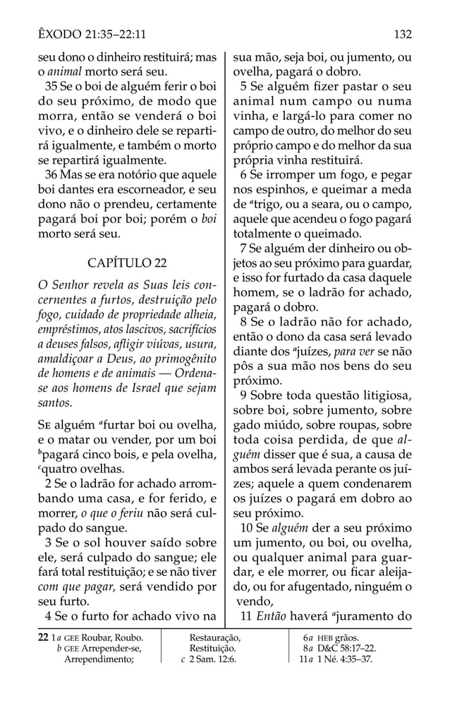 22 1a GEE Roubar, Roubo.
b GEE Arrepender-se,
Arrependimento;
Restauração,
Restituição.
c 2 Sam. 12:6.
6a HEB grãos.
8a D&C 58:17–22.
11a 1 Né. 4:35–37.
seu dono o dinheiro restituirá; mas
o animal morto será seu.
35 Se o boi de alguém ferir o boi
do seu próximo, de modo que
morra, então se venderá o boi
vivo, e o dinheiro dele se reparti-
rá igualmente, e também o morto
se repartirá igualmente.
36 Mas se era notório que aquele
boi dantes era escorneador, e seu
dono não o prendeu, certamente
pagará boi por boi; porém o boi
morto será seu.
CAPÍTULO 22
O Senhor revela as Suas leis con-
cernentes a furtos, destruição pelo
fogo, cuidado de propriedade alheia,
empréstimos, atos lascivos, sacrifícios
a deuses falsos, aﬂigir viúvas, usura,
amaldiçoar a Deus, ao primogênito
de homens e de animais — Ordena-
se aos homens de Israel que sejam
santos.
SE alguém a
furtar boi ou ovelha,
e o matar ou vender, por um boi
b
pagará cinco bois, e pela ovelha,
c
quatro ovelhas.
2 Se o ladrão for achado arrom-
bando uma casa, e for ferido, e
morrer, o que o feriu não será cul-
pado do sangue.
3 Se o sol houver saído sobre
ele, será culpado do sangue; ele
fará total restituição; e se não tiver
com que pagar, será vendido por
seu furto.
4 Se o furto for achado vivo na
sua mão, seja boi, ou jumento, ou
ovelha, pagará o dobro.
5 Se alguém ﬁzer pastar o seu
animal num campo ou numa
vinha, e largá-lo para comer no
campo de outro, do melhor do seu
próprio campo e do melhor da sua
própria vinha restituirá.
6 Se irromper um fogo, e pegar
nos espinhos, e queimar a meda
de a
trigo, ou a seara, ou o campo,
aquele que acendeu o fogo pagará
totalmente o queimado.
7 Se alguém der dinheiro ou ob-
jetos ao seu próximo para guardar,
e isso for furtado da casa daquele
homem, se o ladrão for achado,
pagará o dobro.
8 Se o ladrão não for achado,
então o dono da casa será levado
diante dos a
juízes, para ver se não
pôs a sua mão nos bens do seu
próximo.
9 Sobre toda questão litigiosa,
sobre boi, sobre jumento, sobre
gado miúdo, sobre roupas, sobre
toda coisa perdida, de que al-
guém disser que é sua, a causa de
ambos será levada perante os juí-
zes; aquele a quem condenarem
os juízes o pagará em dobro ao
seu próximo.
10 Se alguém der a seu próximo
um jumento, ou boi, ou ovelha,
ou qualquer animal para guar-
dar, e ele morrer, ou ﬁcar aleija-
do, ou for afugentado, ninguém o
vendo,
11 Então haverá a
juramento do
132
ÊXODO 21:35–22:11
 