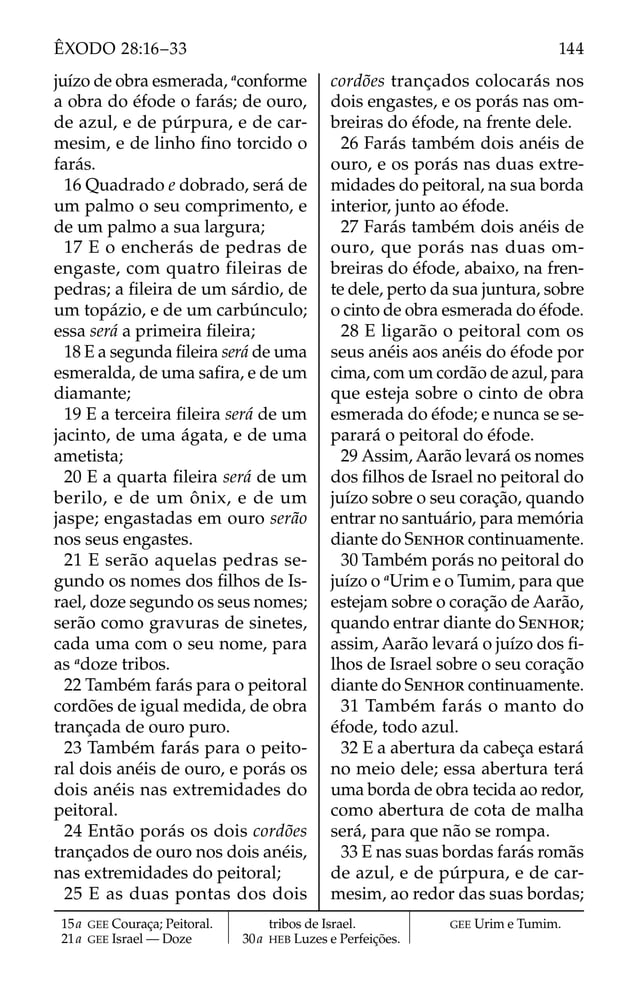 juízo de obra esmerada, a
conforme
a obra do éfode o farás; de ouro,
de azul, e de púrpura, e de car-
mesim, e de linho ﬁno torcido o
farás.
16 Quadrado e dobrado, será de
um palmo o seu comprimento, e
de um palmo a sua largura;
17 E o encherás de pedras de
engaste, com quatro fileiras de
pedras; a ﬁleira de um sárdio, de
um topázio, e de um carbúnculo;
essa será a primeira ﬁleira;
18 E a segunda ﬁleira será de uma
esmeralda, de uma saﬁra, e de um
diamante;
19 E a terceira ﬁleira será de um
jacinto, de uma ágata, e de uma
ametista;
20 E a quarta ﬁleira será de um
berilo, e de um ônix, e de um
jaspe; engastadas em ouro serão
nos seus engastes.
21 E serão aquelas pedras se-
gundo os nomes dos ﬁlhos de Is-
rael, doze segundo os seus nomes;
serão como gravuras de sinetes,
cada uma com o seu nome, para
as a
doze tribos.
22 Também farás para o peitoral
cordões de igual medida, de obra
trançada de ouro puro.
23 Também farás para o peito-
ral dois anéis de ouro, e porás os
dois anéis nas extremidades do
peitoral.
24 Então porás os dois cordões
trançados de ouro nos dois anéis,
nas extremidades do peitoral;
25 E as duas pontas dos dois
cordões trançados colocarás nos
dois engastes, e os porás nas om-
breiras do éfode, na frente dele.
26 Farás também dois anéis de
ouro, e os porás nas duas extre-
midades do peitoral, na sua borda
interior, junto ao éfode.
27 Farás também dois anéis de
ouro, que porás nas duas om-
breiras do éfode, abaixo, na fren-
te dele, perto da sua juntura, sobre
o cinto de obra esmerada do éfode.
28 E ligarão o peitoral com os
seus anéis aos anéis do éfode por
cima, com um cordão de azul, para
que esteja sobre o cinto de obra
esmerada do éfode; e nunca se se-
parará o peitoral do éfode.
29 Assim, Aarão levará os nomes
dos ﬁlhos de Israel no peitoral do
juízo sobre o seu coração, quando
entrar no santuário, para memória
diante do SENHOR continuamente.
30 Também porás no peitoral do
juízo o a
Urim e o Tumim, para que
estejam sobre o coração de Aarão,
quando entrar diante do SENHOR;
assim, Aarão levará o juízo dos ﬁ-
lhos de Israel sobre o seu coração
diante do SENHOR continuamente.
31 Também farás o manto do
éfode, todo azul.
32 E a abertura da cabeça estará
no meio dele; essa abertura terá
uma borda de obra tecida ao redor,
como abertura de cota de malha
será, para que não se rompa.
33 E nas suas bordas farás romãs
de azul, e de púrpura, e de car-
mesim, ao redor das suas bordas;
15a GEE Couraça; Peitoral.
21a GEE Israel — Doze
tribos de Israel.
30a HEB Luzes e Perfeições.
GEE Urim e Tumim.
144
ÊXODO 28:16–33
 