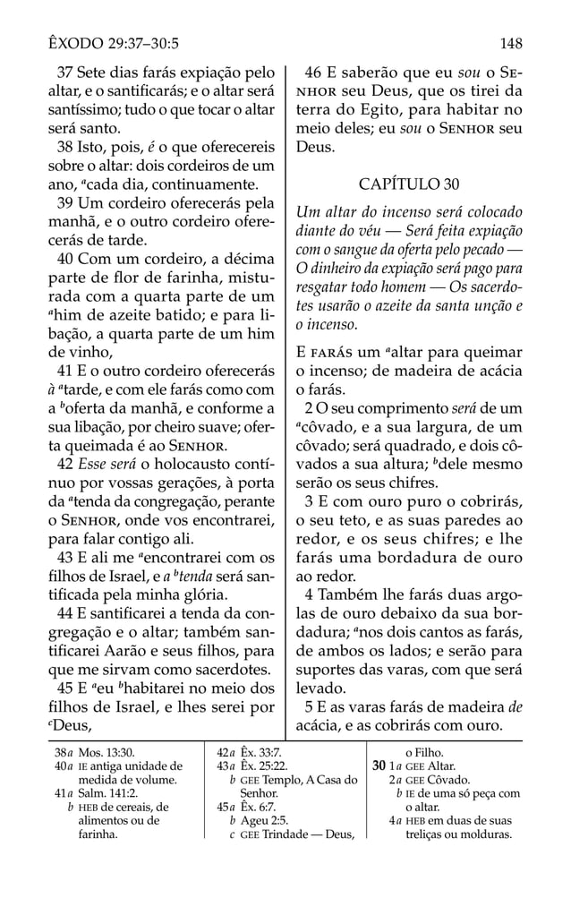 37 Sete dias farás expiação pelo
altar, e o santiﬁcarás; e o altar será
santíssimo; tudo o que tocar o altar
será santo.
38 Isto, pois, é o que oferecereis
sobre o altar: dois cordeiros de um
ano, a
cada dia, continuamente.
39 Um cordeiro oferecerás pela
manhã, e o outro cordeiro ofere-
cerás de tarde.
40 Com um cordeiro, a décima
parte de ﬂor de farinha, mistu-
rada com a quarta parte de um
a
him de azeite batido; e para li-
bação, a quarta parte de um him
de vinho,
41 E o outro cordeiro oferecerás
à a
tarde, e com ele farás como com
a b
oferta da manhã, e conforme a
sua libação, por cheiro suave; ofer-
ta queimada é ao SENHOR.
42 Esse será o holocausto contí-
nuo por vossas gerações, à porta
da a
tenda da congregação, perante
o SENHOR, onde vos encontrarei,
para falar contigo ali.
43 E ali me a
encontrarei com os
ﬁlhos de Israel, e a b
tenda será san-
tiﬁcada pela minha glória.
44 E santiﬁcarei a tenda da con-
gregação e o altar; também san-
tiﬁcarei Aarão e seus ﬁlhos, para
que me sirvam como sacerdotes.
45 E a
eu b
habitarei no meio dos
ﬁlhos de Israel, e lhes serei por
c
Deus,
46 E saberão que eu sou o SE-
NHOR seu Deus, que os tirei da
terra do Egito, para habitar no
meio deles; eu sou o SENHOR seu
Deus.
CAPÍTULO 30
Um altar do incenso será colocado
diante do véu — Será feita expiação
com o sangue da oferta pelo pecado —
O dinheiro da expiação será pago para
resgatar todo homem — Os sacerdo-
tes usarão o azeite da santa unção e
o incenso.
E FARÁS um a
altar para queimar
o incenso; de madeira de acácia
o farás.
2 O seu comprimento será de um
a
côvado, e a sua largura, de um
côvado; será quadrado, e dois cô-
vados a sua altura; b
dele mesmo
serão os seus chifres.
3 E com ouro puro o cobrirás,
o seu teto, e as suas paredes ao
redor, e os seus chifres; e lhe
farás uma bordadura de ouro
ao redor.
4 Também lhe farás duas argo-
las de ouro debaixo da sua bor-
dadura; a
nos dois cantos as farás,
de ambos os lados; e serão para
suportes das varas, com que será
levado.
5 E as varas farás de madeira de
acácia, e as cobrirás com ouro.
38a Mos. 13:30.
40a IE antiga unidade de
medida de volume.
41a Salm. 141:2.
b HEB de cereais, de
alimentos ou de
farinha.
42a Êx. 33:7.
43a Êx. 25:22.
b GEE Templo, A Casa do
Senhor.
45a Êx. 6:7.
b Ageu 2:5.
c GEE Trindade — Deus,
o Filho.
30 1a GEE Altar.
2a GEE Côvado.
b IE de uma só peça com
o altar.
4a HEB em duas de suas
treliças ou molduras.
148
ÊXODO 29:37–30:5
 