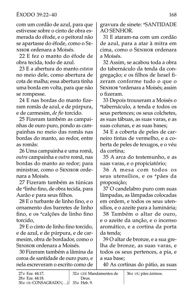 27a Eze. 44:17.
28a Eze. 44:18.
30a OU CONSAGRADO (. . .)
32a GEE Mandamentos de
Deus.
33a Heb. 9.
36a OU pães ázimos.
com um cordão de azul, para que
estivesse sobre o cinto de obra es-
merada do éfode, e o peitoral não
se apartasse do éfode, como o SE-
NHOR ordenara a Moisés.
22 E fez o manto do éfode de
obra tecida, todo de azul.
23 E a abertura do manto estava
no meio dele, como abertura de
cota de malha; essa abertura tinha
uma borda em volta, para que não
se rompesse.
24 E nas bordas do manto ﬁze-
ram romãs de azul, e de púrpura,
e de carmesim, de ﬁo torcido.
25 Fizeram também as campai-
nhas de ouro puro, pondo as cam-
painhas no meio das romãs nas
bordas do manto, ao redor, entre
as romãs:
26 Uma campainha e uma romã,
outra campainha e outra romã, nas
bordas do manto ao redor; para
ministrar, como o SENHOR orde-
nara a Moisés.
27 Fizeram também as túnicas
de a
linho ﬁno, de obra tecida, para
Aarão e para seus ﬁlhos.
28 E o turbante de linho ﬁno, e o
ornamento dos barretes de linho
ﬁno, e os a
calções de linho ﬁno
torcido,
29 E o cinto de linho ﬁno torcido,
e de azul, e de púrpura, e de car-
mesim, obra de bordador, como o
SENHOR ordenara a Moisés.
30 Fizeram também a lâmina da
coroa de santidade de ouro puro, e
nela escreveram o escrito como de
gravura de sinete: a
SANTIDADE
AO SENHOR.
31 E ataram-na com um cordão
de azul, para a atar à mitra em
cima, como o SENHOR ordenara
a Moisés.
32 Assim, se acabou toda a obra
do tabernáculo da tenda da con-
gregação; e os ﬁlhos de Israel ﬁ-
zeram conforme tudo o que o
SENHOR a
ordenara a Moisés; assim
o ﬁzeram.
33 Depois trouxeram a Moisés o
a
tabernáculo, a tenda e todos os
seus pertences; os seus colchetes,
as suas tábuas, as suas varas, e as
suas colunas, e as suas bases;
34 E a coberta de peles de car-
neiro tintas de vermelho, e a co-
berta de peles de texugos, e o véu
da cortina;
35 A arca do testemunho, e as
suas varas, e o propiciatório;
36 A mesa com todos os
seus utensílios, e os a
pães da
proposição;
37 O candelabro puro com suas
lâmpadas, as lâmpadas colocadas
em ordem, e todos os seus uten-
sílios, e o azeite para a luminária;
38 Também o altar de ouro,
e o azeite da unção, e o incenso
aromático, e a cortina da porta
da tenda;
39 O altar de bronze, e a sua gre-
lha de bronze, as suas varas, e
todos os seus pertences, a pia, e
a sua base;
40 As cortinas do pátio, as suas
168
ÊXODO 39:22–40
 