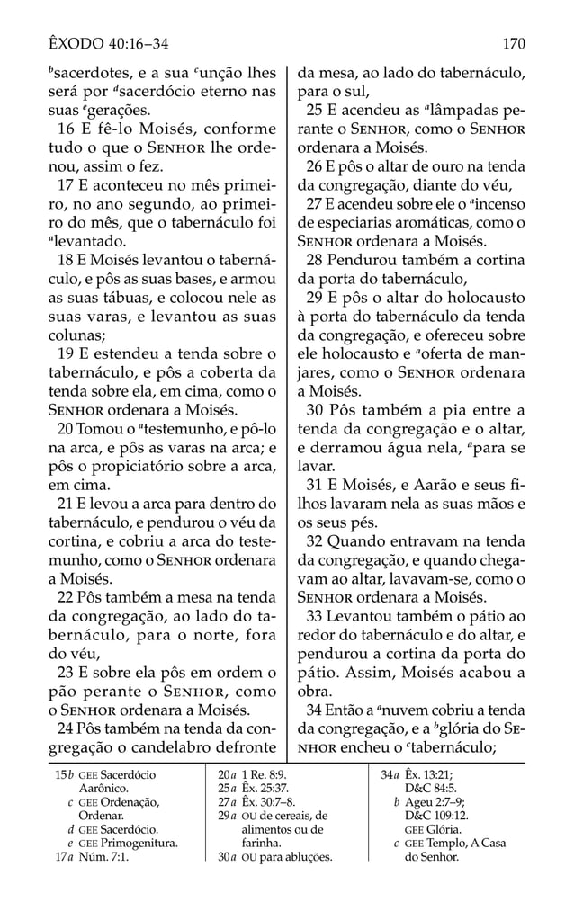 15b GEE Sacerdócio
Aarônico.
c GEE Ordenação,
Ordenar.
d GEE Sacerdócio.
e GEE Primogenitura.
17a Núm. 7:1.
20a 1 Re. 8:9.
25a Êx. 25:37.
27a Êx. 30:7–8.
29a OU de cereais, de
alimentos ou de
farinha.
30a OU para abluções.
34a Êx. 13:21;
D&C 84:5.
b Ageu 2:7–9;
D&C 109:12.
GEE Glória.
c GEE Templo, A Casa
do Senhor.
b
sacerdotes, e a sua c
unção lhes
será por d
sacerdócio eterno nas
suas e
gerações.
16 E fê-lo Moisés, conforme
tudo o que o SENHOR lhe orde-
nou, assim o fez.
17 E aconteceu no mês primei-
ro, no ano segundo, ao primei-
ro do mês, que o tabernáculo foi
a
levantado.
18 E Moisés levantou o taberná-
culo, e pôs as suas bases, e armou
as suas tábuas, e colocou nele as
suas varas, e levantou as suas
colunas;
19 E estendeu a tenda sobre o
tabernáculo, e pôs a coberta da
tenda sobre ela, em cima, como o
SENHOR ordenara a Moisés.
20 Tomou o a
testemunho, e pô-lo
na arca, e pôs as varas na arca; e
pôs o propiciatório sobre a arca,
em cima.
21 E levou a arca para dentro do
tabernáculo, e pendurou o véu da
cortina, e cobriu a arca do teste-
munho, como o SENHOR ordenara
a Moisés.
22 Pôs também a mesa na tenda
da congregação, ao lado do ta-
bernáculo, para o norte, fora
do véu,
23 E sobre ela pôs em ordem o
pão perante o SENHOR, como
o SENHOR ordenara a Moisés.
24 Pôs também na tenda da con-
gregação o candelabro defronte
da mesa, ao lado do tabernáculo,
para o sul,
25 E acendeu as a
lâmpadas pe-
rante o SENHOR, como o SENHOR
ordenara a Moisés.
26 E pôs o altar de ouro na tenda
da congregação, diante do véu,
27 E acendeu sobre ele o a
incenso
de especiarias aromáticas, como o
SENHOR ordenara a Moisés.
28 Pendurou também a cortina
da porta do tabernáculo,
29 E pôs o altar do holocausto
à porta do tabernáculo da tenda
da congregação, e ofereceu sobre
ele holocausto e a
oferta de man-
jares, como o SENHOR ordenara
a Moisés.
30 Pôs também a pia entre a
tenda da congregação e o altar,
e derramou água nela, a
para se
lavar.
31 E Moisés, e Aarão e seus ﬁ-
lhos lavaram nela as suas mãos e
os seus pés.
32 Quando entravam na tenda
da congregação, e quando chega-
vam ao altar, lavavam-se, como o
SENHOR ordenara a Moisés.
33 Levantou também o pátio ao
redor do tabernáculo e do altar, e
pendurou a cortina da porta do
pátio. Assim, Moisés acabou a
obra.
34 Então a a
nuvem cobriu a tenda
da congregação, e a b
glória do SE-
NHOR encheu o c
tabernáculo;
170
ÊXODO 40:16–34
 