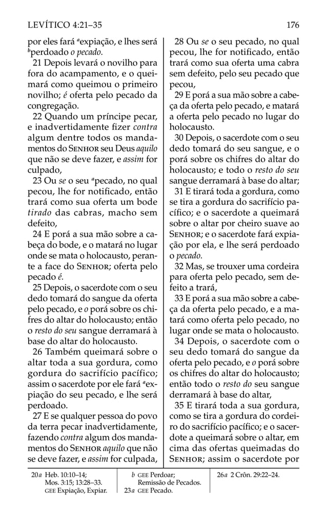 por eles fará a
expiação, e lhes será
b
perdoado o pecado.
21 Depois levará o novilho para
fora do acampamento, e o quei-
mará como queimou o primeiro
novilho; é oferta pelo pecado da
congregação.
22 Quando um príncipe pecar,
e inadvertidamente ﬁzer contra
algum dentre todos os manda-
mentos do SENHOR seu Deus aquilo
que não se deve fazer, e assim for
culpado,
23 Ou se o seu a
pecado, no qual
pecou, lhe for notiﬁcado, então
trará como sua oferta um bode
tirado das cabras, macho sem
defeito,
24 E porá a sua mão sobre a ca-
beça do bode, e o matará no lugar
onde se mata o holocausto, peran-
te a face do SENHOR; oferta pelo
pecado é.
25 Depois, o sacerdote com o seu
dedo tomará do sangue da oferta
pelo pecado, e o porá sobre os chi-
fres do altar do holocausto; então
o resto do seu sangue derramará à
base do altar do holocausto.
26 Também queimará sobre o
altar toda a sua gordura, como
gordura do sacrifício pacífico;
assim o sacerdote por ele fará a
ex-
piação do seu pecado, e lhe será
perdoado.
27 E se qualquer pessoa do povo
da terra pecar inadvertidamente,
fazendo contra algum dos manda-
mentos do SENHOR aquilo que não
se deve fazer, e assim for culpada,
28 Ou se o seu pecado, no qual
pecou, lhe for notiﬁcado, então
trará como sua oferta uma cabra
sem defeito, pelo seu pecado que
pecou,
29 E porá a sua mão sobre a cabe-
ça da oferta pelo pecado, e matará
a oferta pelo pecado no lugar do
holocausto.
30 Depois, o sacerdote com o seu
dedo tomará do seu sangue, e o
porá sobre os chifres do altar do
holocausto; e todo o resto do seu
sangue derramará à base do altar;
31 E tirará toda a gordura, como
se tira a gordura do sacrifício pa-
cíﬁco; e o sacerdote a queimará
sobre o altar por cheiro suave ao
SENHOR; e o sacerdote fará expia-
ção por ela, e lhe será perdoado
o pecado.
32 Mas, se trouxer uma cordeira
para oferta pelo pecado, sem de-
feito a trará,
33 E porá a sua mão sobre a cabe-
ça da oferta pelo pecado, e a ma-
tará como oferta pelo pecado, no
lugar onde se mata o holocausto.
34 Depois, o sacerdote com o
seu dedo tomará do sangue da
oferta pelo pecado, e o porá sobre
os chifres do altar do holocausto;
então todo o resto do seu sangue
derramará à base do altar,
35 E tirará toda a sua gordura,
como se tira a gordura do cordei-
ro do sacrifício pacíﬁco; e o sacer-
dote a queimará sobre o altar, em
cima das ofertas queimadas do
SENHOR; assim o sacerdote por
20a Heb. 10:10–14;
Mos. 3:15; 13:28–33.
GEE Expiação, Expiar.
b GEE Perdoar;
Remissão de Pecados.
23a GEE Pecado.
26a 2 Crôn. 29:22–24.
176
LEVÍTICO 4:21–35
 