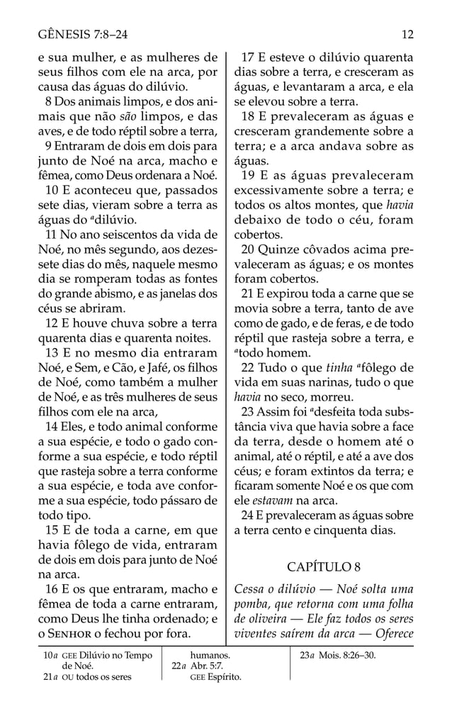 e sua mulher, e as mulheres de
seus ﬁlhos com ele na arca, por
causa das águas do dilúvio.
8 Dos animais limpos, e dos ani-
mais que não são limpos, e das
aves, e de todo réptil sobre a terra,
9 Entraram de dois em dois para
junto de Noé na arca, macho e
fêmea, como Deus ordenara a Noé.
10 E aconteceu que, passados
sete dias, vieram sobre a terra as
águas do a
dilúvio.
11 No ano seiscentos da vida de
Noé, no mês segundo, aos dezes-
sete dias do mês, naquele mesmo
dia se romperam todas as fontes
do grande abismo, e as janelas dos
céus se abriram.
12 E houve chuva sobre a terra
quarenta dias e quarenta noites.
13 E no mesmo dia entraram
Noé, e Sem, e Cão, e Jafé, os ﬁlhos
de Noé, como também a mulher
de Noé, e as três mulheres de seus
ﬁlhos com ele na arca,
14 Eles, e todo animal conforme
a sua espécie, e todo o gado con-
forme a sua espécie, e todo réptil
que rasteja sobre a terra conforme
a sua espécie, e toda ave confor-
me a sua espécie, todo pássaro de
todo tipo.
15 E de toda a carne, em que
havia fôlego de vida, entraram
de dois em dois para junto de Noé
na arca.
16 E os que entraram, macho e
fêmea de toda a carne entraram,
como Deus lhe tinha ordenado; e
o SENHOR o fechou por fora.
17 E esteve o dilúvio quarenta
dias sobre a terra, e cresceram as
águas, e levantaram a arca, e ela
se elevou sobre a terra.
18 E prevaleceram as águas e
cresceram grandemente sobre a
terra; e a arca andava sobre as
águas.
19 E as águas prevaleceram
excessivamente sobre a terra; e
todos os altos montes, que havia
debaixo de todo o céu, foram
cobertos.
20 Quinze côvados acima pre-
valeceram as águas; e os montes
foram cobertos.
21 E expirou toda a carne que se
movia sobre a terra, tanto de ave
como de gado, e de feras, e de todo
réptil que rasteja sobre a terra, e
a
todo homem.
22 Tudo o que tinha a
fôlego de
vida em suas narinas, tudo o que
havia no seco, morreu.
23 Assim foi a
desfeita toda subs-
tância viva que havia sobre a face
da terra, desde o homem até o
animal, até o réptil, e até a ave dos
céus; e foram extintos da terra; e
ﬁcaram somente Noé e os que com
ele estavam na arca.
24 E prevaleceram as águas sobre
a terra cento e cinquenta dias.
CAPÍTULO 8
Cessa o dilúvio — Noé solta uma
pomba, que retorna com uma folha
de oliveira — Ele faz todos os seres
viventes saírem da arca — Oferece
10a GEE Dilúvio no Tempo
de Noé.
21a OU todos os seres
humanos.
22a Abr. 5:7.
GEE Espírito.
23a Mois. 8:26–30.
12
GÊNESIS 7:8–24
 