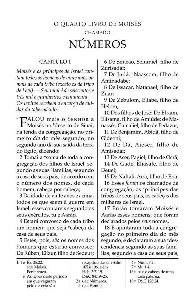 1 1a Êx. 25:22.
GEE Moisés;
Pentateuco.
b As lições deste período
em que vagaram
pelo deserto são
recapituladas em Salm.
105 e 106, e em
Heb. 3:7–19.
D&C 84:19–25.
2a GEE Números.
b GEE Família.
4a Núm. 7:2.
7a Mt. 1:4.
16a HEB o cabeça de uma
casa paterna.
18a D&C 128:24.
O QUARTO LIVRO DE MOISÉS
CHAMADO
NÚMEROS
CAPÍTULO 1
Moisés e os príncipes de Israel con-
tam todos os homens de vinte anos ou
mais de cada tribo (exceto os da tribo
de Levi) — Seu total é de seiscentos e
três mil e quinhentos e cinquenta —
Os levitas recebem o encargo de cui-
dar do tabernáculo.
a
FALOU mais o SENHOR a
Moisés no b
deserto de Sinai,
na tenda da congregação, no pri-
meiro dia do mês segundo, no
segundo ano da sua saída da terra
do Egito, dizendo:
2 Tomai a a
soma de toda a con-
gregação dos ﬁlhos de Israel, se-
gundo as suas b
famílias, segundo
a casa de seus pais, de acordo com
o número dos nomes, de cada
homem, cabeça por cabeça;
3 Da idade de vinte anos e acima,
todos os que saem à guerra em
Israel; esses contareis segundo os
seus exércitos, tu e Aarão.
4 Estará convosco de cada tribo
um homem que seja a
cabeça da
casa de seus pais.
5 Estes, pois, são os nomes dos
homens que estarão convosco:
De Rúben, Elizur, ﬁlho de Sedeur;
6 De Simeão, Selumiel, ﬁlho de
Zurisadai;
7 De Judá, a
Naassom, ﬁlho de
Aminadabe;
8 De Issacar, Natanael, ﬁlho de
Zuar;
9 De Zebulom, Eliabe, ﬁlho de
Helom;
10 Dos ﬁlhos de José: De Efraim,
Elisama, ﬁlho de Amiúde; de Ma-
nassés, Gamaliel, ﬁlho de Pedazur;
11 De Benjamim, Abidã, ﬁlho de
Gideoni;
12 De Dã, Aieser, filho de
Amisadai;
13 De Aser, Pagiel, ﬁlho de Ocrã;
14 De Gade, Eliasafe, filho de
Deuel;
15 De Naftali, Aíra, ﬁlho de Enã.
16 Esses foram os chamados da
congregação, os a
príncipes das
tribos de seus pais, os cabeças dos
milhares de Israel.
17 Então tomaram Moisés e
Aarão esses homens, que foram
declarados pelos seus nomes,
18 E ajuntaram toda a congre-
gação no primeiro dia do mês
segundo, e declararam a sua a
des-
cendência segundo as suas famí-
lias, segundo a casa de seus pais,
 