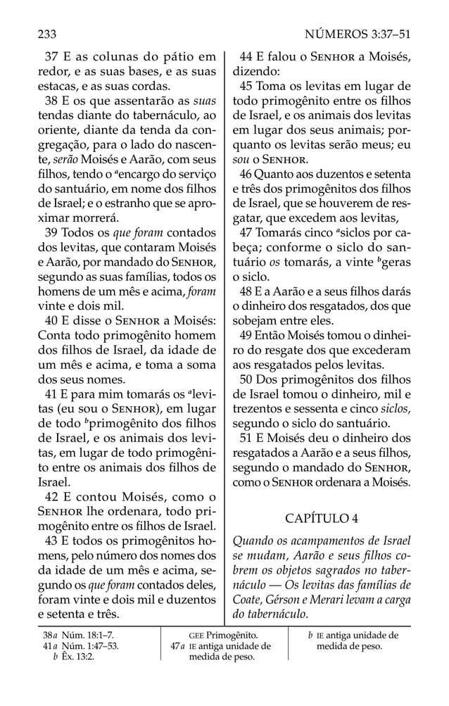 37 E as colunas do pátio em
redor, e as suas bases, e as suas
estacas, e as suas cordas.
38 E os que assentarão as suas
tendas diante do tabernáculo, ao
oriente, diante da tenda da con-
gregação, para o lado do nascen-
te, serão Moisés e Aarão, com seus
ﬁlhos, tendo o a
encargo do serviço
do santuário, em nome dos ﬁlhos
de Israel; e o estranho que se apro-
ximar morrerá.
39 Todos os que foram contados
dos levitas, que contaram Moisés
e Aarão, por mandado do SENHOR,
segundo as suas famílias, todos os
homens de um mês e acima, foram
vinte e dois mil.
40 E disse o SENHOR a Moisés:
Conta todo primogênito homem
dos ﬁlhos de Israel, da idade de
um mês e acima, e toma a soma
dos seus nomes.
41 E para mim tomarás os a
levi-
tas (eu sou o SENHOR), em lugar
de todo b
primogênito dos ﬁlhos
de Israel, e os animais dos levi-
tas, em lugar de todo primogêni-
to entre os animais dos ﬁlhos de
Israel.
42 E contou Moisés, como o
SENHOR lhe ordenara, todo pri-
mogênito entre os ﬁlhos de Israel.
43 E todos os primogênitos ho-
mens, pelo número dos nomes dos
da idade de um mês e acima, se-
gundo os que foram contados deles,
foram vinte e dois mil e duzentos
e setenta e três.
44 E falou o SENHOR a Moisés,
dizendo:
45 Toma os levitas em lugar de
todo primogênito entre os ﬁlhos
de Israel, e os animais dos levitas
em lugar dos seus animais; por-
quanto os levitas serão meus; eu
sou o SENHOR.
46 Quanto aos duzentos e setenta
e três dos primogênitos dos ﬁlhos
de Israel, que se houverem de res-
gatar, que excedem aos levitas,
47 Tomarás cinco a
siclos por ca-
beça; conforme o siclo do san-
tuário os tomarás, a vinte b
geras
o siclo.
48 E a Aarão e a seus ﬁlhos darás
o dinheiro dos resgatados, dos que
sobejam entre eles.
49 Então Moisés tomou o dinhei-
ro do resgate dos que excederam
aos resgatados pelos levitas.
50 Dos primogênitos dos ﬁlhos
de Israel tomou o dinheiro, mil e
trezentos e sessenta e cinco siclos,
segundo o siclo do santuário.
51 E Moisés deu o dinheiro dos
resgatados a Aarão e a seus ﬁlhos,
segundo o mandado do SENHOR,
como o SENHOR ordenara a Moisés.
CAPÍTULO 4
Quando os acampamentos de Israel
se mudam, Aarão e seus ﬁlhos co-
brem os objetos sagrados no taber-
náculo — Os levitas das famílias de
Coate, Gérson e Merari levam a carga
do tabernáculo.
38a Núm. 18:1–7.
41a Núm. 1:47–53.
b Êx. 13:2.
GEE Primogênito.
47a IE antiga unidade de
medida de peso.
b IE antiga unidade de
medida de peso.
233 NÚMEROS 3:37–51
 