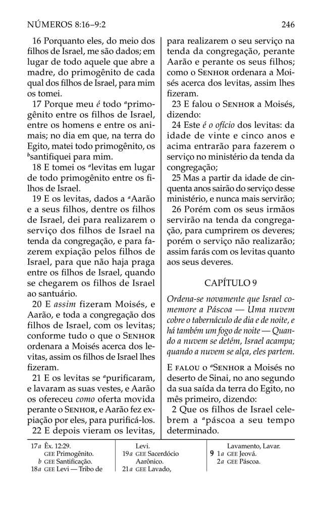 16 Porquanto eles, do meio dos
ﬁlhos de Israel, me são dados; em
lugar de todo aquele que abre a
madre, do primogênito de cada
qual dos ﬁlhos de Israel, para mim
os tomei.
17 Porque meu é todo a
primo-
gênito entre os filhos de Israel,
entre os homens e entre os ani-
mais; no dia em que, na terra do
Egito, matei todo primogênito, os
b
santiﬁquei para mim.
18 E tomei os a
levitas em lugar
de todo primogênito entre os ﬁ-
lhos de Israel.
19 E os levitas, dados a a
Aarão
e a seus filhos, dentre os filhos
de Israel, dei para realizarem o
serviço dos filhos de Israel na
tenda da congregação, e para fa-
zerem expiação pelos filhos de
Israel, para que não haja praga
entre os ﬁlhos de Israel, quando
se chegarem os filhos de Israel
ao santuário.
20 E assim fizeram Moisés, e
Aarão, e toda a congregação dos
filhos de Israel, com os levitas;
conforme tudo o que o SENHOR
ordenara a Moisés acerca dos le-
vitas, assim os ﬁlhos de Israel lhes
ﬁzeram.
21 E os levitas se a
puriﬁcaram,
e lavaram as suas vestes, e Aarão
os ofereceu como oferta movida
perante o SENHOR, e Aarão fez ex-
piação por eles, para puriﬁcá-los.
22 E depois vieram os levitas,
para realizarem o seu serviço na
tenda da congregação, perante
Aarão e perante os seus filhos;
como o SENHOR ordenara a Moi-
sés acerca dos levitas, assim lhes
ﬁzeram.
23 E falou o SENHOR a Moisés,
dizendo:
24 Este é o ofício dos levitas: da
idade de vinte e cinco anos e
acima entrarão para fazerem o
serviço no ministério da tenda da
congregação;
25 Mas a partir da idade de cin-
quenta anos sairão do serviço desse
ministério, e nunca mais servirão;
26 Porém com os seus irmãos
servirão na tenda da congrega-
ção, para cumprirem os deveres;
porém o serviço não realizarão;
assim farás com os levitas quanto
aos seus deveres.
CAPÍTULO 9
Ordena-se novamente que Israel co-
memore a Páscoa — Uma nuvem
cobre o tabernáculo de dia e de noite, e
há também um fogo de noite — Quan-
do a nuvem se detém, Israel acampa;
quando a nuvem se alça, eles partem.
E FALOU o a
SENHOR a Moisés no
deserto de Sinai, no ano segundo
da sua saída da terra do Egito, no
mês primeiro, dizendo:
2 Que os filhos de Israel cele-
brem a a
páscoa a seu tempo
determinado.
17a Êx. 12:29.
GEE Primogênito.
b GEE Santiﬁcação.
18a GEE Levi — Tribo de
Levi.
19a GEE Sacerdócio
Aarônico.
21a GEE Lavado,
Lavamento, Lavar.
9 1a GEE Jeová.
2a GEE Páscoa.
246
NÚMEROS 8:16–9:2
 