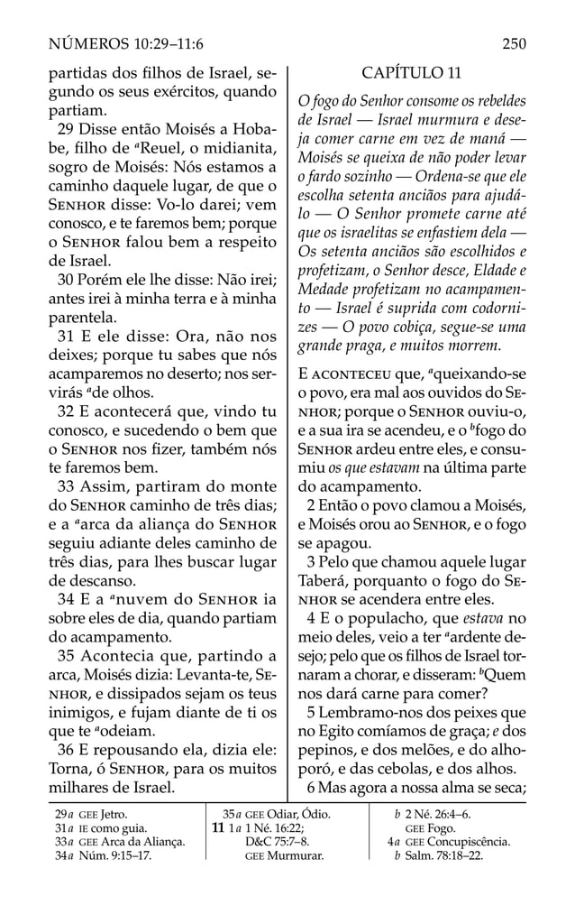 partidas dos ﬁlhos de Israel, se-
gundo os seus exércitos, quando
partiam.
29 Disse então Moisés a Hoba-
be, ﬁlho de a
Reuel, o midianita,
sogro de Moisés: Nós estamos a
caminho daquele lugar, de que o
SENHOR disse: Vo-lo darei; vem
conosco, e te faremos bem; porque
o SENHOR falou bem a respeito
de Israel.
30 Porém ele lhe disse: Não irei;
antes irei à minha terra e à minha
parentela.
31 E ele disse: Ora, não nos
deixes; porque tu sabes que nós
acamparemos no deserto; nos ser-
virás a
de olhos.
32 E acontecerá que, vindo tu
conosco, e sucedendo o bem que
o SENHOR nos ﬁzer, também nós
te faremos bem.
33 Assim, partiram do monte
do SENHOR caminho de três dias;
e a a
arca da aliança do SENHOR
seguiu adiante deles caminho de
três dias, para lhes buscar lugar
de descanso.
34 E a a
nuvem do SENHOR ia
sobre eles de dia, quando partiam
do acampamento.
35 Acontecia que, partindo a
arca, Moisés dizia: Levanta-te, SE-
NHOR, e dissipados sejam os teus
inimigos, e fujam diante de ti os
que te a
odeiam.
36 E repousando ela, dizia ele:
Torna, ó SENHOR, para os muitos
milhares de Israel.
CAPÍTULO 11
O fogo do Senhor consome os rebeldes
de Israel — Israel murmura e dese-
ja comer carne em vez de maná —
Moisés se queixa de não poder levar
o fardo sozinho — Ordena-se que ele
escolha setenta anciãos para ajudá-
lo — O Senhor promete carne até
que os israelitas se enfastiem dela —
Os setenta anciãos são escolhidos e
profetizam, o Senhor desce, Eldade e
Medade profetizam no acampamen-
to — Israel é suprida com codorni-
zes — O povo cobiça, segue-se uma
grande praga, e muitos morrem.
E ACONTECEU que, a
queixando-se
o povo, era mal aos ouvidos do SE-
NHOR; porque o SENHOR ouviu-o,
e a sua ira se acendeu, e o b
fogo do
SENHOR ardeu entre eles, e consu-
miu os que estavam na última parte
do acampamento.
2 Então o povo clamou a Moisés,
e Moisés orou ao SENHOR, e o fogo
se apagou.
3 Pelo que chamou aquele lugar
Taberá, porquanto o fogo do SE-
NHOR se acendera entre eles.
4 E o populacho, que estava no
meio deles, veio a ter a
ardente de-
sejo; pelo que os ﬁlhos de Israel tor-
naram a chorar, e disseram: b
Quem
nos dará carne para comer?
5 Lembramo-nos dos peixes que
no Egito comíamos de graça; e dos
pepinos, e dos melões, e do alho-
poró, e das cebolas, e dos alhos.
6 Mas agora a nossa alma se seca;
29a GEE Jetro.
31a IE como guia.
33a GEE Arca da Aliança.
34a Núm. 9:15–17.
35a GEE Odiar, Ódio.
11 1a 1 Né. 16:22;
D&C 75:7–8.
GEE Murmurar.
b 2 Né. 26:4–6.
GEE Fogo.
4a GEE Concupiscência.
b Salm. 78:18–22.
250
NÚMEROS 10:29–11:6
 