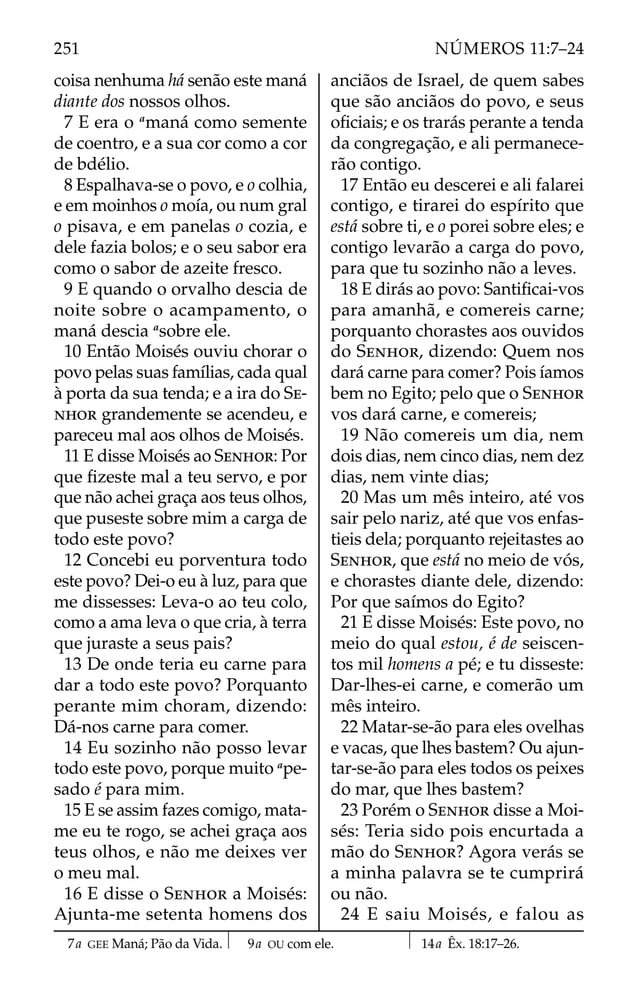 coisa nenhuma há senão este maná
diante dos nossos olhos.
7 E era o a
maná como semente
de coentro, e a sua cor como a cor
de bdélio.
8 Espalhava-se o povo, e o colhia,
e em moinhos o moía, ou num gral
o pisava, e em panelas o cozia, e
dele fazia bolos; e o seu sabor era
como o sabor de azeite fresco.
9 E quando o orvalho descia de
noite sobre o acampamento, o
maná descia a
sobre ele.
10 Então Moisés ouviu chorar o
povo pelas suas famílias, cada qual
à porta da sua tenda; e a ira do SE-
NHOR grandemente se acendeu, e
pareceu mal aos olhos de Moisés.
11 E disse Moisés ao SENHOR: Por
que ﬁzeste mal a teu servo, e por
que não achei graça aos teus olhos,
que puseste sobre mim a carga de
todo este povo?
12 Concebi eu porventura todo
este povo? Dei-o eu à luz, para que
me dissesses: Leva-o ao teu colo,
como a ama leva o que cria, à terra
que juraste a seus pais?
13 De onde teria eu carne para
dar a todo este povo? Porquanto
perante mim choram, dizendo:
Dá-nos carne para comer.
14 Eu sozinho não posso levar
todo este povo, porque muito a
pe-
sado é para mim.
15 E se assim fazes comigo, mata-
me eu te rogo, se achei graça aos
teus olhos, e não me deixes ver
o meu mal.
16 E disse o SENHOR a Moisés:
Ajunta-me setenta homens dos
anciãos de Israel, de quem sabes
que são anciãos do povo, e seus
oﬁciais; e os trarás perante a tenda
da congregação, e ali permanece-
rão contigo.
17 Então eu descerei e ali falarei
contigo, e tirarei do espírito que
está sobre ti, e o porei sobre eles; e
contigo levarão a carga do povo,
para que tu sozinho não a leves.
18 E dirás ao povo: Santiﬁcai-vos
para amanhã, e comereis carne;
porquanto chorastes aos ouvidos
do SENHOR, dizendo: Quem nos
dará carne para comer? Pois íamos
bem no Egito; pelo que o SENHOR
vos dará carne, e comereis;
19 Não comereis um dia, nem
dois dias, nem cinco dias, nem dez
dias, nem vinte dias;
20 Mas um mês inteiro, até vos
sair pelo nariz, até que vos enfas-
tieis dela; porquanto rejeitastes ao
SENHOR, que está no meio de vós,
e chorastes diante dele, dizendo:
Por que saímos do Egito?
21 E disse Moisés: Este povo, no
meio do qual estou, é de seiscen-
tos mil homens a pé; e tu disseste:
Dar-lhes-ei carne, e comerão um
mês inteiro.
22 Matar-se-ão para eles ovelhas
e vacas, que lhes bastem? Ou ajun-
tar-se-ão para eles todos os peixes
do mar, que lhes bastem?
23 Porém o SENHOR disse a Moi-
sés: Teria sido pois encurtada a
mão do SENHOR? Agora verás se
a minha palavra se te cumprirá
ou não.
24 E saiu Moisés, e falou as
7a GEE Maná; Pão da Vida. 9a OU com ele. 14a Êx. 18:17–26.
251 NÚMEROS 11:7–24
 