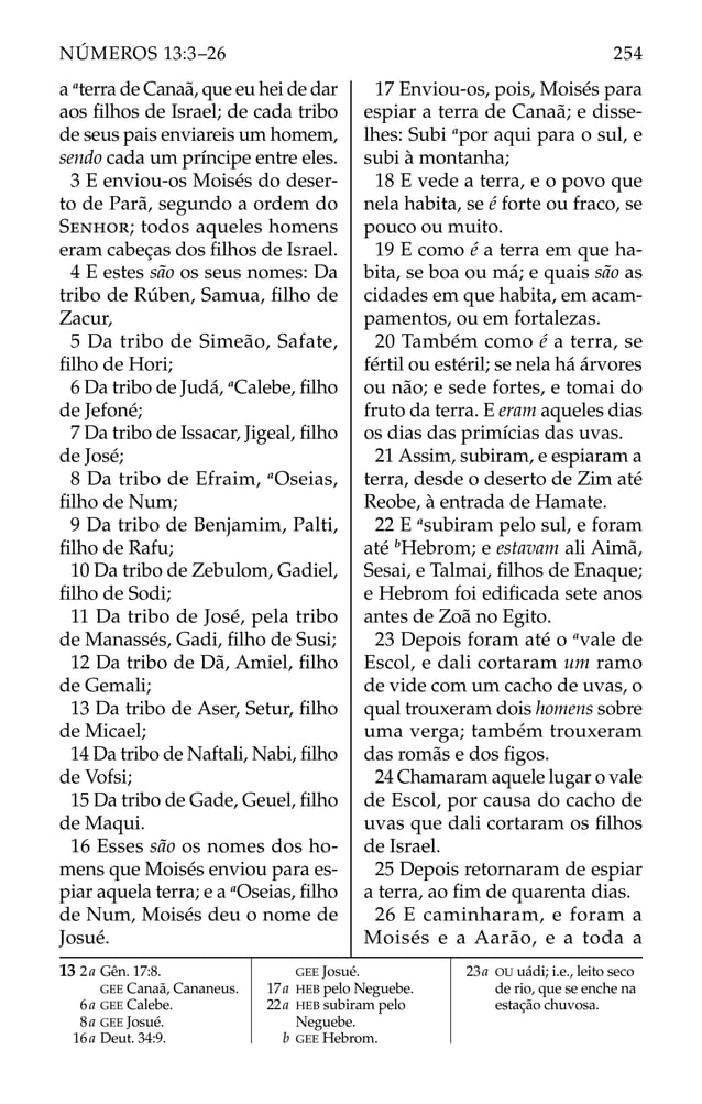 a a
terra de Canaã, que eu hei de dar
aos ﬁlhos de Israel; de cada tribo
de seus pais enviareis um homem,
sendo cada um príncipe entre eles.
3 E enviou-os Moisés do deser-
to de Parã, segundo a ordem do
SENHOR; todos aqueles homens
eram cabeças dos ﬁlhos de Israel.
4 E estes são os seus nomes: Da
tribo de Rúben, Samua, ﬁlho de
Zacur,
5 Da tribo de Simeão, Safate,
ﬁlho de Hori;
6 Da tribo de Judá, a
Calebe, ﬁlho
de Jefoné;
7 Da tribo de Issacar, Jigeal, ﬁlho
de José;
8 Da tribo de Efraim, a
Oseias,
ﬁlho de Num;
9 Da tribo de Benjamim, Palti,
ﬁlho de Rafu;
10 Da tribo de Zebulom, Gadiel,
ﬁlho de Sodi;
11 Da tribo de José, pela tribo
de Manassés, Gadi, ﬁlho de Susi;
12 Da tribo de Dã, Amiel, ﬁlho
de Gemali;
13 Da tribo de Aser, Setur, ﬁlho
de Micael;
14 Da tribo de Naftali, Nabi, ﬁlho
de Vofsi;
15 Da tribo de Gade, Geuel, ﬁlho
de Maqui.
16 Esses são os nomes dos ho-
mens que Moisés enviou para es-
piar aquela terra; e a a
Oseias, ﬁlho
de Num, Moisés deu o nome de
Josué.
17 Enviou-os, pois, Moisés para
espiar a terra de Canaã; e disse-
lhes: Subi a
por aqui para o sul, e
subi à montanha;
18 E vede a terra, e o povo que
nela habita, se é forte ou fraco, se
pouco ou muito.
19 E como é a terra em que ha-
bita, se boa ou má; e quais são as
cidades em que habita, em acam-
pamentos, ou em fortalezas.
20 Também como é a terra, se
fértil ou estéril; se nela há árvores
ou não; e sede fortes, e tomai do
fruto da terra. E eram aqueles dias
os dias das primícias das uvas.
21 Assim, subiram, e espiaram a
terra, desde o deserto de Zim até
Reobe, à entrada de Hamate.
22 E a
subiram pelo sul, e foram
até b
Hebrom; e estavam ali Aimã,
Sesai, e Talmai, ﬁlhos de Enaque;
e Hebrom foi ediﬁcada sete anos
antes de Zoã no Egito.
23 Depois foram até o a
vale de
Escol, e dali cortaram um ramo
de vide com um cacho de uvas, o
qual trouxeram dois homens sobre
uma verga; também trouxeram
das romãs e dos ﬁgos.
24 Chamaram aquele lugar o vale
de Escol, por causa do cacho de
uvas que dali cortaram os ﬁlhos
de Israel.
25 Depois retornaram de espiar
a terra, ao ﬁm de quarenta dias.
26 E caminharam, e foram a
Moisés e a Aarão, e a toda a
13 2a Gên. 17:8.
GEE Canaã, Cananeus.
6a GEE Calebe.
8a GEE Josué.
16a Deut. 34:9.
GEE Josué.
17a HEB pelo Neguebe.
22a HEB subiram pelo
Neguebe.
b GEE Hebrom.
23a OU uádi; i.e., leito seco
de rio, que se enche na
estação chuvosa.
254
NÚMEROS 13:3–26
 