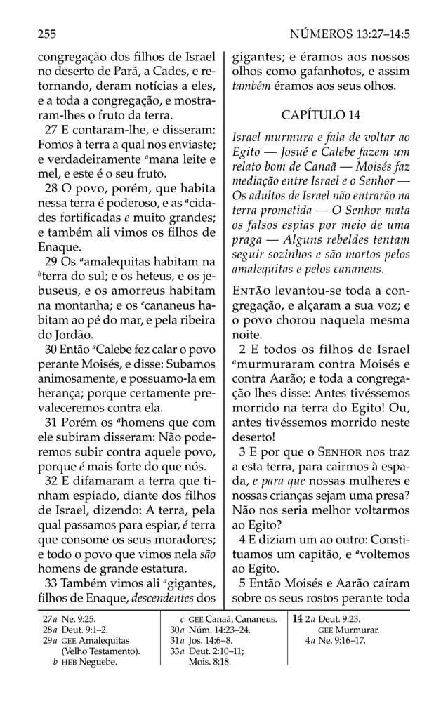 congregação dos ﬁlhos de Israel
no deserto de Parã, a Cades, e re-
tornando, deram notícias a eles,
e a toda a congregação, e mostra-
ram-lhes o fruto da terra.
27 E contaram-lhe, e disseram:
Fomos à terra a qual nos enviaste;
e verdadeiramente a
mana leite e
mel, e este é o seu fruto.
28 O povo, porém, que habita
nessa terra é poderoso, e as a
cida-
des fortiﬁcadas e muito grandes;
e também ali vimos os ﬁlhos de
Enaque.
29 Os a
amalequitas habitam na
b
terra do sul; e os heteus, e os je-
buseus, e os amorreus habitam
na montanha; e os c
cananeus ha-
bitam ao pé do mar, e pela ribeira
do Jordão.
30 Então a
Calebe fez calar o povo
perante Moisés, e disse: Subamos
animosamente, e possuamo-la em
herança; porque certamente pre-
valeceremos contra ela.
31 Porém os a
homens que com
ele subiram disseram: Não pode-
remos subir contra aquele povo,
porque é mais forte do que nós.
32 E difamaram a terra que ti-
nham espiado, diante dos ﬁlhos
de Israel, dizendo: A terra, pela
qual passamos para espiar, é terra
que consome os seus moradores;
e todo o povo que vimos nela são
homens de grande estatura.
33 Também vimos ali a
gigantes,
ﬁlhos de Enaque, descendentes dos
gigantes; e éramos aos nossos
olhos como gafanhotos, e assim
também éramos aos seus olhos.
CAPÍTULO 14
Israel murmura e fala de voltar ao
Egito — Josué e Calebe fazem um
relato bom de Canaã — Moisés faz
mediação entre Israel e o Senhor —
Os adultos de Israel não entrarão na
terra prometida — O Senhor mata
os falsos espias por meio de uma
praga — Alguns rebeldes tentam
seguir sozinhos e são mortos pelos
amalequitas e pelos cananeus.
ENTÃO levantou-se toda a con-
gregação, e alçaram a sua voz; e
o povo chorou naquela mesma
noite.
2 E todos os filhos de Israel
a
murmuraram contra Moisés e
contra Aarão; e toda a congrega-
ção lhes disse: Antes tivéssemos
morrido na terra do Egito! Ou,
antes tivéssemos morrido neste
deserto!
3 E por que o SENHOR nos traz
a esta terra, para cairmos à espa-
da, e para que nossas mulheres e
nossas crianças sejam uma presa?
Não nos seria melhor voltarmos
ao Egito?
4 E diziam um ao outro: Consti-
tuamos um capitão, e a
voltemos
ao Egito.
5 Então Moisés e Aarão caíram
sobre os seus rostos perante toda
27a Ne. 9:25.
28a Deut. 9:1–2.
29a GEE Amalequitas
(Velho Testamento).
b HEB Neguebe.
c GEE Canaã, Cananeus.
30a Núm. 14:23–24.
31a Jos. 14:6–8.
33a Deut. 2:10–11;
Mois. 8:18.
14 2a Deut. 9:23.
GEE Murmurar.
4a Ne. 9:16–17.
255 NÚMEROS 13:27–14:5
 