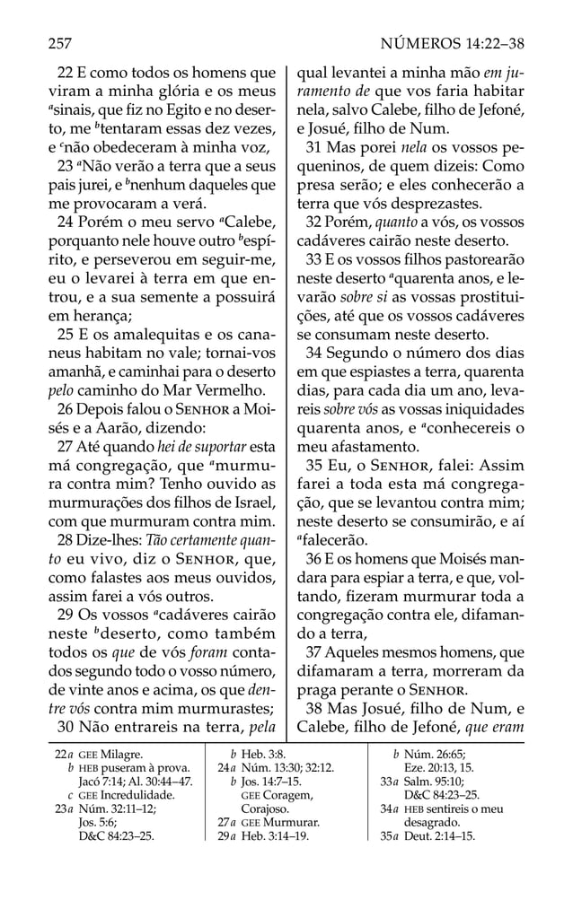 22 E como todos os homens que
viram a minha glória e os meus
a
sinais, que ﬁz no Egito e no deser-
to, me b
tentaram essas dez vezes,
e c
não obedeceram à minha voz,
23 a
Não verão a terra que a seus
pais jurei, e b
nenhum daqueles que
me provocaram a verá.
24 Porém o meu servo a
Calebe,
porquanto nele houve outro b
espí-
rito, e perseverou em seguir-me,
eu o levarei à terra em que en-
trou, e a sua semente a possuirá
em herança;
25 E os amalequitas e os cana-
neus habitam no vale; tornai-vos
amanhã, e caminhai para o deserto
pelo caminho do Mar Vermelho.
26 Depois falou o SENHOR a Moi-
sés e a Aarão, dizendo:
27 Até quando hei de suportar esta
má congregação, que a
murmu-
ra contra mim? Tenho ouvido as
murmurações dos ﬁlhos de Israel,
com que murmuram contra mim.
28 Dize-lhes: Tão certamente quan-
to eu vivo, diz o SENHOR, que,
como falastes aos meus ouvidos,
assim farei a vós outros.
29 Os vossos a
cadáveres cairão
neste b
deserto, como também
todos os que de vós foram conta-
dos segundo todo o vosso número,
de vinte anos e acima, os que den-
tre vós contra mim murmurastes;
30 Não entrareis na terra, pela
qual levantei a minha mão em ju-
ramento de que vos faria habitar
nela, salvo Calebe, ﬁlho de Jefoné,
e Josué, ﬁlho de Num.
31 Mas porei nela os vossos pe-
queninos, de quem dizeis: Como
presa serão; e eles conhecerão a
terra que vós desprezastes.
32 Porém, quanto a vós, os vossos
cadáveres cairão neste deserto.
33 E os vossos ﬁlhos pastorearão
neste deserto a
quarenta anos, e le-
varão sobre si as vossas prostitui-
ções, até que os vossos cadáveres
se consumam neste deserto.
34 Segundo o número dos dias
em que espiastes a terra, quarenta
dias, para cada dia um ano, leva-
reis sobre vós as vossas iniquidades
quarenta anos, e a
conhecereis o
meu afastamento.
35 Eu, o SENHOR, falei: Assim
farei a toda esta má congrega-
ção, que se levantou contra mim;
neste deserto se consumirão, e aí
a
falecerão.
36 E os homens que Moisés man-
dara para espiar a terra, e que, vol-
tando, ﬁzeram murmurar toda a
congregação contra ele, difaman-
do a terra,
37 Aqueles mesmos homens, que
difamaram a terra, morreram da
praga perante o SENHOR.
38 Mas Josué, ﬁlho de Num, e
Calebe, ﬁlho de Jefoné, que eram
22a GEE Milagre.
b HEB puseram à prova.
Jacó 7:14; Al. 30:44–47.
c GEE Incredulidade.
23a Núm. 32:11–12;
Jos. 5:6;
D&C 84:23–25.
b Heb. 3:8.
24a Núm. 13:30; 32:12.
b Jos. 14:7–15.
GEE Coragem,
Corajoso.
27a GEE Murmurar.
29a Heb. 3:14–19.
b Núm. 26:65;
Eze. 20:13, 15.
33a Salm. 95:10;
D&C 84:23–25.
34a HEB sentireis o meu
desagrado.
35a Deut. 2:14–15.
257 NÚMEROS 14:22–38
 