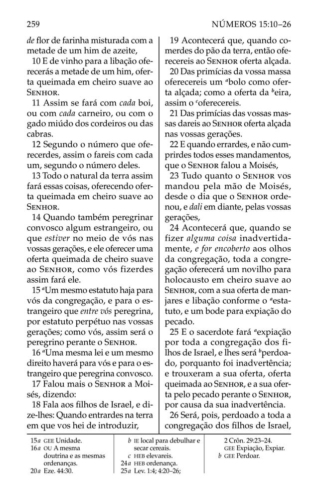 de ﬂor de farinha misturada com a
metade de um him de azeite,
10 E de vinho para a libação ofe-
recerás a metade de um him, ofer-
ta queimada em cheiro suave ao
SENHOR.
11 Assim se fará com cada boi,
ou com cada carneiro, ou com o
gado miúdo dos cordeiros ou das
cabras.
12 Segundo o número que ofe-
recerdes, assim o fareis com cada
um, segundo o número deles.
13 Todo o natural da terra assim
fará essas coisas, oferecendo ofer-
ta queimada em cheiro suave ao
SENHOR.
14 Quando também peregrinar
convosco algum estrangeiro, ou
que estiver no meio de vós nas
vossas gerações, e ele oferecer uma
oferta queimada de cheiro suave
ao SENHOR, como vós fizerdes
assim fará ele.
15 a
Um mesmo estatuto haja para
vós da congregação, e para o es-
trangeiro que entre vós peregrina,
por estatuto perpétuo nas vossas
gerações; como vós, assim será o
peregrino perante o SENHOR.
16 a
Uma mesma lei e um mesmo
direito haverá para vós e para o es-
trangeiro que peregrina convosco.
17 Falou mais o SENHOR a Moi-
sés, dizendo:
18 Fala aos ﬁlhos de Israel, e di-
ze-lhes: Quando entrardes na terra
em que vos hei de introduzir,
19 Acontecerá que, quando co-
merdes do pão da terra, então ofe-
recereis ao SENHOR oferta alçada.
20 Das primícias da vossa massa
oferecereis um a
bolo como ofer-
ta alçada; como a oferta da b
eira,
assim o c
oferecereis.
21 Das primícias das vossas mas-
sas dareis ao SENHOR oferta alçada
nas vossas gerações.
22 E quando errardes, e não cum-
prirdes todos esses mandamentos,
que o SENHOR falou a Moisés,
23 Tudo quanto o SENHOR vos
mandou pela mão de Moisés,
desde o dia que o SENHOR orde-
nou, e dali em diante, pelas vossas
gerações,
24 Acontecerá que, quando se
fizer alguma coisa inadvertida-
mente, e for encoberto aos olhos
da congregação, toda a congre-
gação oferecerá um novilho para
holocausto em cheiro suave ao
SENHOR, com a sua oferta de man-
jares e libação conforme o a
esta-
tuto, e um bode para expiação do
pecado.
25 E o sacerdote fará a
expiação
por toda a congregação dos fi-
lhos de Israel, e lhes será b
perdoa-
do, porquanto foi inadvertência;
e trouxeram a sua oferta, oferta
queimada ao SENHOR, e a sua ofer-
ta pelo pecado perante o SENHOR,
por causa da sua inadvertência.
26 Será, pois, perdoado a toda a
congregação dos ﬁlhos de Israel,
15a GEE Unidade.
16a OU A mesma
doutrina e as mesmas
ordenanças.
20a Eze. 44:30.
b IE local para debulhar e
secar cereais.
c HEB elevareis.
24a HEB ordenança.
25a Lev. 1:4; 4:20–26;
2 Crôn. 29:23–24.
GEE Expiação, Expiar.
b GEE Perdoar.
259 NÚMEROS 15:10–26
 