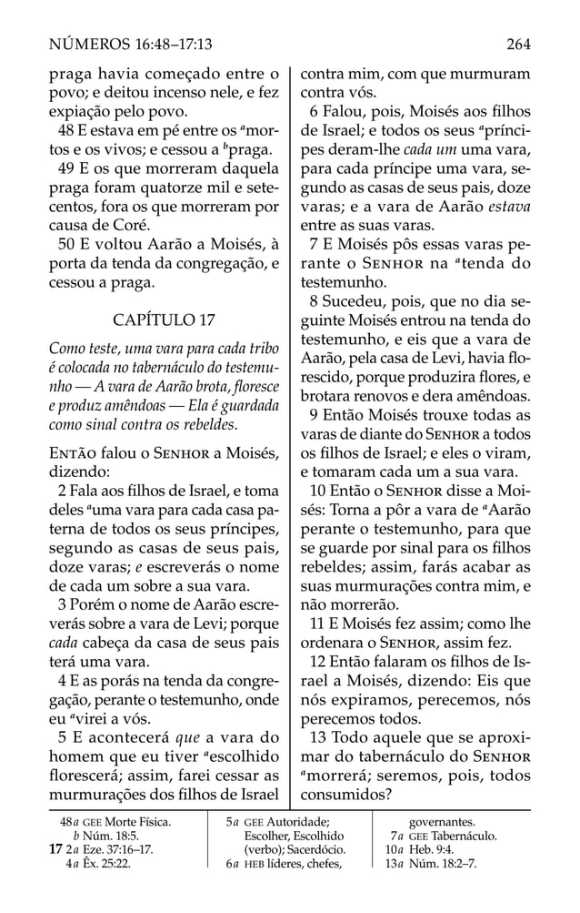 praga havia começado entre o
povo; e deitou incenso nele, e fez
expiação pelo povo.
48 E estava em pé entre os a
mor-
tos e os vivos; e cessou a b
praga.
49 E os que morreram daquela
praga foram quatorze mil e sete-
centos, fora os que morreram por
causa de Coré.
50 E voltou Aarão a Moisés, à
porta da tenda da congregação, e
cessou a praga.
CAPÍTULO 17
Como teste, uma vara para cada tribo
é colocada no tabernáculo do testemu-
nho — A vara de Aarão brota, ﬂoresce
e produz amêndoas — Ela é guardada
como sinal contra os rebeldes.
ENTÃO falou o SENHOR a Moisés,
dizendo:
2 Fala aos ﬁlhos de Israel, e toma
deles a
uma vara para cada casa pa-
terna de todos os seus príncipes,
segundo as casas de seus pais,
doze varas; e escreverás o nome
de cada um sobre a sua vara.
3 Porém o nome de Aarão escre-
verás sobre a vara de Levi; porque
cada cabeça da casa de seus pais
terá uma vara.
4 E as porás na tenda da congre-
gação, perante o testemunho, onde
eu a
virei a vós.
5 E acontecerá que a vara do
homem que eu tiver a
escolhido
ﬂorescerá; assim, farei cessar as
murmurações dos ﬁlhos de Israel
contra mim, com que murmuram
contra vós.
6 Falou, pois, Moisés aos ﬁlhos
de Israel; e todos os seus a
prínci-
pes deram-lhe cada um uma vara,
para cada príncipe uma vara, se-
gundo as casas de seus pais, doze
varas; e a vara de Aarão estava
entre as suas varas.
7 E Moisés pôs essas varas pe-
rante o SENHOR na a
tenda do
testemunho.
8 Sucedeu, pois, que no dia se-
guinte Moisés entrou na tenda do
testemunho, e eis que a vara de
Aarão, pela casa de Levi, havia ﬂo-
rescido, porque produzira ﬂores, e
brotara renovos e dera amêndoas.
9 Então Moisés trouxe todas as
varas de diante do SENHOR a todos
os ﬁlhos de Israel; e eles o viram,
e tomaram cada um a sua vara.
10 Então o SENHOR disse a Moi-
sés: Torna a pôr a vara de a
Aarão
perante o testemunho, para que
se guarde por sinal para os ﬁlhos
rebeldes; assim, farás acabar as
suas murmurações contra mim, e
não morrerão.
11 E Moisés fez assim; como lhe
ordenara o SENHOR, assim fez.
12 Então falaram os ﬁlhos de Is-
rael a Moisés, dizendo: Eis que
nós expiramos, perecemos, nós
perecemos todos.
13 Todo aquele que se aproxi-
mar do tabernáculo do SENHOR
a
morrerá; seremos, pois, todos
consumidos?
48a GEE Morte Física.
b Núm. 18:5.
17 2a Eze. 37:16–17.
4a Êx. 25:22.
5a GEE Autoridade;
Escolher, Escolhido
(verbo); Sacerdócio.
6a HEB líderes, chefes,
governantes.
7a GEE Tabernáculo.
10a Heb. 9:4.
13a Núm. 18:2–7.
264
NÚMEROS 16:48–17:13
 