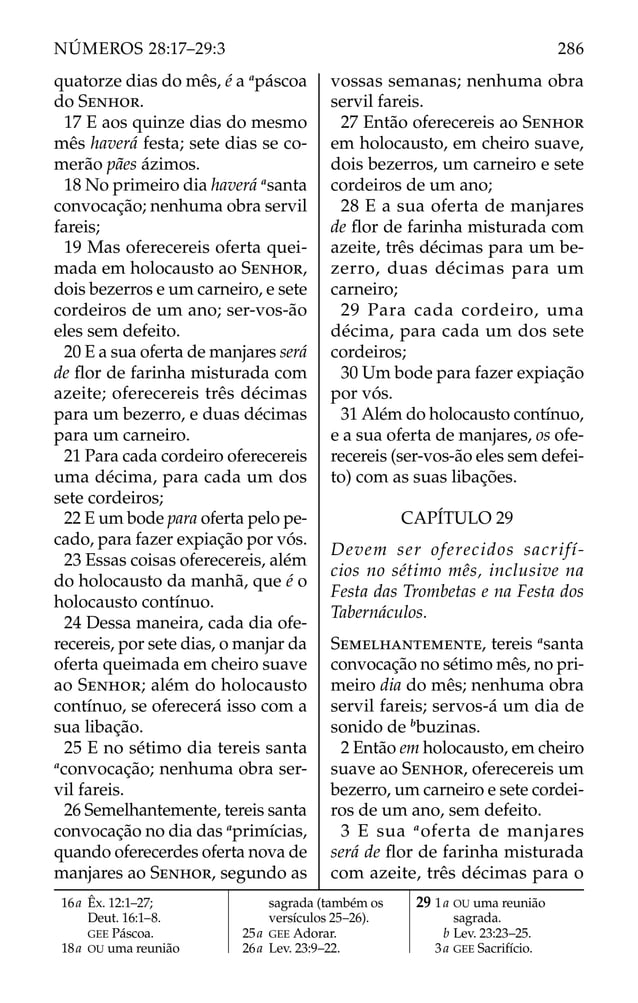 quatorze dias do mês, é a a
páscoa
do SENHOR.
17 E aos quinze dias do mesmo
mês haverá festa; sete dias se co-
merão pães ázimos.
18 No primeiro dia haverá a
santa
convocação; nenhuma obra servil
fareis;
19 Mas oferecereis oferta quei-
mada em holocausto ao SENHOR,
dois bezerros e um carneiro, e sete
cordeiros de um ano; ser-vos-ão
eles sem defeito.
20 E a sua oferta de manjares será
de ﬂor de farinha misturada com
azeite; oferecereis três décimas
para um bezerro, e duas décimas
para um carneiro.
21 Para cada cordeiro oferecereis
uma décima, para cada um dos
sete cordeiros;
22 E um bode para oferta pelo pe-
cado, para fazer expiação por vós.
23 Essas coisas oferecereis, além
do holocausto da manhã, que é o
holocausto contínuo.
24 Dessa maneira, cada dia ofe-
recereis, por sete dias, o manjar da
oferta queimada em cheiro suave
ao SENHOR; além do holocausto
contínuo, se oferecerá isso com a
sua libação.
25 E no sétimo dia tereis santa
a
convocação; nenhuma obra ser-
vil fareis.
26 Semelhantemente, tereis santa
convocação no dia das a
primícias,
quando oferecerdes oferta nova de
manjares ao SENHOR, segundo as
vossas semanas; nenhuma obra
servil fareis.
27 Então oferecereis ao SENHOR
em holocausto, em cheiro suave,
dois bezerros, um carneiro e sete
cordeiros de um ano;
28 E a sua oferta de manjares
de ﬂor de farinha misturada com
azeite, três décimas para um be-
zerro, duas décimas para um
carneiro;
29 Para cada cordeiro, uma
décima, para cada um dos sete
cordeiros;
30 Um bode para fazer expiação
por vós.
31 Além do holocausto contínuo,
e a sua oferta de manjares, os ofe-
recereis (ser-vos-ão eles sem defei-
to) com as suas libações.
CAPÍTULO 29
Devem ser oferecidos sacrifí-
cios no sétimo mês, inclusive na
Festa das Trombetas e na Festa dos
Tabernáculos.
SEMELHANTEMENTE, tereis a
santa
convocação no sétimo mês, no pri-
meiro dia do mês; nenhuma obra
servil fareis; servos-á um dia de
sonido de b
buzinas.
2 Então em holocausto, em cheiro
suave ao SENHOR, oferecereis um
bezerro, um carneiro e sete cordei-
ros de um ano, sem defeito.
3 E sua a
oferta de manjares
será de ﬂor de farinha misturada
com azeite, três décimas para o
16a Êx. 12:1–27;
Deut. 16:1–8.
GEE Páscoa.
18a OU uma reunião
sagrada (também os
versículos 25–26).
25a GEE Adorar.
26a Lev. 23:9–22.
29 1a OU uma reunião
sagrada.
b Lev. 23:23–25.
3a GEE Sacrifício.
286
NÚMEROS 28:17–29:3
 
