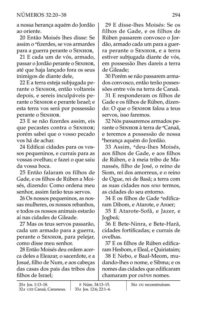 a nossa herança aquém do Jordão
ao oriente.
20 Então Moisés lhes disse: Se
assim o a
ﬁzerdes, se vos armardes
para a guerra perante o SENHOR,
21 E cada um de vós, armado,
passar o Jordão perante o SENHOR,
até que haja lançado fora os seus
inimigos de diante dele,
22 E a terra esteja subjugada pe-
rante o SENHOR, então voltareis
depois, e sereis inculpáveis pe-
rante o SENHOR e perante Israel; e
esta terra vos será por possessão
perante o SENHOR.
23 E se não ﬁzerdes assim, eis
que pecastes contra o SENHOR;
porém sabei que o vosso pecado
vos há de achar.
24 Ediﬁcai cidades para os vos-
sos pequeninos, e currais para as
vossas ovelhas; e fazei o que saiu
da vossa boca.
25 Então falaram os filhos de
Gade, e os ﬁlhos de Rúben a Moi-
sés, dizendo: Como ordena meu
senhor, assim farão teus servos.
26 Os nossos pequeninos, as nos-
sas mulheres, os nossos rebanhos,
e todos os nossos animais estarão
aí nas cidades de Gileade.
27 Mas os teus servos passarão,
cada um armado para a guerra,
perante o SENHOR, para pelejar,
como disse meu senhor.
28 Então Moisés deu ordem acer-
ca deles a Eleazar, o sacerdote, e a
Josué, ﬁlho de Num, e aos cabeças
das casas dos pais das tribos dos
ﬁlhos de Israel;
29 E disse-lhes Moisés: Se os
filhos de Gade, e os filhos de
Rúben passarem convosco o Jor-
dão, armado cada um para a guer-
ra perante o SENHOR, e a terra
estiver subjugada diante de vós,
em possessão lhes dareis a terra
de Gileade;
30 Porém se não passarem arma-
dos convosco, então terão posses-
sões entre vós na terra de Canaã.
31 E responderam os ﬁlhos de
Gade e os ﬁlhos de Rúben, dizen-
do: O que o SENHOR falou a teus
servos, isso faremos.
32 Nós passaremos armados pe-
rante o SENHOR à terra de a
Canaã,
e teremos a possessão de nossa
b
herança aquém do Jordão.
33 Assim, a
deu-lhes Moisés,
aos ﬁlhos de Gade, e aos ﬁlhos
de Rúben, e à meia tribo de Ma-
nassés, ﬁlho de José, o reino de
Siom, rei dos amorreus, e o reino
de Ogue, rei de Basã; a terra com
as suas cidades nos seus termos,
as cidades do seu entorno.
34 E os ﬁlhos de Gade a
ediﬁca-
ram Dibom, e Atarote, e Aroer;
35 E Atarote-Sofã, e Jazer, e
Jogbeá;
36 E Bete-Ninra, e Bete-Harã,
cidades fortiﬁcadas; e currais de
ovelhas.
37 E os ﬁlhos de Rúben ediﬁca-
ram Hesbom, e Eleal, e Quiriataim;
38 E Nebo, e Baal-Meom, mu-
dando-lhes o nome, e Sibma; e os
nomes das cidades que ediﬁcaram
chamaram por outros nomes.
20a Jos. 1:13–18.
32a GEE Canaã, Cananeus.
b Núm. 34:13–15.
33a Jos. 12:6; 22:1–6.
34a OU reconstruíram.
294
NÚMEROS 32:20–38
 