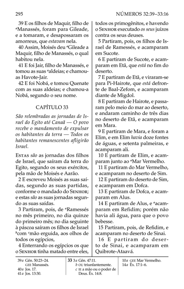 39 E os ﬁlhos de Maquir, ﬁlho de
a
Manassés, foram para Gileade,
e a tomaram, e desapossaram os
amorreus, que estavam nela.
40 Assim, Moisés deu a
Gileade a
Maquir, ﬁlho de Manassés, o qual
habitou nela.
41 E foi Jair, ﬁlho de Manassés, e
tomou as suas a
aldeias; e chamou-
as Havote-Jair.
42 E foi Nobá, e tomou Quenate
com as suas aldeias; e chamou-a
Nobá, segundo o seu nome.
CAPÍTULO 33
São relembradas as jornadas de Is-
rael do Egito até Canaã — O povo
recebe o mandamento de expulsar
os habitantes da terra — Todos os
habitantes remanescentes afligirão
Israel.
ESTAS são as jornadas dos ﬁlhos
de Israel, que saíram da terra do
Egito, segundo os seus exércitos,
pela mão de Moisés e Aarão.
2 E escreveu Moisés as suas saí-
das, segundo as suas partidas,
conforme o mandado do SENHOR;
e estas são as suas jornadas segun-
do as suas saídas.
3 Partiram, pois, de a
Ramessés
no mês primeiro, no dia quinze
do primeiro mês; no dia seguinte
à páscoa saíram os ﬁlhos de Israel
b
com c
mão erguida, aos olhos de
todos os egípcios,
4 Enterrando os egípcios os que
o SENHOR tinha matado entre eles,
todos os primogênitos, e havendo
o SENHOR executado os seus juízos
contra os seus deuses.
5 Partiram, pois, os ﬁlhos de Is-
rael de Ramessés, e acamparam
em Sucote.
6 E partiram de Sucote, e acam-
param em Etã, que está no ﬁm do
deserto.
7 E partiram de Etã, e viraram-se
para Pi-Hairote, que está defron-
te de Baal-Zefom, e acamparam
diante de Migdol.
8 E partiram de Hairote, e passa-
ram pelo meio do mar ao deserto,
e andaram caminho de três dias
no deserto de Etã, e acamparam
em Mara.
9 E partiram de Mara, e foram a
Elim, e em Elim havia doze fontes
de águas, e setenta palmeiras, e
acamparam ali.
10 E partiram de Elim, e acam-
param junto ao a
Mar Vermelho.
11 E partiram do Mar Vermelho,
e acamparam no deserto de Sim.
12 E partiram do deserto de Sim,
e acamparam em Dofca.
13 E partiram de Dofca, e acam-
param em Alus.
14 E partiram de Alus, e a
acam-
param em Refidim; porém não
havia ali água, para que o povo
bebesse.
15 Partiram, pois, de Reﬁdim, e
acamparam no deserto de Sinai.
16 E partiram do deser-
to de Sinai, e acamparam em
Quibrote-Ataavá.
39a Gên. 50:23–24.
GEE Manassés.
40a Jos. 17.
41a Jos. 13:30.
33 3a Gên. 47:11.
b OU triunfantemente.
c IE a mão ou o poder de
Deus. Êx. 14:8.
10a GEE Mar Vermelho.
14a Êx. 17:1–6.
295 NÚMEROS 32:39–33:16
 
