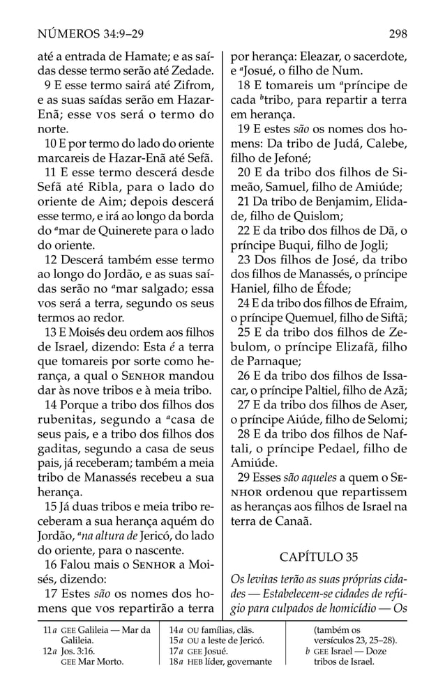 até a entrada de Hamate; e as saí-
das desse termo serão até Zedade.
9 E esse termo sairá até Zifrom,
e as suas saídas serão em Hazar-
Enã; esse vos será o termo do
norte.
10 E por termo do lado do oriente
marcareis de Hazar-Enã até Sefã.
11 E esse termo descerá desde
Sefã até Ribla, para o lado do
oriente de Aim; depois descerá
esse termo, e irá ao longo da borda
do a
mar de Quinerete para o lado
do oriente.
12 Descerá também esse termo
ao longo do Jordão, e as suas saí-
das serão no a
mar salgado; essa
vos será a terra, segundo os seus
termos ao redor.
13 E Moisés deu ordem aos ﬁlhos
de Israel, dizendo: Esta é a terra
que tomareis por sorte como he-
rança, a qual o SENHOR mandou
dar às nove tribos e à meia tribo.
14 Porque a tribo dos ﬁlhos dos
rubenitas, segundo a a
casa de
seus pais, e a tribo dos ﬁlhos dos
gaditas, segundo a casa de seus
pais, já receberam; também a meia
tribo de Manassés recebeu a sua
herança.
15 Já duas tribos e meia tribo re-
ceberam a sua herança aquém do
Jordão, a
na altura de Jericó, do lado
do oriente, para o nascente.
16 Falou mais o SENHOR a Moi-
sés, dizendo:
17 Estes são os nomes dos ho-
mens que vos repartirão a terra
por herança: Eleazar, o sacerdote,
e a
Josué, o ﬁlho de Num.
18 E tomareis um a
príncipe de
cada b
tribo, para repartir a terra
em herança.
19 E estes são os nomes dos ho-
mens: Da tribo de Judá, Calebe,
ﬁlho de Jefoné;
20 E da tribo dos filhos de Si-
meão, Samuel, ﬁlho de Amiúde;
21 Da tribo de Benjamim, Elida-
de, ﬁlho de Quislom;
22 E da tribo dos ﬁlhos de Dã, o
príncipe Buqui, ﬁlho de Jogli;
23 Dos ﬁlhos de José, da tribo
dos ﬁlhos de Manassés, o príncipe
Haniel, ﬁlho de Éfode;
24 E da tribo dos ﬁlhos de Efraim,
o príncipe Quemuel, ﬁlho de Siftã;
25 E da tribo dos ﬁlhos de Ze-
bulom, o príncipe Elizafã, ﬁlho
de Parnaque;
26 E da tribo dos ﬁlhos de Issa-
car, o príncipe Paltiel, ﬁlho de Azã;
27 E da tribo dos ﬁlhos de Aser,
o príncipe Aiúde, ﬁlho de Selomi;
28 E da tribo dos ﬁlhos de Naf-
tali, o príncipe Pedael, filho de
Amiúde.
29 Esses são aqueles a quem o SE-
NHOR ordenou que repartissem
as heranças aos ﬁlhos de Israel na
terra de Canaã.
CAPÍTULO 35
Os levitas terão as suas próprias cida-
des — Estabelecem-se cidades de refú-
gio para culpados de homicídio — Os
11a GEE Galileia — Mar da
Galileia.
12a Jos. 3:16.
GEE Mar Morto.
14a OU famílias, clãs.
15a OU a leste de Jericó.
17a GEE Josué.
18a HEB líder, governante
(também os
versículos 23, 25–28).
b GEE Israel — Doze
tribos de Israel.
298
NÚMEROS 34:9–29
 