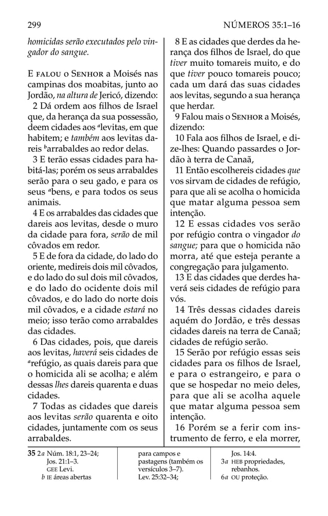 homicidas serão executados pelo vin-
gador do sangue.
E FALOU o SENHOR a Moisés nas
campinas dos moabitas, junto ao
Jordão, na altura de Jericó, dizendo:
2 Dá ordem aos ﬁlhos de Israel
que, da herança da sua possessão,
deem cidades aos a
levitas, em que
habitem; e também aos levitas da-
reis b
arrabaldes ao redor delas.
3 E terão essas cidades para ha-
bitá-las; porém os seus arrabaldes
serão para o seu gado, e para os
seus a
bens, e para todos os seus
animais.
4 E os arrabaldes das cidades que
dareis aos levitas, desde o muro
da cidade para fora, serão de mil
côvados em redor.
5 E de fora da cidade, do lado do
oriente, medireis dois mil côvados,
e do lado do sul dois mil côvados,
e do lado do ocidente dois mil
côvados, e do lado do norte dois
mil côvados, e a cidade estará no
meio; isso terão como arrabaldes
das cidades.
6 Das cidades, pois, que dareis
aos levitas, haverá seis cidades de
a
refúgio, as quais dareis para que
o homicida ali se acolha; e além
dessas lhes dareis quarenta e duas
cidades.
7 Todas as cidades que dareis
aos levitas serão quarenta e oito
cidades, juntamente com os seus
arrabaldes.
8 E as cidades que derdes da he-
rança dos ﬁlhos de Israel, do que
tiver muito tomareis muito, e do
que tiver pouco tomareis pouco;
cada um dará das suas cidades
aos levitas, segundo a sua herança
que herdar.
9 Falou mais o SENHOR a Moisés,
dizendo:
10 Fala aos ﬁlhos de Israel, e di-
ze-lhes: Quando passardes o Jor-
dão à terra de Canaã,
11 Então escolhereis cidades que
vos sirvam de cidades de refúgio,
para que ali se acolha o homicida
que matar alguma pessoa sem
intenção.
12 E essas cidades vos serão
por refúgio contra o vingador do
sangue; para que o homicida não
morra, até que esteja perante a
congregação para julgamento.
13 E das cidades que derdes ha-
verá seis cidades de refúgio para
vós.
14 Três dessas cidades dareis
aquém do Jordão, e três dessas
cidades dareis na terra de Canaã;
cidades de refúgio serão.
15 Serão por refúgio essas seis
cidades para os ﬁlhos de Israel,
e para o estrangeiro, e para o
que se hospedar no meio deles,
para que ali se acolha aquele
que matar alguma pessoa sem
intenção.
16 Porém se a ferir com ins-
trumento de ferro, e ela morrer,
35 2a Núm. 18:1, 23–24;
Jos. 21:1–3.
GEE Levi.
b IE áreas abertas
para campos e
pastagens (também os
versículos 3–7).
Lev. 25:32–34;
Jos. 14:4.
3a HEB propriedades,
rebanhos.
6a OU proteção.
299 NÚMEROS 35:1–16
 