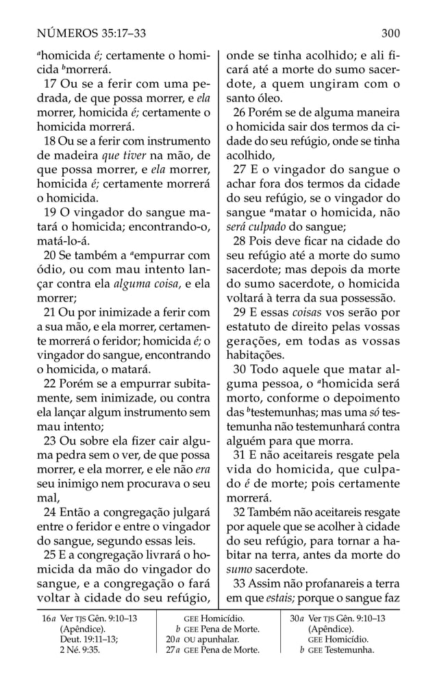 a
homicida é; certamente o homi-
cida b
morrerá.
17 Ou se a ferir com uma pe-
drada, de que possa morrer, e ela
morrer, homicida é; certamente o
homicida morrerá.
18 Ou se a ferir com instrumento
de madeira que tiver na mão, de
que possa morrer, e ela morrer,
homicida é; certamente morrerá
o homicida.
19 O vingador do sangue ma-
tará o homicida; encontrando-o,
matá-lo-á.
20 Se também a a
empurrar com
ódio, ou com mau intento lan-
çar contra ela alguma coisa, e ela
morrer;
21 Ou por inimizade a ferir com
a sua mão, e ela morrer, certamen-
te morrerá o feridor; homicida é; o
vingador do sangue, encontrando
o homicida, o matará.
22 Porém se a empurrar subita-
mente, sem inimizade, ou contra
ela lançar algum instrumento sem
mau intento;
23 Ou sobre ela ﬁzer cair algu-
ma pedra sem o ver, de que possa
morrer, e ela morrer, e ele não era
seu inimigo nem procurava o seu
mal,
24 Então a congregação julgará
entre o feridor e entre o vingador
do sangue, segundo essas leis.
25 E a congregação livrará o ho-
micida da mão do vingador do
sangue, e a congregação o fará
voltar à cidade do seu refúgio,
onde se tinha acolhido; e ali ﬁ-
cará até a morte do sumo sacer-
dote, a quem ungiram com o
santo óleo.
26 Porém se de alguma maneira
o homicida sair dos termos da ci-
dade do seu refúgio, onde se tinha
acolhido,
27 E o vingador do sangue o
achar fora dos termos da cidade
do seu refúgio, se o vingador do
sangue a
matar o homicida, não
será culpado do sangue;
28 Pois deve ﬁcar na cidade do
seu refúgio até a morte do sumo
sacerdote; mas depois da morte
do sumo sacerdote, o homicida
voltará à terra da sua possessão.
29 E essas coisas vos serão por
estatuto de direito pelas vossas
gerações, em todas as vossas
habitações.
30 Todo aquele que matar al-
guma pessoa, o a
homicida será
morto, conforme o depoimento
das b
testemunhas; mas uma só tes-
temunha não testemunhará contra
alguém para que morra.
31 E não aceitareis resgate pela
vida do homicida, que culpa-
do é de morte; pois certamente
morrerá.
32 Também não aceitareis resgate
por aquele que se acolher à cidade
do seu refúgio, para tornar a ha-
bitar na terra, antes da morte do
sumo sacerdote.
33 Assim não profanareis a terra
em que estais; porque o sangue faz
16a Ver TJS Gên. 9:10–13
(Apêndice).
Deut. 19:11–13;
2 Né. 9:35.
GEE Homicídio.
b GEE Pena de Morte.
20a OU apunhalar.
27a GEE Pena de Morte.
30a Ver TJS Gên. 9:10–13
(Apêndice).
GEE Homicídio.
b GEE Testemunha.
300
NÚMEROS 35:17–33
 