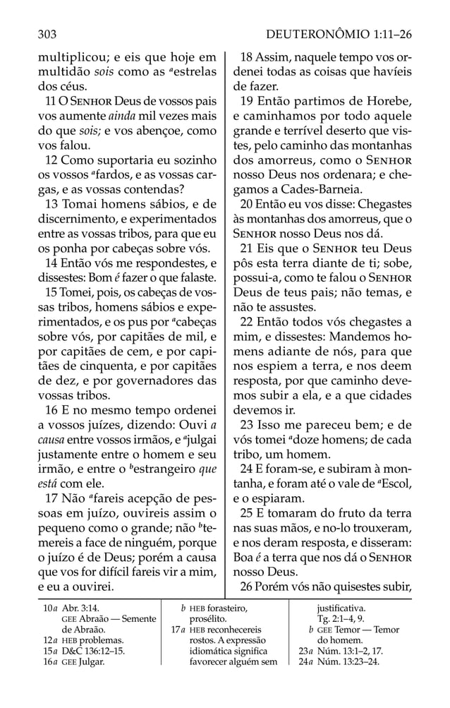 10a Abr. 3:14.
GEE Abraão — Semente
de Abraão.
12a HEB problemas.
15a D&C 136:12–15.
16a GEE Julgar.
b HEB forasteiro,
prosélito.
17a HEB reconhecereis
rostos. A expressão
idiomática signiﬁca
favorecer alguém sem
justiﬁcativa.
Tg. 2:1–4, 9.
b GEE Temor — Temor
do homem.
23a Núm. 13:1–2, 17.
24a Núm. 13:23–24.
multiplicou; e eis que hoje em
multidão sois como as a
estrelas
dos céus.
11 O SENHOR Deus de vossos pais
vos aumente ainda mil vezes mais
do que sois; e vos abençoe, como
vos falou.
12 Como suportaria eu sozinho
os vossos a
fardos, e as vossas car-
gas, e as vossas contendas?
13 Tomai homens sábios, e de
discernimento, e experimentados
entre as vossas tribos, para que eu
os ponha por cabeças sobre vós.
14 Então vós me respondestes, e
dissestes: Bom é fazer o que falaste.
15 Tomei, pois, os cabeças de vos-
sas tribos, homens sábios e expe-
rimentados, e os pus por a
cabeças
sobre vós, por capitães de mil, e
por capitães de cem, e por capi-
tães de cinquenta, e por capitães
de dez, e por governadores das
vossas tribos.
16 E no mesmo tempo ordenei
a vossos juízes, dizendo: Ouvi a
causa entre vossos irmãos, e a
julgai
justamente entre o homem e seu
irmão, e entre o b
estrangeiro que
está com ele.
17 Não a
fareis acepção de pes-
soas em juízo, ouvireis assim o
pequeno como o grande; não b
te-
mereis a face de ninguém, porque
o juízo é de Deus; porém a causa
que vos for difícil fareis vir a mim,
e eu a ouvirei.
18 Assim, naquele tempo vos or-
denei todas as coisas que havíeis
de fazer.
19 Então partimos de Horebe,
e caminhamos por todo aquele
grande e terrível deserto que vis-
tes, pelo caminho das montanhas
dos amorreus, como o SENHOR
nosso Deus nos ordenara; e che-
gamos a Cades-Barneia.
20 Então eu vos disse: Chegastes
às montanhas dos amorreus, que o
SENHOR nosso Deus nos dá.
21 Eis que o SENHOR teu Deus
pôs esta terra diante de ti; sobe,
possui-a, como te falou o SENHOR
Deus de teus pais; não temas, e
não te assustes.
22 Então todos vós chegastes a
mim, e dissestes: Mandemos ho-
mens adiante de nós, para que
nos espiem a terra, e nos deem
resposta, por que caminho deve-
mos subir a ela, e a que cidades
devemos ir.
23 Isso me pareceu bem; e de
vós tomei a
doze homens; de cada
tribo, um homem.
24 E foram-se, e subiram à mon-
tanha, e foram até o vale de a
Escol,
e o espiaram.
25 E tomaram do fruto da terra
nas suas mãos, e no-lo trouxeram,
e nos deram resposta, e disseram:
Boa é a terra que nos dá o SENHOR
nosso Deus.
26 Porém vós não quisestes subir,
303 DEUTERONÔMIO 1:11–26
 