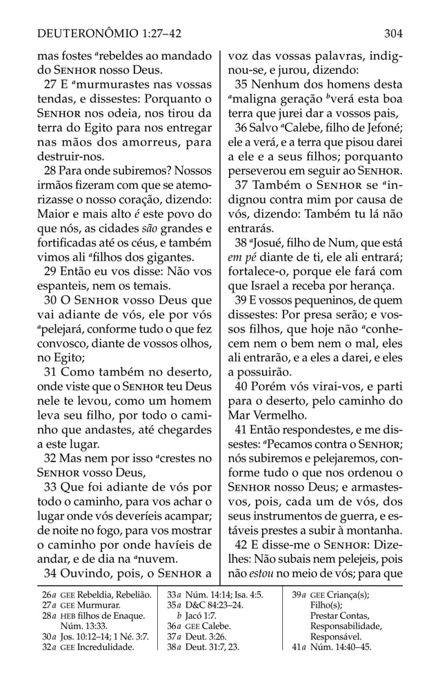 mas fostes a
rebeldes ao mandado
do SENHOR nosso Deus.
27 E a
murmurastes nas vossas
tendas, e dissestes: Porquanto o
SENHOR nos odeia, nos tirou da
terra do Egito para nos entregar
nas mãos dos amorreus, para
destruir-nos.
28 Para onde subiremos? Nossos
irmãos ﬁzeram com que se atemo-
rizasse o nosso coração, dizendo:
Maior e mais alto é este povo do
que nós, as cidades são grandes e
fortiﬁcadas até os céus, e também
vimos ali a
ﬁlhos dos gigantes.
29 Então eu vos disse: Não vos
espanteis, nem os temais.
30 O SENHOR vosso Deus que
vai adiante de vós, ele por vós
a
pelejará, conforme tudo o que fez
convosco, diante de vossos olhos,
no Egito;
31 Como também no deserto,
onde viste que o SENHOR teu Deus
nele te levou, como um homem
leva seu ﬁlho, por todo o cami-
nho que andastes, até chegardes
a este lugar.
32 Mas nem por isso a
crestes no
SENHOR vosso Deus,
33 Que foi adiante de vós por
todo o caminho, para vos achar o
lugar onde vós deveríeis acampar;
de noite no fogo, para vos mostrar
o caminho por onde havíeis de
andar, e de dia na a
nuvem.
34 Ouvindo, pois, o SENHOR a
voz das vossas palavras, indig-
nou-se, e jurou, dizendo:
35 Nenhum dos homens desta
a
maligna geração b
verá esta boa
terra que jurei dar a vossos pais,
36 Salvo a
Calebe, ﬁlho de Jefoné;
ele a verá, e a terra que pisou darei
a ele e a seus ﬁlhos; porquanto
perseverou em seguir ao SENHOR.
37 Também o SENHOR se a
in-
dignou contra mim por causa de
vós, dizendo: Também tu lá não
entrarás.
38 a
Josué, ﬁlho de Num, que está
em pé diante de ti, ele ali entrará;
fortalece-o, porque ele fará com
que Israel a receba por herança.
39 E vossos pequeninos, de quem
dissestes: Por presa serão; e vos-
sos ﬁlhos, que hoje não a
conhe-
cem nem o bem nem o mal, eles
ali entrarão, e a eles a darei, e eles
a possuirão.
40 Porém vós virai-vos, e parti
para o deserto, pelo caminho do
Mar Vermelho.
41 Então respondestes, e me dis-
sestes: a
Pecamos contra o SENHOR;
nós subiremos e pelejaremos, con-
forme tudo o que nos ordenou o
SENHOR nosso Deus; e armastes-
vos, pois, cada um de vós, dos
seus instrumentos de guerra, e es-
táveis prestes a subir à montanha.
42 E disse-me o SENHOR: Dize-
lhes: Não subais nem pelejeis, pois
não estou no meio de vós; para que
26a GEE Rebeldia, Rebelião.
27a GEE Murmurar.
28a HEB ﬁlhos de Enaque.
Núm. 13:33.
30a Jos. 10:12–14; 1 Né. 3:7.
32a GEE Incredulidade.
33a Núm. 14:14; Isa. 4:5.
35a D&C 84:23–24.
b Jacó 1:7.
36a GEE Calebe.
37a Deut. 3:26.
38a Deut. 31:7, 23.
39a GEE Criança(s);
Filho(s);
Prestar Contas,
Responsabilidade,
Responsável.
41a Núm. 14:40–45.
304
DEUTERONÔMIO 1:27–42
 