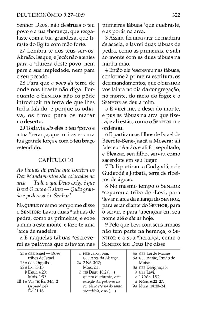 Senhor DEUS, não destruas o teu
povo e a tua a
herança, que resga-
taste com a tua grandeza, que ti-
raste do Egito com mão forte.
27 Lembra-te dos teus servos,
Abraão, Isaque, e Jacó; não atentes
para a a
dureza deste povo, nem
para a sua impiedade, nem para
o seu pecado;
28 Para que o povo da terra de
onde nos tiraste não diga: Por-
quanto o SENHOR não os pôde
introduzir na terra de que lhes
tinha falado, e porque os odia-
va, os tirou para os matar
no deserto;
29 Todavia são eles o teu a
povo e
a tua b
herança, que tu tiraste com a
tua grande força e com o teu braço
estendido.
CAPÍTULO 10
As tábuas de pedra que contêm os
Dez Mandamentos são colocadas na
arca — Tudo o que Deus exige é que
Israel O ame e O sirva — Quão gran-
de e poderoso é o Senhor!
NAQUELE mesmo tempo me disse
o SENHOR: Lavra duas a
tábuas de
pedra, como as primeiras, e sobe
a mim a este monte, e faze-te uma
b
arca de madeira:
2 E naquelas tábuas a
escreve-
rei as palavras que estavam nas
primeiras tábuas b
que quebraste,
e as porás na arca.
3 Assim, ﬁz uma arca de madeira
de acácia, e lavrei duas tábuas de
pedra, como as primeiras; e subi
ao monte com as duas tábuas na
minha mão.
4 Então ele a
escreveu nas tábuas,
conforme à primeira escritura, os
dez mandamentos, que o SENHOR
vos falara no dia da congregação,
no monte, do meio do fogo; e o
SENHOR as deu a mim.
5 E virei-me, e desci do monte,
e pus as tábuas na arca que ﬁze-
ra; e ali estão, como o SENHOR me
ordenou.
6 E partiram os ﬁlhos de Israel de
Beerote-Bene-Jaacã a Moserá; ali
faleceu a
Aarão, e ali foi sepultado,
e Eleazar, seu ﬁlho, serviu como
sacerdote em seu lugar.
7 Dali partiram a Gudgodá, e de
Gudgodá a Jotbatá, terra de ribei-
ros de águas.
8 No mesmo tempo o SENHOR
a
separou a tribo de b
Levi, para
c
levar a arca da aliança do SENHOR,
para estar diante do SENHOR, para
o servir, e para d
abençoar em seu
nome até o dia de hoje.
9 Pelo que Levi com seus irmãos
não tem parte na herança; o SE-
NHOR é a sua a
herança, como o
SENHOR teu Deus lhe disse.
26a GEE Israel — Doze
tribos de Israel.
27a GEE Orgulho.
29a Êx. 33:13.
b Deut. 4:20;
Mois. 1:39.
10 1a Ver TJS Êx. 34:1–2
(Apêndice).
Êx. 31:18.
b HEB caixa, baú.
GEE Arca da Aliança.
2a 2 Né. 3:17;
Mois. 2:1.
b TJS Deut. 10:2 (. . .)
que tu quebraste, com
exceção das palavras do
convênio eterno do santo
sacerdócio, e as (. . .)
4a GEE Lei de Moisés.
6a GEE Aarão, Irmão de
Moisés.
8a GEE Designação.
b GEE Levi.
c 1 Crôn. 15:2.
d Núm. 6:22–27.
9a Núm. 18:20–24.
322
DEUTERONÔMIO 9:27–10:9
 