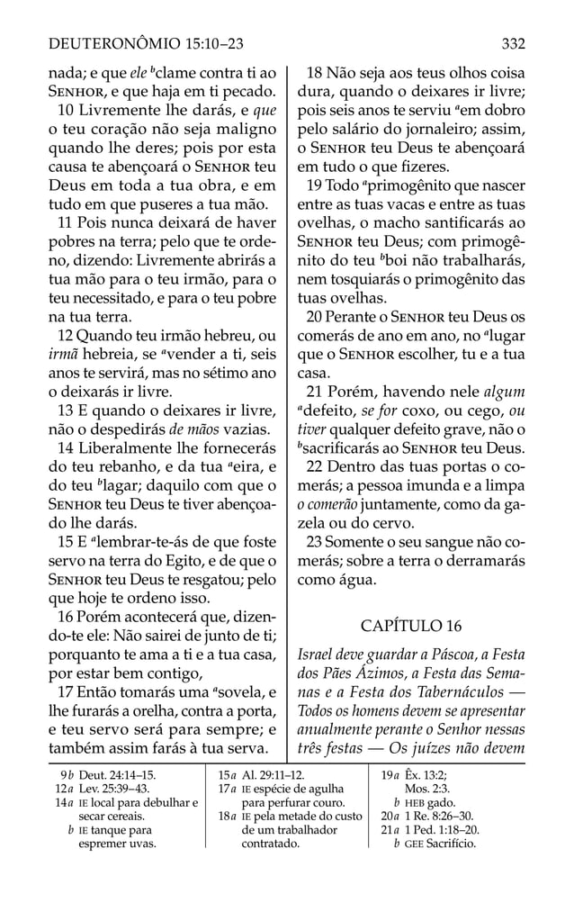 nada; e que ele b
clame contra ti ao
SENHOR, e que haja em ti pecado.
10 Livremente lhe darás, e que
o teu coração não seja maligno
quando lhe deres; pois por esta
causa te abençoará o SENHOR teu
Deus em toda a tua obra, e em
tudo em que puseres a tua mão.
11 Pois nunca deixará de haver
pobres na terra; pelo que te orde-
no, dizendo: Livremente abrirás a
tua mão para o teu irmão, para o
teu necessitado, e para o teu pobre
na tua terra.
12 Quando teu irmão hebreu, ou
irmã hebreia, se a
vender a ti, seis
anos te servirá, mas no sétimo ano
o deixarás ir livre.
13 E quando o deixares ir livre,
não o despedirás de mãos vazias.
14 Liberalmente lhe fornecerás
do teu rebanho, e da tua a
eira, e
do teu b
lagar; daquilo com que o
SENHOR teu Deus te tiver abençoa-
do lhe darás.
15 E a
lembrar-te-ás de que foste
servo na terra do Egito, e de que o
SENHOR teu Deus te resgatou; pelo
que hoje te ordeno isso.
16 Porém acontecerá que, dizen-
do-te ele: Não sairei de junto de ti;
porquanto te ama a ti e a tua casa,
por estar bem contigo,
17 Então tomarás uma a
sovela, e
lhe furarás a orelha, contra a porta,
e teu servo será para sempre; e
também assim farás à tua serva.
18 Não seja aos teus olhos coisa
dura, quando o deixares ir livre;
pois seis anos te serviu a
em dobro
pelo salário do jornaleiro; assim,
o SENHOR teu Deus te abençoará
em tudo o que ﬁzeres.
19 Todo a
primogênito que nascer
entre as tuas vacas e entre as tuas
ovelhas, o macho santiﬁcarás ao
SENHOR teu Deus; com primogê-
nito do teu b
boi não trabalharás,
nem tosquiarás o primogênito das
tuas ovelhas.
20 Perante o SENHOR teu Deus os
comerás de ano em ano, no a
lugar
que o SENHOR escolher, tu e a tua
casa.
21 Porém, havendo nele algum
a
defeito, se for coxo, ou cego, ou
tiver qualquer defeito grave, não o
b
sacriﬁcarás ao SENHOR teu Deus.
22 Dentro das tuas portas o co-
merás; a pessoa imunda e a limpa
o comerão juntamente, como da ga-
zela ou do cervo.
23 Somente o seu sangue não co-
merás; sobre a terra o derramarás
como água.
CAPÍTULO 16
Israel deve guardar a Páscoa, a Festa
dos Pães Ázimos, a Festa das Sema-
nas e a Festa dos Tabernáculos —
Todos os homens devem se apresentar
anualmente perante o Senhor nessas
três festas — Os juízes não devem
9b Deut. 24:14–15.
12a Lev. 25:39–43.
14a IE local para debulhar e
secar cereais.
b IE tanque para
espremer uvas.
15a Al. 29:11–12.
17a IE espécie de agulha
para perfurar couro.
18a IE pela metade do custo
de um trabalhador
contratado.
19a Êx. 13:2;
Mos. 2:3.
b HEB gado.
20a 1 Re. 8:26–30.
21a 1 Ped. 1:18–20.
b GEE Sacrifício.
332
DEUTERONÔMIO 15:10–23
 
