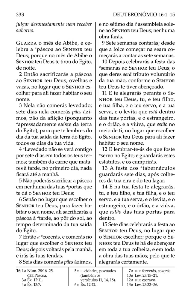 julgar desonestamente nem receber
suborno.
GUARDA o mês de Abibe, e ce-
lebra a a
páscoa ao SENHOR teu
Deus; porque no mês de Abibe o
SENHOR teu Deus te tirou do Egito,
de noite.
2 Então sacrificarás a páscoa
ao SENHOR teu Deus, ovelhas e
vacas, no lugar que o SENHOR es-
colher para ali fazer habitar o seu
nome.
3 Nela não comerás levedado;
sete dias nela comerás pães ázi-
mos, pão da aﬂição (porquanto
a
apressadamente saíste da terra
do Egito), para que te lembres do
dia da tua saída da terra do Egito,
todos os dias da tua vida.
4 a
Levedado não se verá contigo
por sete dias em todos os teus ter-
mos; também da carne que mata-
res à tarde, no primeiro dia, nada
ﬁcará até a manhã.
5 Não poderás sacriﬁcar a páscoa
em nenhuma das tuas a
portas que
te dá o SENHOR teu Deus;
6 Senão no lugar que escolher o
SENHOR teu Deus, para fazer ha-
bitar o seu nome, ali sacriﬁcarás a
páscoa à a
tarde, ao pôr do sol, ao
tempo determinado da tua saída
do Egito.
7 Então a a
cozerás, e comerás no
lugar que escolher o SENHOR teu
Deus; depois voltarás pela manhã,
e irás às tuas tendas.
8 Seis dias comerás pães ázimos,
e no sétimo dia é assembleia sole-
ne ao SENHOR teu Deus; nenhuma
obra farás.
9 Sete semanas contarás; desde
que a foice começar na seara co-
meçarás a contar as sete semanas.
10 Depois celebrarás a festa das
a
semanas ao SENHOR teu Deus; o
que deres será tributo voluntário
da tua mão, conforme o SENHOR
teu Deus te tiver abençoado.
11 E te alegrarás perante o SE-
NHOR teu Deus, tu, e teu filho,
e tua ﬁlha, e o teu servo, e a tua
serva, e o levita que está dentro
das tuas portas, e o estrangeiro,
e o órfão, e a viúva, que estão no
meio de ti, no lugar que escolher
o SENHOR teu Deus para ali fazer
habitar o seu nome.
12 E lembrar-te-ás de que foste
a
servo no Egito; e guardarás estes
estatutos, e os cumprirás.
13 A festa dos a
tabernáculos
guardarás sete dias, após colhe-
res da tua eira e do teu lagar.
14 E na tua festa te alegrarás,
tu, e teu ﬁlho, e tua ﬁlha, e o teu
servo, e a tua serva, e o levita, e o
estrangeiro, e o órfão, e a viúva,
que estão das tuas portas para
dentro.
15 Sete dias celebrarás a festa ao
SENHOR teu Deus, no lugar que
o SENHOR escolher; porque o SE-
NHOR teu Deus te há de abençoar
em toda a tua colheita, e em toda
a obra das tuas mãos; pelo que te
alegrarás certamente.
16 1a Núm. 28:16–25.
GEE Páscoa.
3a Êx. 12:11.
4a Êx. 13:7.
5a IE cidades, povoados
(também os
versículos 11, 14, 18).
6a Êx. 12:42.
7a HEB ferverás, cozerás.
10a Lev. 23:15–21.
12a HEB escravo.
13a Lev. 23:33–36.
333 DEUTERONÔMIO 16:1–15
 