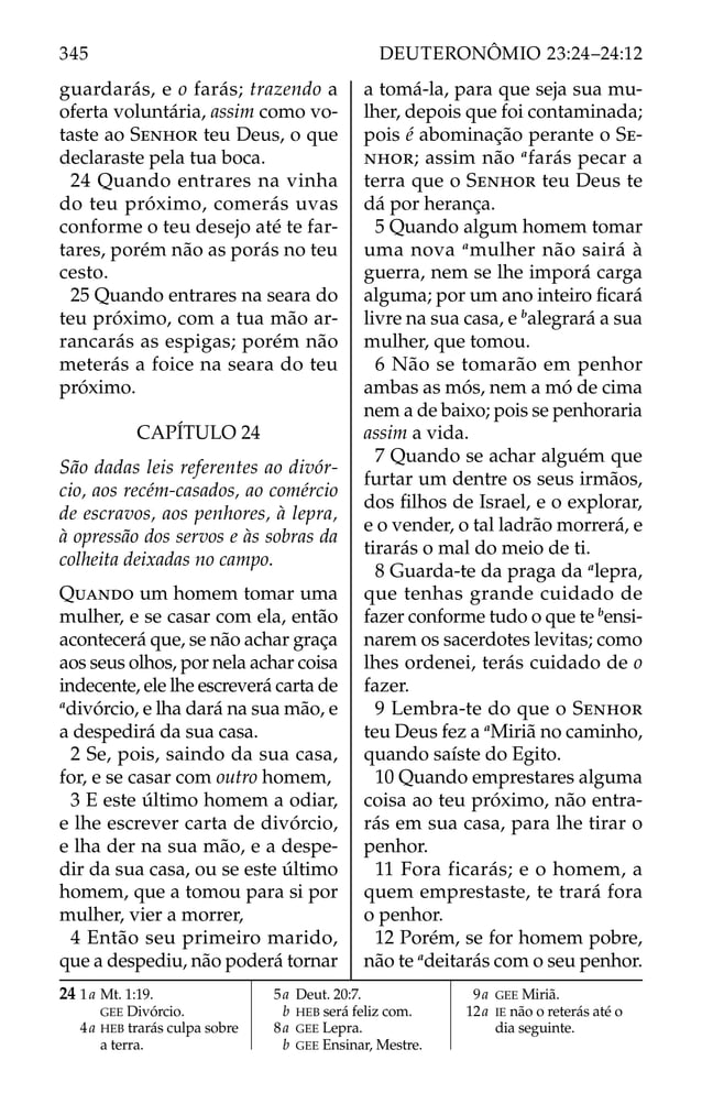 guardarás, e o farás; trazendo a
oferta voluntária, assim como vo-
taste ao SENHOR teu Deus, o que
declaraste pela tua boca.
24 Quando entrares na vinha
do teu próximo, comerás uvas
conforme o teu desejo até te far-
tares, porém não as porás no teu
cesto.
25 Quando entrares na seara do
teu próximo, com a tua mão ar-
rancarás as espigas; porém não
meterás a foice na seara do teu
próximo.
CAPÍTULO 24
São dadas leis referentes ao divór-
cio, aos recém-casados, ao comércio
de escravos, aos penhores, à lepra,
à opressão dos servos e às sobras da
colheita deixadas no campo.
QUANDO um homem tomar uma
mulher, e se casar com ela, então
acontecerá que, se não achar graça
aos seus olhos, por nela achar coisa
indecente, ele lhe escreverá carta de
a
divórcio, e lha dará na sua mão, e
a despedirá da sua casa.
2 Se, pois, saindo da sua casa,
for, e se casar com outro homem,
3 E este último homem a odiar,
e lhe escrever carta de divórcio,
e lha der na sua mão, e a despe-
dir da sua casa, ou se este último
homem, que a tomou para si por
mulher, vier a morrer,
4 Então seu primeiro marido,
que a despediu, não poderá tornar
a tomá-la, para que seja sua mu-
lher, depois que foi contaminada;
pois é abominação perante o SE-
NHOR; assim não a
farás pecar a
terra que o SENHOR teu Deus te
dá por herança.
5 Quando algum homem tomar
uma nova a
mulher não sairá à
guerra, nem se lhe imporá carga
alguma; por um ano inteiro ﬁcará
livre na sua casa, e b
alegrará a sua
mulher, que tomou.
6 Não se tomarão em penhor
ambas as mós, nem a mó de cima
nem a de baixo; pois se penhoraria
assim a vida.
7 Quando se achar alguém que
furtar um dentre os seus irmãos,
dos ﬁlhos de Israel, e o explorar,
e o vender, o tal ladrão morrerá, e
tirarás o mal do meio de ti.
8 Guarda-te da praga da a
lepra,
que tenhas grande cuidado de
fazer conforme tudo o que te b
ensi-
narem os sacerdotes levitas; como
lhes ordenei, terás cuidado de o
fazer.
9 Lembra-te do que o SENHOR
teu Deus fez a a
Miriã no caminho,
quando saíste do Egito.
10 Quando emprestares alguma
coisa ao teu próximo, não entra-
rás em sua casa, para lhe tirar o
penhor.
11 Fora ficarás; e o homem, a
quem emprestaste, te trará fora
o penhor.
12 Porém, se for homem pobre,
não te a
deitarás com o seu penhor.
24 1a Mt. 1:19.
GEE Divórcio.
4a HEB trarás culpa sobre
a terra.
5a Deut. 20:7.
b HEB será feliz com.
8a GEE Lepra.
b GEE Ensinar, Mestre.
9a GEE Miriã.
12a IE não o reterás até o
dia seguinte.
345 DEUTERONÔMIO 23:24–24:12
 